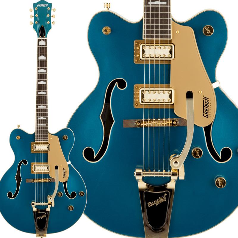 ■商品紹介クリーンでエレガント、そしてパワフルな限定モデルLimited Edition G5422TG Electromatic Pristine Hollow Body Double-Cut with Bigsby は、妥協のないグレッチギターのパワーと真に迫るサウンドをまばゆいスタイルでお届けします。メタリックフィニッシュのトップ、深みのあるステインボディ＆ネックのツートーンフィニッシュ、ゴールドハードウェア、クリームインサートが施されたFT-5E Filter'Tronピックアップなど、洗練されたシンプルな華やかさで、すべての人の注目の的になること間違いなしです。受注生産限定モデルです。主な特徴洗練されたアーチ構造と、フィードバックを抑制するトレッスルブロックブレーシングを備えた、ヴィンテージギターにインスパイアされた外観のボディを採用22本のミディアムジャンボフレット、パーロイドHump Blockインレイを採用した、12インチラジアスローレル指板の薄めのクラシックCシェイプマホガニーネッククリームインサートが施されたFT-5E Filter'Tronピックアップトレブルブリード回路付きマスターボリューム、マスタートーン、各ピックアップのボリュームコントロール、3ポジションピックアップセレクタースイッチBigsby B60ヴィブラートテイルピースAdjusto-MaticブリッジゴールドハードウェアPetrol、White Goldの2色展開※画像はサンプルです。製品の特性上、杢目、色合いは個体ごとに異なります。■仕様詳細Body Material: SapeleBody Finish: GlossNeck: Okoume， Classic CNeck Finish: GlossFingerboard: Laurel， 12.6 (320 mm)Frets: 22， Medium JumboPosition Inlays: Pearloid Hump Block (Laurel)Nut (Material/Width): Graph Tech NuBone， 1.6875 (42.86 mm)Tuning Machines: Vintage-Style Open-BackScale Length: 24.6 (625 mm)Bridge: Adjusto-MaticPickguard: Gold PlexiPickups: FT-5E Filter’Tron (Bridge)， (Middle)， FT-5E Filter’Tron (Neck)Pickup Switching: 3-Position Toggle: Position 1. Bridge， Position 2. Bridge and Neck， Position 3. NeckControls: Volume 1. (Neck Pickup)， Volume 2. (Bridge Pickup)， Master Volume with Treble Bleed， Master ToneControl Knobs: GoldHardware Finish: GoldStrings: Nickel Plated Steel (.011-.049 Gauges)ソフトケース付属検索キーワード：イケベカテゴリ_エレキギター_フルアコ_GRETSCH_Electromatic_新品 SW_GRETSCH_新品 JAN:0197955147673 登録日:2026/06/20 エレキギター グレッチ エレクトロマチック エレクトロマティック エレマチ