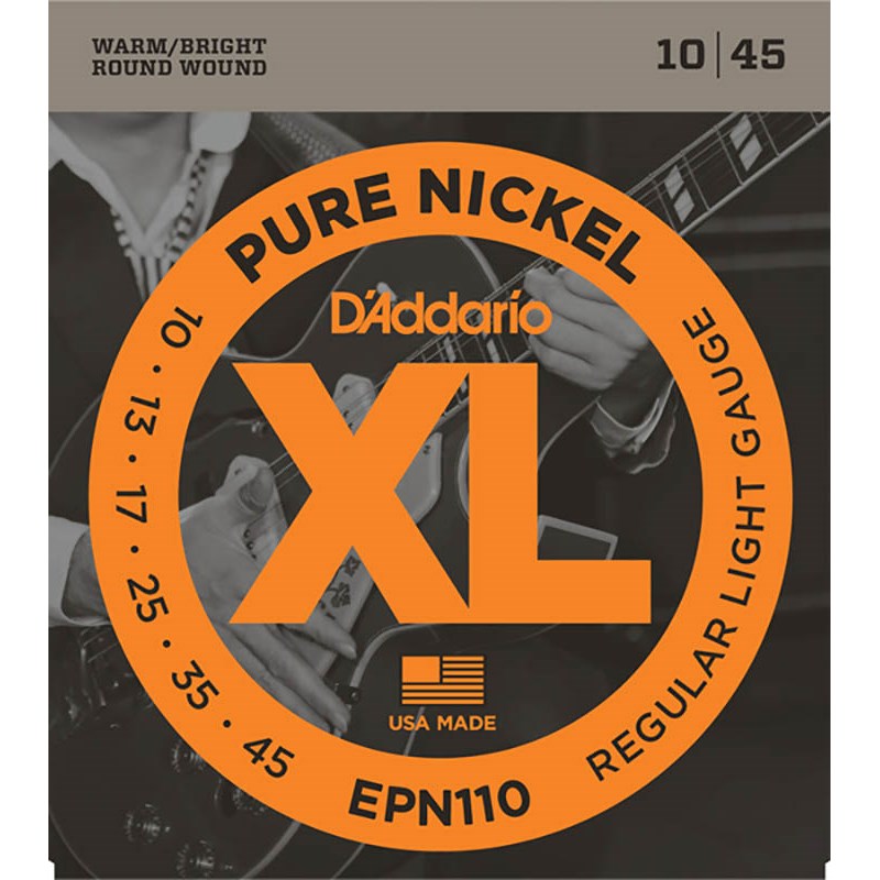 ■商品紹介XL PURE NICKELエレキ弦の発祥はニッケルメッキ加工弦が開発される以前の1950年代に遡ります。 その当時、ピュアニッケルといえば主に合金が使用されていました。 ピュアニッケル弦は温かみのあるビンテージサウンドが最大の特徴となっています。■仕様詳細EPN110 Regular Light1st:0.0102nd:0.0133rd:0.0174th:0.0255th:0.0356th:0.045検索キーワード：イケベカテゴリ_楽器アクセサリ_弦_エレキギター弦_D’Addario_新品 SW_D’Addario_新品 JAN:0019954954055 登録日:2010/08/19 エレキギター弦 ギター弦 エレキ弦 ダダリオ
