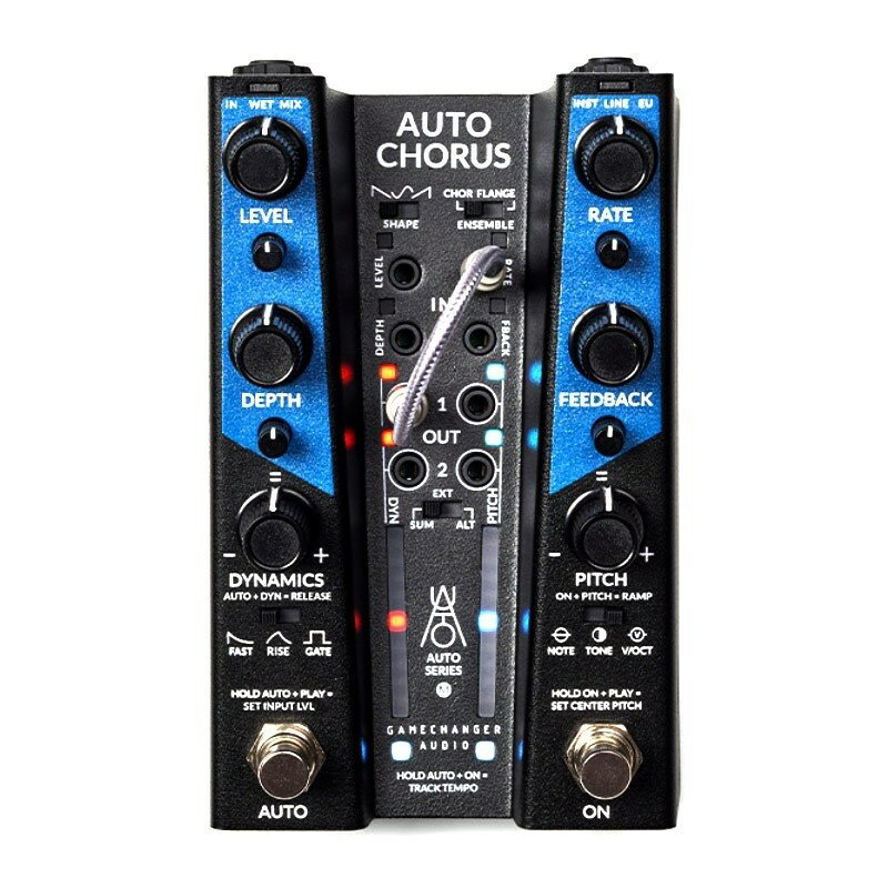 ■商品紹介展示処分特価！付属品、メーカー保証完備と大変お買い得です！■AUTO CHORUS - クラシックなペダル・デザインとモジュラー・シンセシスの世界を融合するAUTOシリーズクラシックなペダル・デザインとモジュラー・シンセシスの世界を融合するAUTOシリーズは、オーディオ・プロセッシングの進化という枠にとどまりません。すべてのAUTOシリーズで、演奏のニュアンスが「サウンド・エフェクト」要素の一部となります。TOUCH， DYNAMICS， NOTEの選択がサウンドを左右し、演奏に反応しリアルタイムに変化するトーンとテクスチャーを作ります。AUTOシリーズを通して行うサウンド・デザインは、あなたの音楽表現そのものを、発見と驚きの旅へと誘います。自分だけのサウンドを探求するアーティストのためにデザインされたAUTOシリーズは、直感的なシンプルさと奥深さを兼ね備えています。ノブを回すたびに、まだ見ぬ新たなクリエイティブで実験的なサウンドの世界が広がります。創造性の深みに飛び込み、日常を超えた新しいサウンドを発見してください。AUTO CHORUSは、コーラス、アンサンブル、フランジャーの3つの豊かで暖かいモジュレーションエフェクトを提供します。CHORUSクラシックなシンプルなコーラスエフェクトで、ドライサウンドにディレイとピッチシフトされた信号をミックスします。ピュアなビブラートエフェクトを得るには、LEVEL KNOB MODEをMIXに設定し、LEVELノブを完全に時計回りに、FEEDBACKノブを完全に反時計回りに設定します。ENSEMBLEコーラスのより豊かなバージョンです。このアルゴリズムは、ドライ信号に3つのわずかにオフセットされ、ピッチシフトされた信号をミックスします。これにより、DEPTH設定が高い場合でも、内部モジュレーションレートがCHORUSアルゴリズムよりも目立ちにくくなります。FLANGEコーラスエフェクトのディレイを短縮し、典型的なジェットエンジンのような効果を実現します。CONTROLSRATEモジュレーション範囲を0 Hzから819.16 Hzまで調整します。完全に反時計回りに回すと、ペダルはディレイラインのモジュレーションを停止し、DEPTHノブで制御される静的なディレイ時間に固定されます。RATEを0に設定すると、DEPTHノブでさまざまなコムフィルターサウンドをダイヤルできます。DEPTHモジュレーション深度を調整します。最低の反時計回りの設定はモジュレーション深度がゼロで、ウェット信号に一定の短いディレイがかかります（CHORUSとFLANGERはディレイベースのエフェクトです）。モジュレーション深度がゼロでも、FEEDBACKコントロールを使用してウェットサウンドをシェイプできます。FEEDBACKレベルを調整します。高い設定では、選択されたアルゴリズムに依存するメタリックな共鳴キャラクターを導入します。最大設定では、エフェクトが無限のフィードバックループに入ります。TRACK TEMPO AND MODULATION SHAPEAUTO CHORUSはタップテンポ機能に革新的なアプローチを採用しています。TRACK TEMPO両方のフットスイッチを同時に押し続けると、ペダルはダイナミックトラッキング機能を使用してストラミングのテンポを検出し、それに応じてRATEパラメータの値を設定します。MODULATION SHAPE3つの異なるモジュレーション形状（SAW、SINE、RAMP）を提供します。スイートスポットを見つける4つのメインノブそれぞれに対応する小さなモジュレーションノブ（attenuverter）を搭載し、各エフェクトノブに対してモジュレーションの量と方向を調整できます。これにより、入力レベルに合わせて値を+-任意の方向にモジュレーションすることが可能です。微妙なパラメータの変化から大胆なモジュレーションまで、自分だけのニュアンスを見つけてください。モジュレーションを作り込むダイナミクス、ピッチノブ、専用のモードスイッチを使用してモジュレーションをカスタマイズ可能です。ダイナミクスのディケイタイムを調整したり、ピッチトラッキングにグライドを追加したり、プレイスタイルや欲しいモジュレーション効果に合わせてレスポンスのシェイプを調整できます。両方のフットスイッチを押すことで、演奏した音のピッチを閾値として設定できます。たとえば、A3を閾値として設定すると、PITCHモジュレーションはA3を超える場合にのみアクティブになります。同じように、ダイナミクスも閾値を調整可能です。設定された値よりも入力が大きいときのみモジュレーションが発生します。シンプルな操作で思いのままに、ユニークなモジュレーションを作り込むことが可能です。オートメーションの基本各ペダルには、パフォーマンスの特定のパラメーターに基づいてオートメーション信号を生成する2つのオンボードオートメーションソースが搭載されています。ダイナミクスエンジン: 楽器の音量、ピッキングの強度、全体的な演奏のダイナミクスに追従します。ピッチエンジン: ノートの選択や楽器の全体的な音色に追従します。シンプルなパッチベイインターフェースを使用して、これらのオートメーションソースを4つの主要なエフェクトノブにルーティングすることができます。各ペダルには、オートメーション信号の量と方向を決定する4つの対応する小さなノブ（アッテネーター）も搭載されています。AUTOフットスイッチは、全オートメーションセクションを作動させ、標準的なエフェクトモードから事前にルーティングされたオートメーション設定にかんたんに切り替えることができます。オートメーションの成形のために、パッチベイのLEDライトで示されるダイナミクスとピッチのトラッキングエンジンの両方を正確にキャリブレーションすることができます。さらに、ダイナミクスとピッチのノブ、およびオートメーションの両側に3つの異なるモードを持つ専用スイッチでオートメーションをカスタマイズすることが可能です。これにより、演奏スタイルや望むオートメーションエフェクトに合わせてレスポンスカーブを調整することができます。この機能により、演奏のニュアンスによってリアルタイムでオーケストレーションされる、タッチに反応する幅広いエフェクトが得られます。繊細で洗練された設定から、野心的な実験サウンドまで、AUTOシリーズは無限の可能性を提供するプラットフォームです。検索キーワード：イケベカテゴリ_エフェクター_ギター用エフェクター_モジュレーション系_コーラス_Gamechanger | Audio_アウトレット SW_Gamechanger | Audio_アウトレット JAN:4533940335612 登録日:2025/03/16 Gamechanger Audio ゲームチェンジャー CHORUS コーラス