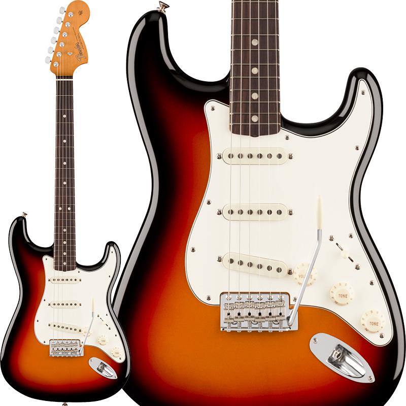 ■商品紹介Vintera III SeriesVintera IIIシリーズは、50年代、60年代、70年代の象徴的なFenderギターのルックス、フィール、そしてトーンを忠実に再現した、細部までこだわったヴィンテージ復刻モデルをラインナップしています。Vintera III Late '60s Stratocasterは、アルダーボディとメイプルネックに、メイプルまたはローズウッド指板、そして当時に忠実なラージヘッドを組み合わせ、パンチとクリアなアタック感を備えた、紛れもないフェンダーサウンドを生み出します。オーセンティックな60年代後期のCシェイプネックは、手に自然に馴染む、どこか懐かしい弾き心地を提供。7.25インチラジアス指板とヴィンテージトールフレットが、抜群の快適性と優れた演奏性を実現します。サウンドの要となるピックアップには、丁寧に作り込まれた60年代後期仕様のヴィンテージスタイルシングルコイルを3基搭載し、Fenderサウンドを確立したダイナミックで多彩なトーンを余すことなく表現します。ヴィンテージスタイルのシンクロナイズドトレモロは滑らかなヴィブラートを可能にし、年代仕様のヴィンテージスタイルチューニングマシンは、クラシックな外観を保ちながら優れたチューニング精度を実現します。Vintera IIIに注ぎ込められた細部のすべてがFenderの歴史を語り、本格的なヴィンテージスピリットと伝説的なサウンドを提供します。※画像はサンプルです。製品の特性上、杢目、色合いは個体ごとに異なります。■仕様詳細Series: Vintera IIIBody Material: AlderBody Finish: Gloss PolyesterNeck: Maple， Late ‘60s CNeck Finish: Gloss UrethaneFingerboard: Round Laminate Rosewood or Round Laminate Maple 7.25 (184.1 mm)Frets: 21， Vintage TallPosition Inlays: Aged-White Pearloid DotsNut (Material/Width): Bone， 1.650 (42 mm)Tuning Machines: Fender Vintage-StyleScale Length: 25.5 (648 mm)Bridge: 6-Saddle Vintage-Style Synchronized Tremolo with Bent Steel SaddlesPickguard: 3-Ply ParchmentPickups:Vintage-Style Late ‘60s Single-Coil Strat (Bridge)Vintage-Style Late ‘60s Single-Coil Strat (Middle)Vintage-Style Late ‘60s Single-Coil Strat (Neck)Pickup Switching: 5-Position Blade:Position 1. Bridge PickupPosition 2. Bridge and Middle PickupPosition 3. Middle PickupPosition 4. Middle and Neck PickupPosition 5. Neck PickupControls: Master Volume， Tone 1. (Neck/Middle Pickups)， Tone 2. (Bridge Pickup)Control Knobs: Parchment PlasticHardware Finish: Nickel/ChromeStrings: Fender USA 250L Nickel Plated Steel (.009-.042 Gauges)， PN 0730250403Case/Gig Bag: Included: Deluxe Gig Bag検索キーワード：イケベカテゴリ_エレキギター_STタイプ_Fender MEX_Vintera_新品 SW_Fender MEX_新品 JAN:0885978959440 登録日:2026/04/13 エレキギター フェンダー ふぇんだー フェンダーMEX フェンダーメキシコ ビンテラ ヴィンテラ