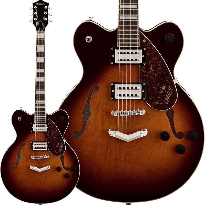 ■商品紹介Gretsch Streamliner Collection過去に存在した最高の要素を活性化させ完成した、G2622 Streamliner Center Block Double-Cut with V-Stoptailは、パワフルなサウンドとスタイルで、現代の音楽の時代を切り開きます。 フィードバックに強い、洗練されたこのG2622は、グレッチに期待される全ての要素を持ちながら、より高い演奏性とスタイル、そして最も重要であるより豊かな音量を楽器に求めるギタリストたちのためにデザインされました。 Streamlinerのサウンドの秘訣は、Broad’TronBT-2SハムバッカーPUとスプルース・センターブロックの2つです。 Streamliner Collection用に特別設計された、この高出力のBroad’Tron PUは、より力強くタイトな低音域のレスポンス、澄んだ高音域、中音域の伸びやかで明瞭な音色を、さらに向上させています。ボディ内部には、軽量のスプルース・センターブロックがボディの長さを這って設置され、それがトップ材を補強すると同時に、不要なフィードバックを排除し、現在のステージに対応する音量と、優れた演奏性を実現します。Streamlinerの音のパワーは、リアPU&フロントPU用のボリュームコントロール、マスタートーンコントロール、マスターボリュームコントロール、3ウェイスイッチなど、従来のコントロールレイアウトを活用し形成されます。エレガントなパーロイドのビッグブロック・インレイと22個のミディアム・ジャンボフレットを備えた、スピーディーな演奏に対応したラジアス12インチ(304.8ミリ)のローレル指板を採用。この指板は、薄いU字型にプロファイルされ、ホワイトバインディングが巻かれたネックにセットされ、コード演奏やホットロッドなリフに最適です。スタイリッシュなグレッチV-Stoptailテールピース、固定式Adjusto-Maticブリッジ、人工ボーンナットによる、揺るぎないチューニングの安定性をお楽しみ下さい。 グレッチに期待される、全てのクラシックなヴィンテージスタイルを再現し、ヴィンテージスタイルの黒いコントロールノブ、音の投射性を向上させる拡大されたFホール、アップグレードされた縁飾り付きのエレガントなエイジド・ホワイトバインディング、滑らかな外観のニッケルメッキ加工のハードウェアを採用。アーチ状のラミネート・メイプルボディに、3プライのベッコウ柄ピックガードを装備しています。 G2622は、一度手にして弾き始めると手放せなくなるような、グレッチがロックンロールの黎明期から称賛を獲得し続けている、最新のサウンドとクラシックなスタイルを備えています。 ※画像はサンプルです。製品の特性上、杢目、色合いは一本一本異なります。■仕様詳細Body Finish:GlossBody Shape:Streamliner Center BlockBody Material:Laminated MapleBracing:Center BlockBody Binding:Aged White with B/AW/B PurflingBody Depth:1.75 (44.45 mm)Neck Material:NatoNeck Finish:GlossNeck Shape:Thin UNeck Binding:Aged WhiteFingerboard Radius:12 (305 mm)Fingerboard Material:LaurelNumber of Frets:22Fret Size:Medium JumboNut Width:1.6875 (42.86 mm)Position Inlays:Pearloid Big BlockNeck Plate:NABridge Pickup:Broad’Tron BT-2SNeck Pickup:Broad’Tron BT-2SControls:Volume 1. (Neck Pickup)， Volume 2. (Bridge Pickup)， Master Volume， Master ToneSwitching:3-Position TogglePosition 1. Bridge PickupPosition 2. Bridge And Neck PickupsPosition 3. Neck PickupConfiguration:HHBridge:Anchored Adjusto-MaticTuning Machines:Die-CastPickguard:3-Ply TortoiseshellControl Knobs:Black Vintage-StyleStrings:Nickel Plated Steel (.010-.046 Gauges)ギグケース付属検索キーワード：イケベカテゴリ_エレキギター_セミアコ_GRETSCH_Streamliner_新品 SW_GRETSCH_新品 JAN:0717669554552 登録日:2022/03/28 エレキギター グレッチ ストリームライナー