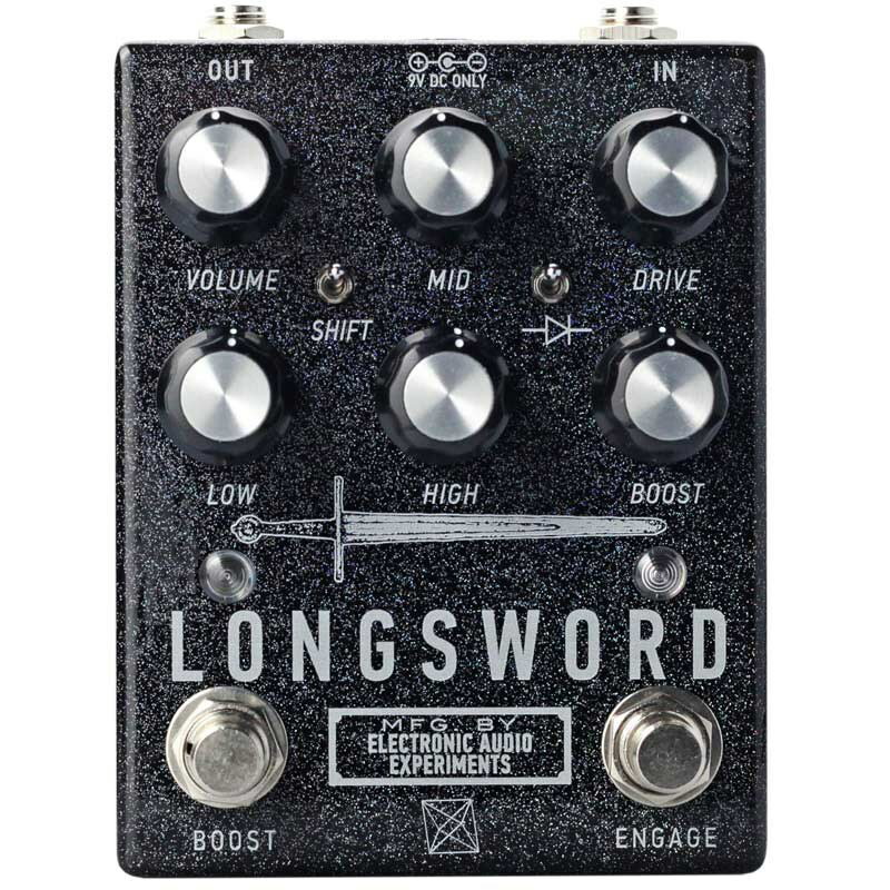 ■商品紹介Overdrive / Distortion / Boostシンプルで多彩。ヘヴィな一撃を叩き込むEAEのシグネイチャードライブ。LongswordはEAEの処女作にして高い評価を受けた、ブランドを代表するドライブペダル。オペアンプを用いたスタンダードな設計にひねりを加え、出力されるサウンドはEAEらしい抜群のセンスでフルチューンされています。クリーンブーストからマッシヴなディストーションまで幅広いゲインレンジを搭載。bass/trebleのシェルビングフィルターと、周波数選択が可能なアクティブミッドブースト/カットを組み合わせることで、どんな設定でもトーンの柔軟性は失われません。密度の高いミックスやバンドアンサンブルにおいても、圧倒的な存在感を主張します。ギターのみならず、バリトン、ベースとの相性も抜群です。加えてドライブ回路の前段に強力なブーストセクションを配置。シグナルを蹴り上げてアドレナリンを加速させます。■OverviewLongswordはEAEの最も初期から存在するラインナップで、オリジナルは2015年にリリースされました。オーナーであるJohn Snyderの、当時のギターセットアップに欠けていた要素を満たすため設計されましたが、最終的は実用的で幅広いサウンドを持つディストーションペダルとなりました。その名の通り、重量のある大刀を振り回すような突き抜け感とヘヴィネスが最大の特徴。オペアンプ方式の回路構成は、Distortion+、RAT、OCD、そして由緒あるKlon Centaur / KTRでも見られるスタンダードな方式ですが、非常に強力で正確なサウンドシェイピングがLongswordを特別足らしめています。特定のギターやアンプとの相性は最高だけど、レンジは狭い。単体ではグッドでも、ミックスやバンドの中では抜けない。Longswordでは、それらは全く問題になりません。ドライブ回路の前段に配置されたスペシャルなブーストセクションも強いパワーと個性を持ち、Longswordのサウンドバリエーションを一層拡張しています。キャラクターは変化せず、鉛感を重量を増すような圧巻のブーストは、原初の快感を呼び起こすように、アドレナリンを加速させます。カルトなインディロックから重低音が轟くドゥームメタルにおいても、求めているトーンを正確に引き出すことをお約束します。■仕様詳細■Controls・Level：出力ボリューム・Drive：ドライブレベル。ライトなザラつきからヘヴィなディストーションまで。・Low/High：James/BaxandallスタイルのトーンEQ。シェルビングフィルター。・Mid：アクティブミッドレンジブースト/カット・Shift：Midノブのフリーケンシーを選択・Diode：クリッピングダイオード切り替え。ダイナミクスやヘッドルームが変化上：MOSFETクリッピング。中程度のコンプレッション中：クリッピングダイオード無し。コンプレッションは最初。下：シリコンダイオードクリッピング。コンプレッション最大・Boostスイッチ：ドライブ回路前段のミッドブーストを有効。（Longswordがオンのときのみ使用可能です。単独使用はできません。)・Boostノブ：ブースト量を設定。最大20dB。■Specifications・Bypass：リレースイッチング、トゥルーバイパス・Input impedance @ 1 Khz：500kΩ・Output impedance @ 1 Khz：1kΩ・Power：9V DC， 2.1 mmセンターマイナス、75mA。レギュレート、アイソレートされた100mA以上のパワーサプライを推奨。電池駆動はできません。検索キーワード：イケベカテゴリ_エフェクター_ギター用エフェクター_歪み系_オーバードライブ_ELECTRONIC AUDIO EXPERIMENTS_新品 SW_ELECTRONIC AUDIO EXPERIMENTS_新品 JAN:4560482829545 登録日:2022/08/23 エレクトロニックオーディオエクスペリメンツ EAE