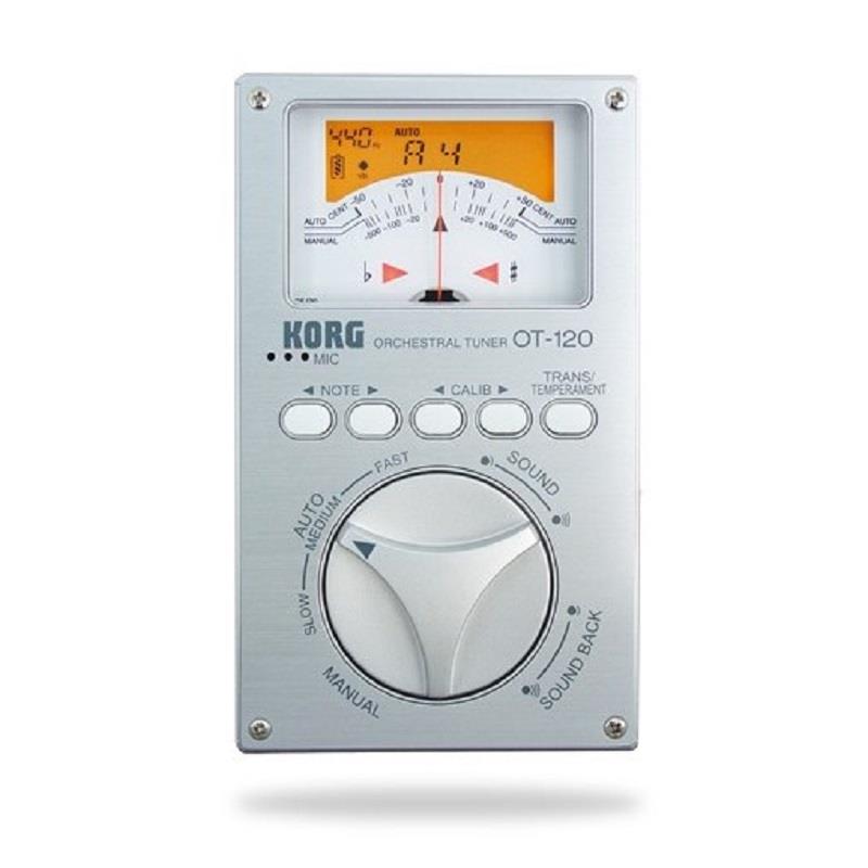 ■商品紹介高機能を使いやすい縦型フォルムに。針式メーターのニュー・スタイル、OT120登場。・視認性に優れた針式メーター採用の縦型クロマチック・チューナーOT-120は、高性能・高機能を持ちやすく操作性にすぐれた縦型フォルムに搭載したオーケストラ向けクロマティック・チューナー。その視認性の良さで根強い人気を誇る針式メーターに加え、電池残量、サウンド出力レベル、キャリブレーション、調や音律名などをわかりやすく表示するバックライト付きLCD画面も備えたデュアル・ディスプレイを搭載しています。これらディスプレイ部やモードを簡単に選択できる大きなダイヤル、押しやすい形状のボタンを、手に持ちやすい縦型に使いやすくレイアウトし、背面部には自立させることができるスタンドを装備。高級感あるシルバーのアルミ・パネルを使用したクールなルックスにオーケストラのチューニングをサポートする機能を満載した針式メーター・チューナーです。・広い測定範囲であらゆるオーケストラ使用楽器を正確にチューニング1975年に世界初のメーター式チューナーを開発して以来、その精度の高さであらゆるジャンルのアーティストから支持を受けてきたコルグ・チューナー・シリーズ。OT-120はA0〜C8という幅広い測定範囲で管楽器・弦楽器・鍵盤楽器などオーケストラ、ブラス・バンドで使用する楽器の音名、音域をスピーディに測定します。また、A4=349-499Hz(1Hzステップ)という幅広いキャリブレーションでどんなコンサート・ピッチにも対応しています。・移調楽器や古典音律にも幅広く対応管楽器に便利な移調キーは＃、♭系合わせて12種に対応。また、マルチ・テンペラメント機能により古典楽器などで使用される古典音律の中から使用頻度の高いものを8種プリセットしています。クラシックなど独特の音律を使用する楽器の測定にも最適です。・針式メーターならではの高精度なチューニングがスムースにOT-120は、高精度の針式メーターによって音のずれを正確に表示。入力音に対する針の反応速度を3段階まで調節できるので、すばやい針の立ち上がりから、ゆっくりとした針の動きまで、好みに応じた速度でチューニングすることが出来ます。また、入力した楽器の単音を自動的に検出するオート・モード、合わせたい音名を細かく指定できるマニュアル・モードの2タイプのチューニング・モードを装備。マニュアル・モードでは針の反応を＋?500centの範囲で表示するので、チューニングのずれ幅を広範囲にわたって確認することができます。針式メーターならではの優れた視認性に加えて、メーター下部にあるLEDでもピッチのずれやジャスト・チューンを示すので、暗い場所でのチューニングもOK。・ロング・ライフ設計による長時間使用が可能単4電池2本使用で100時間を超えるロング・ライフ設計。ACアダプター(別売オプションKA181)でも使用可能です。・管・弦楽器のチューニング、レッスンに役立つ基準音発振、サウンド・バック・モードを搭載OT-120はC2(65.41Hz)〜C7(2093Hz)の5オクターブにもおよぶ幅広い範囲での基準音発振が可能。2人以上のプレイヤーが同時に基準音を聞きながらのチューニングが行えます。スタンド使用時にはスピーカー開口部がふさがれることがないので、より大きな音で基準音の確認ができます。さらに、コルグ独自技術による機能、サウンド・バック・モードを搭載。別売コンタクト・マイクCM-200で楽器をインプット・ジャックに接続すれば、入力した楽器の音に最も近い基準音をスピーカーから返します。メーターも同時に動作するので、目と耳の両方でピッチの確認ができ、より正確なチューニングが行えるのはもちろん音感トレーニングにも最適です。またマイクも内蔵しているので、アコースティック楽器の測定も簡単に行えます。■仕様詳細【仕様】・音律：12平均律、ピタゴラス、ミーン・トーン D＃、ミーン・トーン E♭、ヴェルクマイスター III、キルンベルガー III、ケルナー、ヴァロッティ、ヤング・移調範囲：C、C＃、D、E♭、E、F、F＃、G、G＃、A、B♭、B・測定範囲：A0（27.50Hz） - C8（4186Hz）・基準発振音：C2（65.41Hz） - C7（2093Hz）5オクターブ、音量2段階・チューニング・モード：AUTO（SLOW、MEDIUM、FAST）、MANUAL、SOUND、SOUND BACK・キャリブレーション機能：A4=349-499Hz(1Hzステップ)・測定精度：＋?1CENT・サウンド精度：＋?1.5CENT・接続端子：INPUT(モノラル標準)、OUTPUT(モノラル標準)、DC IN(9V)・電源：単4電池 x2(3V)、またはACアダプター(KA181)・電池寿命：約100時間(アルカリ電池、メーター・モード(MEDIUM)、バックライトなし、A4連続入力時)・外形寸法：74(W)x120(D)x36(H)mm・質量：193g(電池含む)・付属品：スエード調ソフト・ケース検索キーワード：イケベカテゴリ_楽器アクセサリ_チューナー・メトロノーム_チューナー（一般）_KORG_その他チューナー_新品 SW_KORG_新品 JAN:4959112043985 登録日:2025/12/20 コルグ