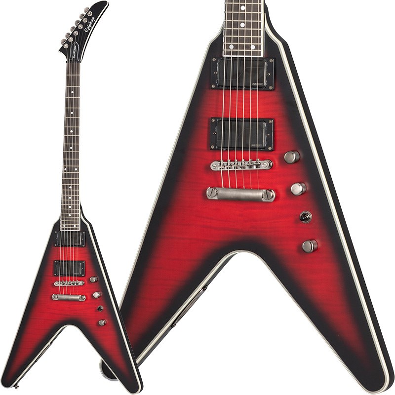 ■商品紹介Dave Mustaine Prophecy Flying Vデイブ・ムステインFlying V Prophecyは、スピード・サウンド・テクニックの高みを目指すプレイヤーのために、MEGADETHの伝説的プレイヤーの仕様に忠実に設計されています。 フロントとセンターの両ポジションにおいてカスタムボイシングが施されたFishman Fluenceピックアップが搭載されています。2基ずつ搭載されたヴォリューム/トーン・ポットのプッシュ・プル操作により、ふくよかなPatent Applied For ヴィンテージ・ハムバッカーサウンド、ホットでモダンなアクティブ・ハムバッカー・サウンド、煌びやかでノイズレス、わずかにオーバーワウンドされたシングルコイル・サウンドといった3つの異なる特徴的なトーンを選択できます。Dave Mustaine Flying V Prophecyは、Groverロッキング・ロトマチックチューナー、サスティーン特性に優れたエピフォンのLockTone Tune-O-Maticブリッジとテイルピース、豊かな倍音とチューニングの安定性を高めるGraph Techナットを搭載。マホガニーネックは24フレット仕様で、ジャンボフレット、デイブのカスタム「D」プロファイルを備えたエボニー指板を備え、デイブならではのスピーディで精度の高いプレイに対応できるように作られています。AAAフレイムメイプル・トップ、エイジド・ダークレッドバースト・フィニッシュ、艶消し加工が施されたブラックニッケル・ハードウェアにより、ヘビーメタルを想起させる究極のルックスを実現しています。カスタムハードシェルケースが付属となります。※画像はサンプルです。製品の特性上、杢目、色合いは一本一本異なります。■仕様詳細BodyMaterial: MahoganyTop: AAA Flame Maple VeneerBinding: 5-ply Top， Single-ply Headstock and FretboardNeckNeck: MahoganyProfile: Artist ProfileNut width: 1.693 / 43mmFingerboard: EbonyScale length: 24.75 / 628.65mmNumber of frets: 24Nut: Graph TechInlay: Mother-of-Pearl DotHardwareBridge: LockTone Tune-O-MaticTailpiece: LockTone Stop Bar Knobs: Knurled Black MetalTuners: Grover Locking Mini RotomaticsPlating: Brushed Black NickelElectronicsNeck pickup:Fishman Fluence Bridge pickup: Fishman FluenceControls: 2 Volume， 1 Tone with Push/Pull Potentiometers for Coil Splittingハードケース付属検索キーワード：イケベカテゴリ_エレキギター_Vタイプ_Epiphone_ミュージシャンズ モデル_新品 SW_Epiphone_新品 JAN:4580568431257 登録日:2023/05/29 エレキギター エピフォン