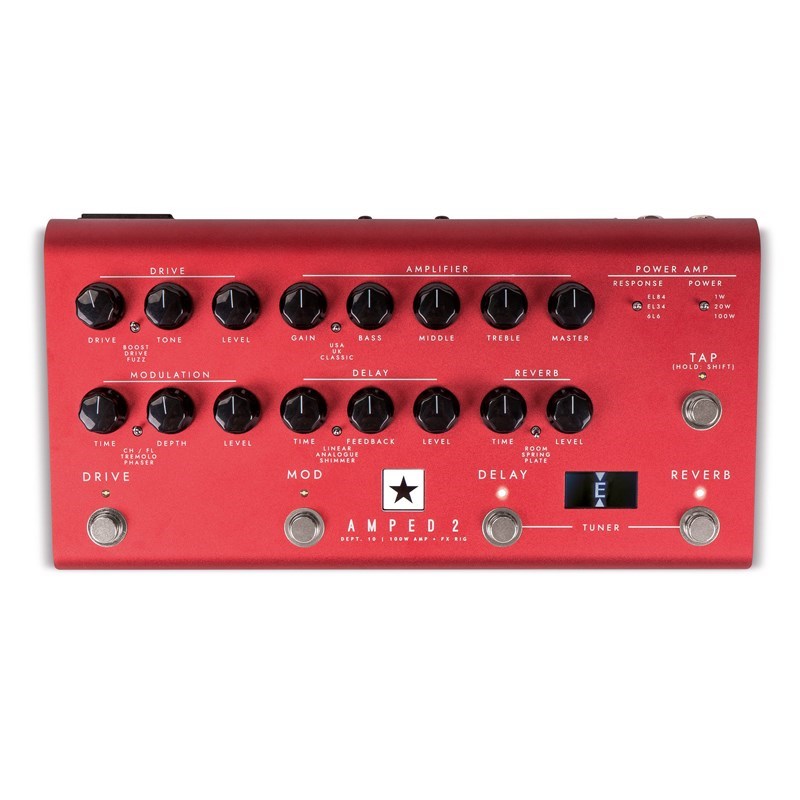 ■商品紹介1台限りの箱ボロ展示B級特価！この機会をお見逃しなく！！AMPED 2は、前段にドライブ・ペダルを搭載した100Wのペダル・パワー・アンプです。伝統的な真空管アンプのトーン及びフィーリングにあわせて、高度なエフェクト・プロセッサーを搭載。スピーカー・キャビネットへの接続はもちろん、ダイレクト・アウト搭載、また従来のエフェクターのようにアンプのインプットへの接続が可能。自分のサウンドをどこにでも持ち運べます。1Wまでのパワー・リダクションやUSB-Cの接続により、スタジオでもステージでも、どんな状況でも自分のトーンを同じように使用できます！●主な特徴■マルチ・エフェクト搭載の 100W のペダル・アンプ。■EL34、6L6、EL84 の 3 種類の異なる本格的なパワー管のレスポンスを提供するレスポンス・コントロールを搭載。各設定は、選択した真空管パワーアンプのレスポンス、ダイナミクス、サグ感、ブレークアップの特性を提供します。■USA、UK、Classic というボイシングから選択し、パーフェクトなトーンを作り上げることができます■DRIVE セクションは Boost、Drive、Fuzz の 3 種類からチョイス可能。■モジュレーション、ディレイ、リバーブなどのエフェクトを搭載。■レコーディング用インターフェースとして低レイテンシーの USB オーディオを搭載。ライブ時には TRS ステレオ・ライン・アウトと XLR モノラル D.I.を使用するなどプロフェッショナルな現場にも対応。■スピーカーインピーダンスに自動的にマッチングする独自の高いヘッドルーム設計により、8Ω または 16Ω のキャビネットで最大のパワーと最適なトーンを提供します。■エフェクト・ループ、2 系統の 9V DC 出力、MIDI によりペダルボードや自身の機材に簡単に組み込むことができます。■クロマチック・チューナーを搭載し、ライブ演奏中に即座にチューニングが可能。ライブやツアーにおいて常に一貫したサウンドを得るために、ギタリストはポータブルなパッケージ、そして素晴らしい音色を兼ね備えた革新的なソリューションを求めています。Blackstar が目指したのは、本物のギターアンプのレスポンスとフィーリングを実現する、コンパクトでパワフルなパワーアンプ・ペダルを作ることでした。ペダルボードと簡単に組み込むことができ、アンプやパワーキャビネットに対応、スタジオで使用するための次世代DI 接続とコントロールを備えている必要がありました。その結果、これらすべてを実現し、さらに多くのことを可能にしました。■Dept.10 とは、イノベーションとデザインを担当する Blackstar の R&D チームの名称です。このエンジニア・チームは全員がミュージシャンであり、常に新しいアイデアを研究して、あなたの完璧な音作りをサポートします。■ユニークなパワーアンプの設計は、真空管アンプとスピーカー・キャビネットの相互作用を模倣する電流フィードバックを使用しています。この非常に高いヘッドルームの設計は、8 オームまたは 16 オームのスピーカーキャビネットに対応、100W のパワーの真空管アンプのようなサウンドと存在感を実現します。次世代シミュレーター「Cab Rig」テクノロジーについてCab Rig は、マイクアップされたギターキャビネットの音と感触を驚くほど詳細に再現する、当社の次世代 DSP スピーカーシミュレーターです。Cab Rig の新しい高度なアルゴリズムは、事実上ゼロレイテンシーで、位相の不一致もなく、IR スナップショットよりもはるかに柔軟にスピーカー・キ ャビネットと部屋をシミュレートすることができます。付属のソフトウェアを使って、USB/XLR 出力やヘッドフォンで素晴らしいトーンをキャプチャーしてください。検索キーワード：イケベカテゴリ_ギターアンプ・ベースアンプ_アンプシミュレーター_アンプ・キャビネットシミュレーター_Blackstar_アウトレット SW_Blackstar_アウトレット JAN:4959112237933 登録日:2024/06/26 アンプシミュレーター アンプシミュレータ アンプシュミレータ アンプシュミレーター アンプSim プリアンプ ブラックスター