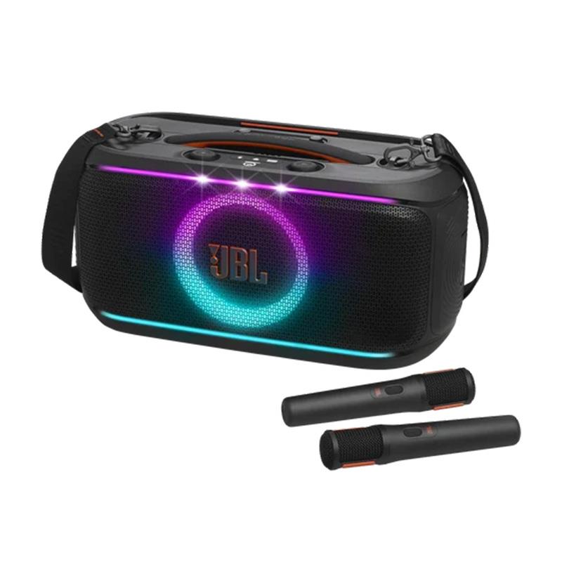 ■商品紹介【製品の特長】PartyBox On-The-Go 2があれば、あらゆるシーンが本格的なパーティーに早替わり。透明感のある高音に大胆な低音、そして音楽と同期して変化するライトショーでどこにいても本格的なサウンドを楽しめます。エコー効果とスマートキー変更機能を搭載した、付属する2本のデジタルワイヤレスマイクで歌いやすい設計となっているため、気楽かつ上手に歌うことができます。プールサイドでのパーティー、家族の集まり、仲間との楽しいひとときなど、どんなシーンでも重宝するこのスピーカーは持ち運びに便利なストラップ、防沫設計、最大約15時間の連続再生機能を備えています。さらに、2台のPartyBox On-The-Go 2をペアリングしてステレオサウンドを楽しんだり、複数のJBL Auracast対応スピーカーを接続したりすることもできます。JBL PartyBoxアプリを使えば、音楽やライトを自由にコントロールして自分好みにムードを演出できます。いつでもどこでも、パーティーを持ち歩こう。●パワフルなJBLプロ・サウンド2つのシルクドームのツイーターからは透明感のある高音が、力強いウーファーからは深くパンチの効いた低音が放たれ、かつてないほど大胆で生き生きとしたパワフルなJBLプロ・サウンドを楽しめます。●ダイナミックなライトショーパーティーにライトショーは欠かせません。音楽と同期する光のパターンとストロボエフェクトで、夜を踊り明かしましょう。●どこでも本格的なマイクパフォーマンスいつでも、どこでも、楽しい仲間がいればパーティーがスタート。2本のワイヤレスマイクにはエコーが内蔵されているため、最高の歌を楽しめます。JBL PartyBoxアプリのスマートキー変更機能では、自分の歌いやすいキーにトラックの音程を合わせられるので、キーを気にすることなく思い切り楽しく歌えます。あるいは、Aux-InやUSB-Cコネクター経由で外部機器からお気に入りのプレイリストを入力して思いっきり踊りましょう。●最大約15時間再生1回の充電で最大約15時間の再生。最高のムードがずっと続きます。さらに再生時間が足りない場合は、予備のバッテリー（別売）を入れ替えて、さらに再生時間を2倍にすることも。あるいは、わずか10分間の充電で80分間の再生も可能です。●Auracastによるマルチスピーカー接続もっとスケールの大きなJBLプロ・サウンドを楽しみたい場合、2台のPartyBox On-The-Go 2をステレオペアリングすれば広大な音場が得られます。大きなパーティーでは、Auracastを使って複数のJBLスピーカーとワイヤレス接続できます。●JBL PartyBoxアプリでパーティーをコントロールJBL PartyBoxアプリを使用すれば、バーカウンター内やダンスフロアの真ん中、その他どこからでも音楽、EQ、ライトショーを手軽にコントロールすることができます。●便利なハンドルとショルダーストラップハンドルを中央に配したPartyBox On-The-Go 2は、どこにでも持ち運べるバランスの取れたデザイン。さらに、幅広で太めのショルダーストラップは肩に負担がかかりにくく、次のパーティーがどこであろうとも問題ありません。●防沫仕様公園でパーティーをしたり、プールサイドでカラオケを歌ったり。IPX4の防沫性を備えたPartyBox On-The-Go 2なら、少しくらい雨が降ろうともムードが崩れることはありません。●環境に配慮したグリーンな設計JBL PartyBox On-The-Go 2は、筐体にリサイクルプラスチックを採用しています。また、パッケージはFSC認証紙を使用し、環境負荷の低いソイインクで印刷されています。【製品の仕様】仕様一覧出力電圧：100W RMS (IEC60268)電源入力：100〜240V ?50/60HzUSBファイル形式（EMEA地域を除く）：.MP3、.WAV、.FLACUSB給電ポート：11V/2A（最大）（スピーカーオフモード）ケーブルの長さ：2.0mオーディオ仕様スピーカードライバー：133mmウーファー×1、20mmドーム型ツイーター×2周波数特性：40Hz〜20kHz（-6dB）S/N比：80dBサイズ製品寸法（幅×高さ×奥行）：501 mm x 258 mm x 221mm製品重量：6.36 kg梱包寸法（幅×高さ×奥行）：586 mm x 355 mm x 278 mm総重量：9.18 kgコントロール及び接続仕様Bluetoothバージョン：5.4Bluetoothプロファイル：A2DP V1.4、AVRCP V1.6(SW)、TMAP1.0、PBP1.0Bluetoothトランスミッター周波数帯域： 2.4GHz〜2.4835GHzBluetoothトランスミッター出力： ? 16 dBm (EIRP)Bluetoothトランスミッターモジュレーション：GFSK、π/4 DQPSK、8DPSK2.4G ワイヤレストランスミッター周波数帯域：2404〜2478 MHz2.4G ワイヤレストランスミッター出力： 8.5 dBm (EIRP)2.4Gワイヤレス変調：GFSKバッテリーバッテリータイプ：リチウムイオン34Wh（7.2V / 4722mAh）バッテリー充電時間：3.5時間（スピーカーオフモード）音楽再生時間：最大約15時間（音量や再生内容により異なります）■同梱物JBL PartyBox On-The-Go 2 × 1ワイヤレスマイク × 2マイクホルダー x 2ショルダーストラップ × 1クイックスタートガイド × 1安全上の注意および保証書 × 1AC電源ケーブル　*電源コードの数量およびプラグの形状は地域によって異なります※ご購入いただいた製品を長く安心してご利用いただくため、 JBL国内サイトでの製品登録（無料）をおすすめしています。※詳細な製品仕様はメーカーサイトをご確認お願い致します。※ご使用前にご利用環境や動作状況などを予めご確認の上、ご購入をお願い致します。※商品の仕様、価格並びに付属品などは予告なく変更することがあります。#ジェービーエル #ジェイビーエル検索キーワード：イケベカテゴリ_レコーディング_モニタースピーカー_モニタースピーカー_JBL_新品 SW_JBL_新品 JAN:4968929225965 登録日:2026/06/11 モニタースピーカー スタジオモニター