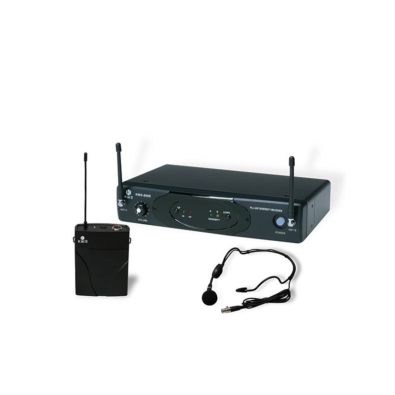 ■商品紹介★シンプルな構成で御使用の場合に最適なヘッドセットマイクタイプセットワイヤレス送信機一台と専用ヘッドセットマイクと受信機のセットです。ワイヤレスマイク一本に対して、受信機が一つの一対一の構成なので、ワイヤレスマイクを1〜3本使用するようなシンプルな場面での御使用におすすめの機種です。両手を塞ぐことなく、激しい動きでも外れにくい設計ですので、ドラムボーカル、プレゼンテーション、フィットネス、司会用マイクなどに便利に手軽に御使用いただけます。 最大使用可能距離90m※、2本のアンテナで電波の受信状態を改善し、誤差を少なくする機能（トゥルーダイバーシティ）、信号が途切れた場合のオートミュート機能など、充分な機能を搭載させました。設定は全30チャンネルからお好みの1チャンネルを選択可能で、赤外線（IR）通信による簡単設定。受信機前面に設定用赤外線（IR）ポート、各種ボタン、ディスプレイとつまみを備え、ほぼ総ての設定が受信機前面で行えます。受信機背面にはバランスXLR＆アンバランス1/4 PHONE各1系統の出力を搭載したプロフェッショナルレベルのワイヤレスシステムです。※使用環境により異なります。●本製品の特徴・両手を塞ぐことなく、激しい動きでも外れにくい設計ですので、ドラムボーカル、プレゼンテーション、フィットネス、司会用マイクでの使用に最適なプロレベルのワイヤレスシステム。・同じ場所での干渉を軽減し、最大数のワイヤレスシステム使用数を実現するUHFバンドチャンネルを装備。（免許不要B帯）・受信機は自立型ですが、19インチスタンダードラックにも組み込みも可能な2WAYタイプ。・自動ミュート機能を搭載し、信号を受信できなくなった時に自動で音声を遮断。・最大300フィート（約90m）で使用可能（直線距離、最適条件下において）・送信機の電源は一般的な単3乾電池使用。バッテリー連続使用時3時間持続（アルカリ乾電池使用の場合）※使用条件によって電池寿命は異なりますのでご注意下さい。・最大6台（システム）を同時に使用可能。（基本条件遵守の最適条件下において）■セット内容・KWS-899R 受信機・電源アダプター・1/4インチフォンケーブル（1.5m）・ラックマウントイヤー・日本語取扱説明書/製品保証書・KWS-899Pベルトパック送信機・mini-XLRコネクター搭載HM-38ヘッドセットマイク■スペック◎Systemタイプ：トゥルー・ダイバーシティ・PLL SYNTHESIZED動作範囲：300' (90m) 可視範囲周波数特性：50 Hz - 15 kHzT.H.D. (Overall)：＜ 1% (@AF 1 kHz， RF 46 dBu)S/N比：＞100 dB使用環境温度：-10°C (14°F) to +50°C (+122°F)トーン信号周波数：32.768 kHz変調方式：FM(F3E)◎KWS-899R 受信機アンバランスオーディオ出力レベル(最大)：+10 dBuバランスオーディオ出力レベル(最大)：±0 dBu感度：-100 dBm / 30 dB sinadイメージ周波数抑圧比：＞50 dB必要供給電力：15 VDC 200mA寸法：220mm x 125mm x 45mm重量：560g◎KWS-899P ベルトパック送信機入力コネクター：1Mini-XLR (4B)入力インピーダンス：1MΩRFパワー：10 mW EIRP必要電源：単3アルカリ電池 (LR6)x 2バッテリー寿命：連続使用時　約3時間寸法：65mm x 85mm x 25mm重量：82g検索キーワード：イケベカテゴリ_レコーディング_マイク_ワイヤレスマイク_K.W.S_新品 SW_K.W.S_新品 JAN:4515515854698 登録日:2017/05/25 ワイヤレスマイク