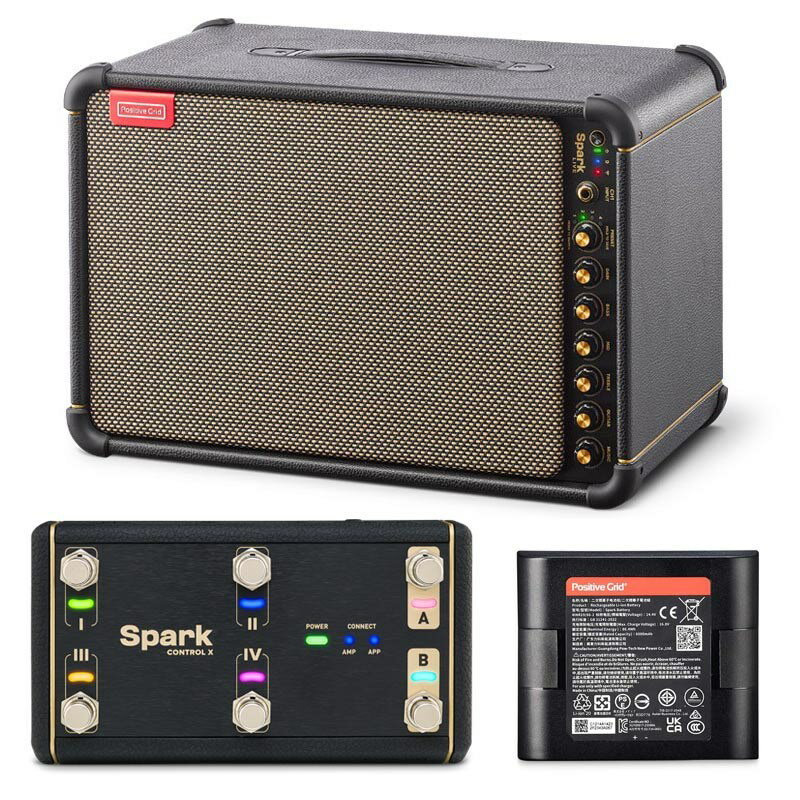 ■商品紹介Sparkシリーズをコントロールする6スイッチ・ワイヤレス・フットスイッチSpark Control X & Spark LIVE用充電式バッテリーセット！！[セット内容]・Spark LIVE・Spark Battery・Spark Control X Spark LIVE & Spark Batteryを使えば、路上でのライブパフォーマンスなど、電源のない環境であってもどこでも演奏が可能です！1回の充電で最大8時間演奏が行なえます。■Spark LIVEこの1台でライブができる！ギターアンプを超えた4チャンネル・マルチ・アンプ一つの筐体にギターアンプ、ベースアンプ、マイクプリ、エフェクト、ミキサーを搭載。4チャンネルのアンプ兼PAシステムとしてライブに特化した、150Wの出力を誇る究極のギターアンプです。-ギターアンプとして150Wの出力を誇るSpark LIVEはギターアンプとしてライブ演奏やステージでの使用において十分な音量感を得られます。また、アンプシュミレーターとして数々の受賞歴のあるBIASトーン・エンジンを搭載しているのでアンプ、エフェクターの種類の豊富さと、比類なきサウンドクオリティーを提供します。-ストリートライブにもSpark LIVEは、ストリート、野外、そして小規模なライブにおいて魔法のような存在です。150Wの迫力ある出力で、どんな場所でも一瞬でライブステージへと変貌します。さらに、マイク接続も可能で、リバーブなど歌声に必要なエフェクトも完備しています。Bluetooth(R)スピーカーとしても活用可能なので、楽曲を流しながらの演奏や歌唱が可能。まさに、そこは最高のステージとなります。-PAスピーカーとしてPAスピーカーとしてSpark LIVEは、標準的な35mm PAモニタースタンドに簡単にマウントでき、優れたPAスピーカーとしての魅力を兼ね備えています。これにより、常設のスピーカーとしてだけでなく、音楽イベント、プレゼンテーション、パーティーなど、あらゆるシーンで活躍します。また、2台のSpark LIVEをリンクして同時にコントロールすることも可能です。-オールインワンのアンプ最先端の音響技術によって推進されるSpark LIVEはドラムとの演奏にも十分な音量を備えたパワフルかつコンパクトな4チャンネル・スマートアンプ＆PAシステムです。そして頑丈なボディーに更にバッテリー駆動(別売)が可能です。・ギター・ベースアンプ・アンプ：150 W・マイク入力・鍵盤用ステレオ/モノ入力・ラインアウト搭載・モバイル・デバイスの充電用USBポート・有線MIDIコントローラー用に2系統のMIDI入出力・PAシステム・4チャンネル・Sparkアプリでミキサーを搭載・充電式バッテリー Spark Batteryを購入でどこでも演奏が可能(駆動最大8時間)・Sparkアプリと完全に統合された新しいマルチタブ機能・Spark LIVEを縦置き、横置きしても自動でサウンドを調整するGセンサー・ジャイロスコープ内蔵・様々な環境にフィットしやすいマルチ・アングル・スタンド内蔵・35mmの標準PAスタンド・マウントを内蔵■Spark BatterySpark LIVE用充電式バッテリーこのSpark LIVE用充電式バッテリーを使用すれば、路上でのライブパフォーマンスなど、電源のない環境であってもどこでも演奏が可能です。Spark Batteryは1回の充電で最大8時間演奏が行なえます。電源：AC 100-240Vバッテリータイプ：6，000mAh充電式リチウム電池バッテリー駆動：最大8時間(中音量時)充電時間：3時間互換性：Spark LIVE内容物一覧：-Spark Battery-安全説明カードサイズ：長さ86×幅74×高さ48.7mm重量：480g■Spark Control X6スイッチ・ワイヤレス・フットスイッチSparkシリーズの公式ワイヤレス・フットスイッチであるSpark Control Xは、6つのスイッチがすべてカスタマイズ可能で、プリセットの入れ替えやエフェクトの切り替えなどが容易に行えます。Spark Control Xは、Sparkアプリを通してすべてのSparkシリーズにシームレスに接続でき、トーンやジャム・セッションを完全にコントロールできます。また、Spark LIVEには、アプリ不要で直接ハードウェア接続が可能です。・Sparkアプリを通してすべてのSparkシリーズに接続可能・Spark LIVEにアプリ不要でダイレクトにハードウェア接続が可能・カスタマイズ可能な6つのフットスイッチ（マルチカラーLEDインジケーター付き) 　任意のプリセットの割り当て、変更 　 任意のエフェクトの割り当てとオン/オフ 　楽曲/バックトラックの再生/停止/一時停止 　 Experience Jimi Hendrix エキスパンションの機能制御・エクスプレッション・ペダル入力2系統・3枚のクリアオーバーレイ付属・耐久性に優れたハウジングとシリコン製カバーによる保護と安定性・最大150時間使用可能な充電式内蔵バッテリー・最大17メートルの距離でもコントロール可能検索キーワード：イケベカテゴリ_ギターアンプ・ベースアンプ_ギターアンプ_コンボ_ソリッドステート_Positive Grid_新品 SW_Positive Grid_新品 登録日:2024/06/05 ギターアンプ ポジティブグリッド