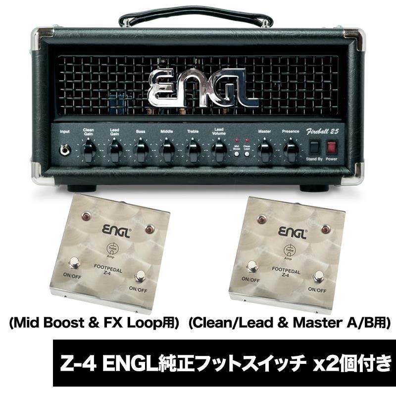 ■商品紹介【ENGL FIREBALL 25 & Z-4 FOOTSWITCH 2個 セット】セット内容：-ENGL FIREBALL 25 (E633)-ENGL Z-4 フットスイッチ x2個------------------------------------------------------【FIREBALL 25】「Fireball」をその名に持つ小型アンプ、Fireball 25。Fireballの持つ煌めくクリーンとソリッドなリードトーンを25Wクラスへダウンサイジングしました。最大の特長はパワーチューブに6L6GCを採用した事です。これまで小型ENGLアンプではEL84をパワーチューブとして使用してきましたが、今回は兄貴分のFireball 100やPowerball-2と同様に6L6GCを採用。これにより25Wクラスながら十分なヘッドルームを確保し、Fireballの名に相応しいパンチのあるサウンドを出力します。またソロ時に音ヌケを良くするミッドブースト、リードチャンネル時に起動するノイズゲート、4段階の出力を切り替えられるPower Soakなど充実の機能も搭載しています。------------------------------------------------------【Z-4 dual footswitch】すべてのENGLアンプに対応可能なLED付きDual Foot Controller。ENGLアンプのFoot Switch Portにステレオケーブルで接続することで、2つの機能を制御可能。 頑丈なステンレス・シャーシーによって守られたSwitchは、時に過負荷のかかり得るあなたのStage Actionを強力にサポート。■仕様詳細■FIREBALL 25【 Specification 】- Features : 2 Channels: Clean， Lead/All Tube Head/Tube buffered FX Loop/Noise Gate/Master Volume Boost (M.V.B.)/ Line Output (0 dB)- Sound Options : Mid Boost- Controls : Gain (for each Channel)/ 3-Band EQ/Lead Volume/Master/Presence/Noise Gate Threshold- Outputs : Poweramp Output (1 x 8 - 16 ， 2 x 16 ||)/Line Output (0 dB)- Footswitch : Z4 (Channels， Master Volume Boost， Mid Boost， FX Loop)- Preamp Tubes : 4 x Engl ECC83 / 12AX7- Output Tubes : 2 x Engl 6L6GC- Output Wattage : 25 W- Dimensions : 42 x 20 x 23 cm■Z-4 dual footswitch【仕様】-ステンレススチールハウジング-サイズ：14 x 14 x 4 cm-付属品：ENGLプレミアムケーブル検索キーワード：イケベカテゴリ_ギターアンプ・ベースアンプ_ギターアンプ_ヘッド_チューブ_ENGL_AMP HEAD_新品 SW_ENGL_新品 登録日:2026/07/08 ギターアンプ エングル