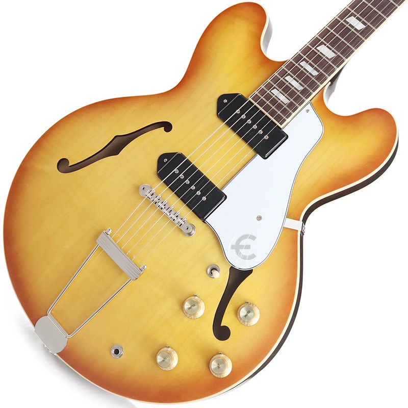 ■商品紹介USA製のEpiphone Casinoが待望の復活です!!!60年代ブリティッシュ・インヴェイジョン期を象徴するアーチトップ！メイド インUSA！1961年の発売開始以来、ポール・マッカートニー、ジョン・レノン、ジョージ・ハリスン、キース・リチャーズ、レイ・デイヴィス、デイヴ・デイヴィス、ポール・ウェラーなど、数多くのミュージシャンに愛用されてきたEpiphone Casinoが米国製で50年以上の時を経てついに復活。USAエピフォン・コレクションの新しいカジノは二種類のフィニッシュを用意。クラシックなメイプル材とポプラ材によるボディをベースに、ロイヤルタン・ニトロセルロースラッカー仕上げ（ニッケル・ドッグイヤーGibson USA P-90搭載）とヴィンテージ・サンバースト・ニトロセルロースラッカー仕上げ（ブラック・ドッグイヤーGibson USA P-90搭載）をラインアップ。USA コレクション・Epiphone Casinoには、Orange DropコンデンサとGibson USA P-90 Dogearシングルコイルピックアップが搭載され、エレクトロニクス部はハンドワイヤリングにより結線されています。工場出荷時の弦はギブソン・ストリングズが採用されています。■仕様詳細Weight≒2.98kgBodyShape : CasinoMaterial : 3-ply Maple/Poplar/MapleTop : 3-ply Maple/Poplar/MapleBack : 3-ply Maple/Poplar/MapleBracing : Quarter Sawn SpruceBinding : Single-ply CreamNeckNeck Material : Solid MahoganyProfile : Rounded CScale Length : 24.75 / 628.65mmFingerboard Material : Indian RosewoodFingerboard Radius : 12Number Of Frets : 22Frets : Medium JumboNut Material : Graph TechNut Width : 1.69 / 42.85mmInlays : Acrylic ParallelogramHardwareFinish : NickelTuner Plating : NickelBridge : ABR-1Tailpiece : Thinline TrapezeTuning Machines : Vintage DeluxePickguard : White (Casino) Three-ply White/Black/White/Black pickguard with Epiphone logoTrussRod : AdjustableTruss Rod Cover : Bullet shaped; 2-layer (B/W); Vintage E in WhitePickup Covers : Black (Royal Tan) Nickel (Vintage Sunburst)ElectronicsNeck Pickup : Gibson USA P-90 DogearBridge Pickup : Gibson USA P-90 DogearControls : 2 volume， 2 tone， hand-wired with Orange Drop(R) capacitorsPickup Selector : 3-way toggleOutput Jack : 1/4Strings Gauge .010， .013， .017， .026， .036， .046ハードケース付属検索キーワード：イケベカテゴリ_エレキギター_フルアコ_Epiphone_アーチトップ_新品 SW_Epiphone_新品 JAN:4580568413710 登録日:2024/01/12 エレキギター エピフォン セミアコ フルアコ