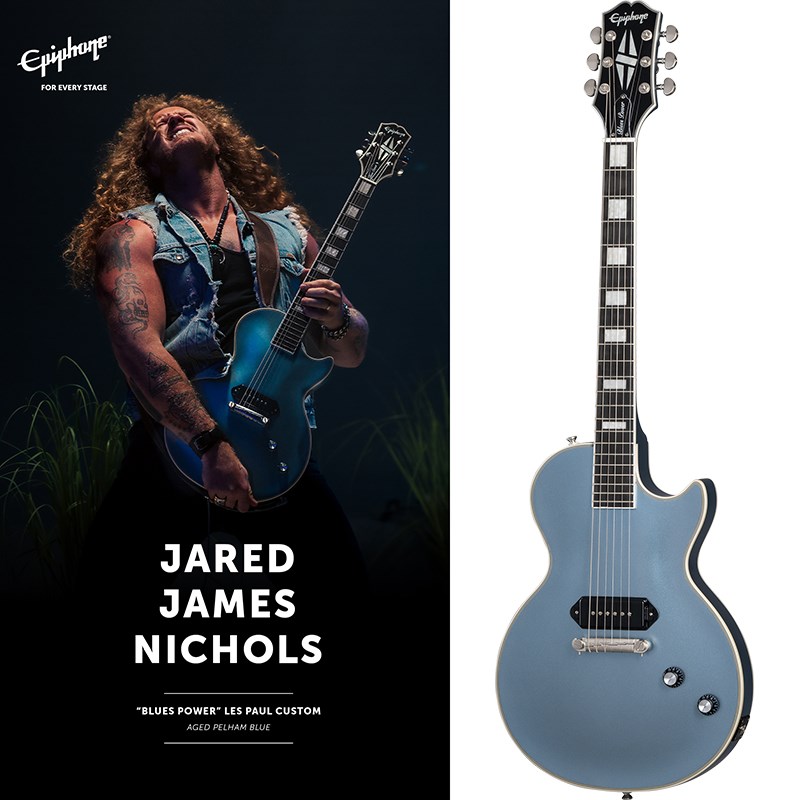 ■商品紹介Jared James Nichols Blues Power Les Paul Customジャレッド・ジェイムズ・ニコルズ ブルース・パワー レスポール・カスタムは、ギブソン・ブランド・アンバサダーであり、偉大なるレス・ポール氏と同郷（ウィスコンシン州出身）のルーツを持つ気鋭のブルーズマンの最新シグネチャー・モデルです。ジャレッド・ジェイムズ・ニコルズ ブルース・パワー レスポール・カスタムは、クラシックなレスポール・カスタムのスタイリングと外観、そして見事なエイジド・ペルハムブルー・フィニッシュが特徴的です。艶消し加工されたニッケル・ハードウェア、Grover Locking Rotomaticチューナー、安定したチューニングを可能にするラップアラウンド・ライトニング・バーブリッジを搭載。ブリッジ・ポジションにはSeymour Duncan Jared James Nichols Signature JJN P90 Silencerピックアップを1基搭載し、生々しいトーンとハムノイズのない出力を実現しています。EpiLiteケースが付属となります。※画像はサンプルです。製品の特性上、杢目、色合いは一本一本異なります。■仕様詳細BodyShape: Les PaulMaterial: MahoganyBinding: 7-ply Top， 5-ply Back and Headstock， Single Ply FretboardNeckNeck: MahoganyProfile: 50sNut width: 43mmFingerboard: EbonyScale length: 628.65mmNumber of frets: 22Nut: Graph Tech NuBoneInlay: Pearloid BlockHardwareBridge: Wraparound Lightning BarKnobs: Black Top Hats with Metal InsertsTuners: Grover Locking RotomaticPlating: Brushed NickelElectronicsBridge pickup: Seymour Duncan Jared James Nichols Signature JJN P90 SilencerControls:Master Volume， Master Tone; CTS Potentiometersギグケース付属検索キーワード：イケベカテゴリ_エレキギター_レスポールタイプ_Epiphone_ミュージシャンズ モデル_新品 SW_Epiphone_新品 JAN:4570155996580 登録日:2023/11/14 エレキギター エピフォン