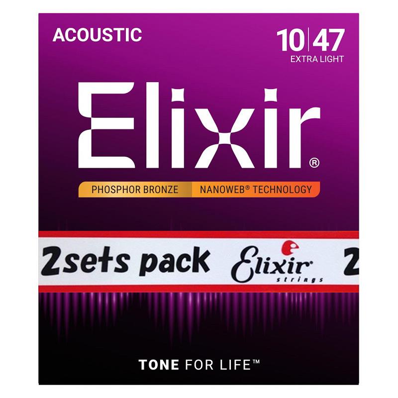 ■商品紹介お得な2セットパック！Acoustic Phosphor Bronze Guitar Strings with ultra-thin NANOWEB coating 16002 Extra Light超極薄ナノウェブコーティングを施したエリクサーは、高音質が従来の弦に比べると 3倍〜5倍は長持ちし、コーティング無しの弦の様なブライトで迫力のあるサウンドを実現。程良く押さえられたフィンガーノイズも魅力です。■ゲージ：010 014 023w 030w 039w 047w※ご注文はゲージ毎の2セット単位にて承ります。ご注文個数「2」の場合は4セットとなります。※パッケージデザインの変更に関しまして※2025年7月以降順次新デザインへと切り替わっており、一定期間においては新旧デザインが混在する可能性がございます。なお、いずれかをご指定いただくことはできませんので予めご了承くださいませ。検索キーワード：イケベカテゴリ_楽器アクセサリ_弦_アコギ弦_ELIXIR_新品 SW_ELIXIR_新品 JAN:4534853906692 登録日:2022/08/04 アコギ弦 アコースティック弦 エリクサー