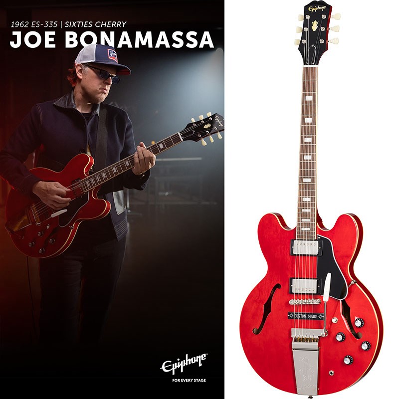 ■商品紹介ジョー・ボナマッサとエピフォンのコラボレーション。ジョー本人が強い思い入れを持つ 1962 ES-335 モデルが登場！ギターの世界では、ある特定のモデルが他のモデル以上に特別な輝きを放つことがあります。ジョー・ボナマッサのような世界的なギタリスト/ギターコレクターが所有しプレイしてきたモデルとなれば、そのモデルは特別感を帯びるようになるのです。1996年、ジョーは1962年製でレッド・フィニッシュのES 335を購入し、最初のソロアルバム A New Day Yesterday の収録で使用しました。ところが2001年、ニューヨークからロサンゼルスへの引っ越し資金のため、彼は泣く泣くそのギターを手放してしまいました。その後、ジョーの最初のアルバムから20周年となるタイミングで、偶然にも運命的な予期せぬ電話がジョーのもとにかかってきました。こうして、ファースト・ソロアルバムで活躍し西海岸での活動へと導いた、あのレッド・フィニッシュのES-335がジョーの手許に再び収まることとなりました。再び手に入れることができた幸運を噛みしめながら、ジョーは、生涯このギターを手許に置いておくことを誓いました。エピフォン ジョー・ボナマッサ 1962 ES-335は、伝説的ギタリストであるジョーと彼の愛器に敬意を表して製作されました。1ピース・マホガニー・ネック、インディアン・ローレル指板、丸みを帯びたラウンディドC ネックプロファイル、ギブソン バーストバッカー タイプ2/タイプ3 ピックアップ、CTSポテンショミーターとマロリー・キャパシター、スイッチクラフト製ピックアップ・セレクター・トグルスイッチとアウトプット・ジャック、マエストロ・バイブローラを搭載。エピフォンとジョー・ボナマッサのデザインが施された特製ハードケース、特製認定書が付属となります。※画像はサンプルです。製品の特性上、杢目、色合いは一本一本異なります。■仕様詳細BodyShape: ES-335Material: 5-ply Layered MapleTop: 5-ply Layered MapleWeight Relief: N/ABinding: Single Ply Cream; Top， Back， and FretboardNeckNeck: One Piece MahoganyProfile: Rounded CNut width: 1.69 / 43mmFingerboard: Indian LaurelScale length: 24.75 / 628.65mmNumber of frets: 22Nut: Graph TechInlay: Small BlockHardwareBridge: Epiphone Lock Tone Tune-O-MaticTailpiece: Maestro VibrolaTuners: Epiphone Deluxe with Double Ring ButtonsPlating: NickelElectronicsNeck pickup: Gibson BurstBucker 2Bridge pickup: Gibson BurstBucker 3Controls: 2Volume， 2Tone; CTS Potentiometers， Mallory Capacitors専用ハードケース付属検索キーワード：イケベカテゴリ_エレキギター_セミアコ_Epiphone_ミュージシャンズ モデル_新品 SW_Epiphone_新品 JAN:4580568430045 登録日:2022/10/06 エレキギター エピフォン