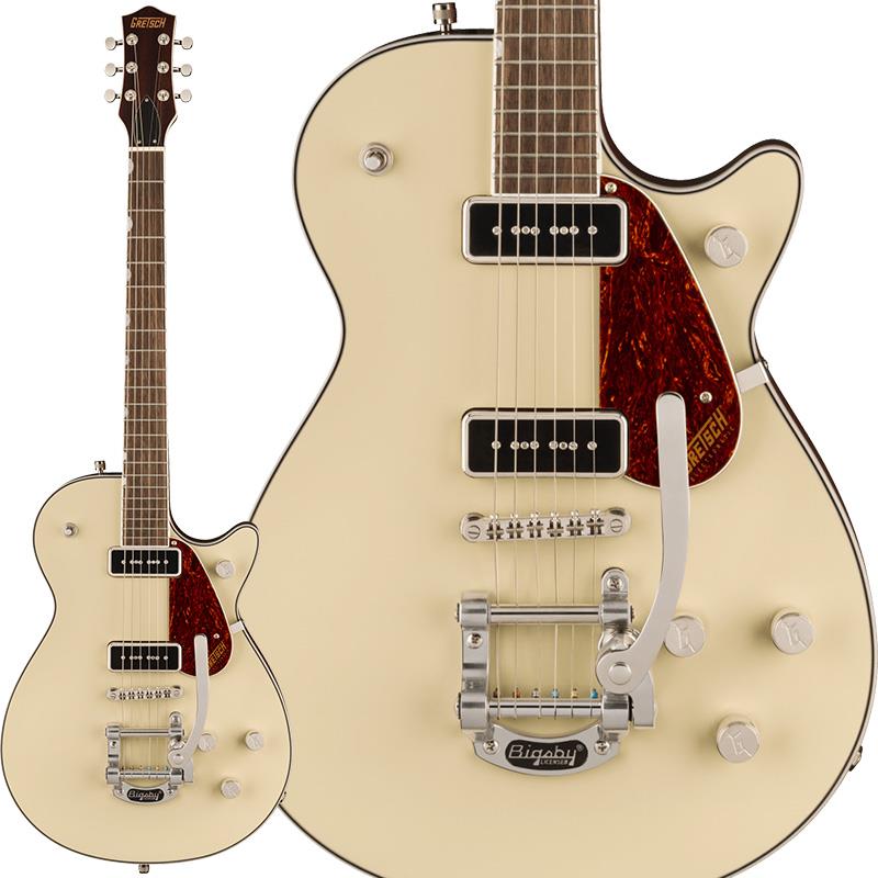 ■商品紹介Electromatic Jetは、無駄を一切排除した、完璧でピュア、そしてパワフルなGretschギターです。大胆でダイナミック、そして明瞭なグレッチ本来のサウンド、洗練されたスタイリング、そして快適な演奏性を備えた、ワンランク上の楽器を求めるプレイヤーに最適な楽器です。G5210T-P90 Electromatic Jet Two 90 Single-Cut with Bigsbyは、Jetのパワーと機能性をそのままに、お求めやすい驚くべき価格でご提供します。主な特徴：・力強いサウンドと優れた音響バランスを実現するメイプルトップのチェンバードマホガニーボディ・低めにセッティングされたThin Uマホガニーネック・12インチラジアスローレル指板、22本のミディアムジャンボフレットとパーロイドNeo-Classicサムネイルインレイ・新開発のP-90E Single-Coilピックアップを搭載・トレブルブリード回路付きマスターボリューム、マスタートーン、各ピックアップのボリュームコントロール・Bigsby B50 Vibratoテイルピース・固定式Adjusto-Maticブリッジ・ニッケルハードウェア※画像はサンプルです。製品の特性上、杢目、色合いは個体ごとに異なります。■仕様詳細BodyBody Shape: JetBody Material: MahoganyBody Finish: GlossBody Top: Arched MapleBody Binding: White with B/W PurflingBracing: ChamberedNeckNeck Material: MahoganyNeck Finish: GlossNeck Shape: Thin UFingerboard Radius: 12 (305 mm)Neck Construction: Set-NeckFingerboard: LaurelPosition Inlays: Pearloid Neo-Classic ThumbnailNumber of Frets: 22Fret Size: Medium JumboString Nut: Synthetic BoneNut Width: 1.6875 (42.86 mm)Nut Material: Synthetic BoneScale Length: 24.6 (625 mm)HardwareBridge: Adjusto-MaticControl Knobs: G-ArrowHardware Finish: NickelTuning Machines: Die-Cast SealedStrings: Nickel Plated Steel (.010-.046 Gauges)Pickguard: Cream Plexi with Gold Gretsch LogoSide Dots: BlackElectronicsBridge Pickup: P-90E Single-CoilNeck Pickup: P-90E Single-CoilPickup Switching: 3-Position TogglePosition 1. Bridge PickupPosition 2. Bridge And Neck PickupsPosition 3. Neck PickupControls: Volume 1. (Neck Pickup)， Volume 2. (Bridge Pickup)， Master Volume， Master Toneソフトケース付属検索キーワード：イケベカテゴリ_エレキギター_その他_GRETSCH_Jet_新品 SW_GRETSCH_新品 JAN:0717669878399 登録日:2026/09/25 エレキギター グレッチ ジェット