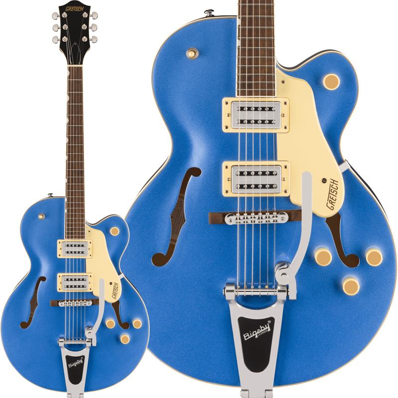 ■商品紹介リフレッシュされたStreamliner Collectionは、Gretschギターの輝かしい過去の要素を再訪し、エキサイティングな新機能と組み合わせることで、優れたパフォーマンス、サウンド、スタイルを驚くべき価値で提供します。G2420T Streamliner Hollow Body Single-Cut with Bigsbyは、高次元のサウンドとパフォーマンスを求める現代のギタリストのために設計されています。G2420Tはモダンなサウンド、最新のエレクトロニクス、正真正銘のエレガントなスタイリングをフィーチャーし、That Great Gretsch Sound!を体現する、大胆なプレイヤーの欲求を満たすギターです。G2420T Streamliner Hollow Body Single-Cut with Bigsbyは、豊かな響きと深いレゾナンス、スケール感のあるビッグボディサウンドを実現するパラレルトーンバーを備えたフルホロウ構造のアーチドメイプルボディを採用しています。G2420Tは、新開発のBroad'Tron BT-3Sピックアップを搭載しています。アルニコ5とアルニコ2を組み合わせたマグネットを採用し、力強いミッドレンジ、タイトでふくよかなローエンド、スムーズでクリアなハイエンドがバランス良く得られ、音楽的な響きを放つピックアップです。Streamlinerのパワフルなサウンドは、ネックとブリッジピックアップのボリュームコントロール、マスタートーンコントロール、マスターボリュームコントロール、3ウェイピックアップスイッチングという伝統的なコントロールレイアウトによって引き出されます。マスターボリュームコントロールにPush/Pullポットを内蔵することでコイルスプリットが可能となり、シングルコイルサウンドに切り替えることが可能です。すでに強力なサウンドパレットにさらなるトーンオプションが得られます。※画像はサンプルです。製品の特性上、杢目、色合いは個体ごとに異なります。■仕様詳細Body Material: Laminated MapleBody Finish: GlossNeck: Nato， Soft CNeck Finish: GlossFingerboard: Laurel， 12 (305 mm)Frets: 22， Medium JumboPosition Inlays: Pearloid Neo-Classic Thumbnail (Laurel)Nut (Material/Width): Bone， 1.6875 (42.86 mm)Tuning Machines: Die-Cast SealedScale Length: 24.75 (629 mm)Bridge: Adjusto-MaticPickguard: 3-Ply Black (552)， 3-Ply Tortoise with Gold Gretsch Logo (570)Pickups: Broad’Tron BT-3S (Bridge)， (Middle)， Broad’Tron BT-3S (Neck)Pickup Switching: 3-Position Toggle: Position 1. Bridge Pickup， Position 2. Bridge and Neck Pickups， Position 3. Neck PickupAuxiliary Switching: Push/Pull Pot (for Coil Split)Controls: Volume 1. (Neck Pickup)， Volume 2. (Bridge Pickup)， Master Tone， Master Volume with Push/Pull for Coil SplitControl Knobs: Gretsch Radio KnobHardware Finish: NickelStrings: Nickel Plated Steel (.010-.046 Gauges)ソフトケース付属検索キーワード：イケベカテゴリ_エレキギター_フルアコ_GRETSCH_Streamliner_新品 SW_GRETSCH_新品 JAN:0885978036943 登録日:2025/12/25 エレキギター グレッチ ストリームライナー
