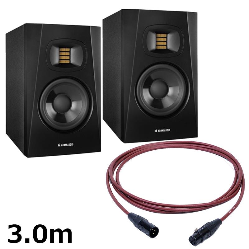 ■商品紹介【セット内容】・T5V：2個（JAN：4260113133668）・PASSGO RED XLR Cable (3.0m)：2個（JAN：4580210600499）【T5V】★高性能かつコストパフォーマンスに優れたTシリーズモニターT5Vは非常に手頃な価格の2ウェイ・モニターで、自宅スタジオや小規模なコントロールルームに最適な製品です。T5Vは5インチのウーファーを搭載しており、45 Hzまで伸びた低域再生能力を持っています。新たに開発されたU-ARTツイーターは、25kHzまでの高域が再生可能で、高解像度が求められるレコーディングやミキシング作業にも対応しています。U-ARTツイーターには、ADAM AudioのフラッグシップSシリーズモニターでも使用されているHPS（High-frequency Propagation System）と同様のウェーブガイドが使用されており、高域における均一な放射特性が実現されることで、非常に広いスイートスポットを提供します。これにより、限られたリスニングポジションに縛られることなく、自由に作業を行うことができます。フロントに面取りが施されたキャビネットにはリア・ファイアリング型のバスレフポートがついており、そのコンパクトなサイズによって、スペースの限られた場所でも問題なく使用することができます。クロスオーバーとイコライジングは内蔵されたDSPによって制御され、入力部にはRCAとXLRのアナログ接続が用意されています。ウーファー用の50WクラスDアンプとU-ARTツイーター用の20WクラスDアンプを搭載したT5Vは、ペアで最大106dBのSPLを再生可能です。優れた音響特性、コンパクトなサイズ、そしてその並外れたコストパフォーマンスにより、音楽、映像、放送制作における小規模なコントロールルームでの使用に最適です。よりディープな帯域のモニタリングには、ADAM Sub7およびSub8サブウーファーと組み合わせて使用することをお勧めします。●高性能かつコストパフォーマンスに優れたモニターADAM Audioの新しいTシリーズは、高性能かつコストパフォーマンスに優れた、プロフェッショナルな2ウェイ・パワードスタジオモニターです。5インチウーファーを搭載したT5V、そして7インチウーファーを搭載したT7Vの2モデルから成り立っており、両モデルとも同じU-ART（Unique Accelerated Ribbon Tweeter）高域ドライバーを採用しています。面取りの施されたキャビネット設計、リア・ファイアリング型バスレフポート、内蔵DSPによるクロスオーバーとイコライゼーションの制御、そしてRCAとXLRに対応したマルチウェイ・アナログ接続が特徴です。T5VおよびT7VはADAM Sub7およびSub8サブウーファーと組み合わせて使用することが可能です。幅広い周波数特性、高ダイナミックレンジ、優れたトランジェントレスポンス、そして広いスイートスポットを提供するTシリーズは、そのコンパクトなサイズを凌駕する優れた性能を備えています。音楽制作、映像ポストプロダクション、放送制作などの小規模なコントロールルームでの使用に適しています。コストパフォーマンスに非常に優れた価格設定により、Tシリーズのモニターは予算に限りのあるプロジェクトにも最適な選択肢です。●HPSウェーブガイドを備えた新開発のU-ARTツィーターADAM Audioのフラッグシップ製品であるSシリーズで採用されている多くの技術革新が、Tシリーズにも活用されています。Tシリーズの新しい1.9インチU-ARTツイーターは、AXシリーズおよびSシリーズでそれぞれ採用されているADAM Audioの象徴的なX-ARTおよびS-ARTツイーター技術がそのデザインのベースとなっています。U-ARTツイーターには、ADAM AudioのフラッグシップSシリーズモニターでも使用されているHPS（High-frequency Propagation System）と同様のウェーブガイドが使用されており、高域における均一な放射特性が実現されています。●新しいクラスDアンプとDSP制御によるルームEQTシリーズモニターの両機種には、新しいクラスDアンプ（ツイーター用に20W、ウーファー用に50W）、ユニバーサル電源、そしてSシリーズの開発で確立された内蔵DSP技術に由来するクロスオーバー設計が搭載されています。T5VとT7Vのリアパネルには、XLRコネクタとRCAジャックが設備されており、それぞれ+ 4dBuのバランス入力と-10dBVのアンバランス入力に対応しています。入力の切り替えは、同じくリアパネルに設けられた切替えスイッチによって行うことができます。ユニバーサル電源の搭載により、T5VおよびT7Vは100240 V、5060 HzのAC電圧に自動的に対応することが可能です。これらの機能により、Tシリーズモニターは世界中のレコーディングシステムに容易に接続することができ、DAWインタフェースとの接続においても、バランス型、アンバランス型を問わず使用することができます。ルームEQには2つの3段切替えスイッチが用意されており、フラットな設定の他に、それぞれ低域と高域を±2 dBでブースト／カットすることができます。このルームEQ機能を使用することで、棚、テーブルトップ、コンソールブリッジといった様々な設置場所に適応するよう周波数特性を調整することができ、また、近接した壁からの影響に対しても性能を微調整することができます。■T5Vの技術仕様◎ウーファー個数:1バスケット直径:127mm / 5inchコーン材質:ポリプロピレン◎ツイーター個数：1タイプ：U-ARTダイアフラム面積:2420mm2 / 4inch2同等ダイアフラム直径:48mm / 1.9inch速度変換比率: 4:1ダイアフラム重量:0.17gウェーブガイド:HPS◎内蔵アンプ個数:2ウーファー:1タイプ:PWM出力（RMS):50Wツイーター:1タイプ:PWM出力（RMS):20W◎コントロール入力感度:スイッチ切替え +4dBu/-10dBVゲイン:Yes高域シェルビングEQ:-2dB， 0dB， +2dB低域シェルビングEQ:-2dB， 0dB， +2dB◎入力コネクタアナログ:XLR， RCA入力インピーダンス:10kOhm / 20kOhm◎一般データパネル:背面周波数特性:45Hz~25kHzTHD ＞ 80Hz:0.5%最大SPL@1m（ペア）:≧106dBクロスオーバー周波数:3kHz最大消費電力:132W重量:5.7kg寸法（HxWxD):298 x 179 x 297mm保証:2年間（延長保証有り）付属品:パワーコード、クイックスタートガイド【PASSGO RED XLR Cable】【PASSGO RED Cable】音を繋ぐ。まっすぐ通す。■高品質と優れた価格バランスを追求した、PASSGO Cableのスタンダードライン「パスゴーレッド」PASSGO REDは、手頃な価格ながら高品質で、音楽制作からライブまで幅広いシーンで安心して使用できる、扱いやすいスタンダードケーブルです。導体には純度99.99%以上の第一種OFC（高純度無酸素銅C1011）と、純度99.96%以上のOFCを組み合わせたハイブリッド構造を採用。2種類のOFCを撚り合わせることで、低域から高域までバランスの取れた自然な音の伝達と、スムーズな信号伝送を実現しました。ボーカルやギターなどの楽器レコーディングはもちろん、音楽制作、ライブ、DJ、ストリーミング、オーディオリスニングまで、さまざまな用途に対応する扱いやすいスタンダードケーブルです。ケーブルカラーには深紅（クリムゾン）を採用。ラメを散りばめた外装により、ライブや制作現場でも他のケーブルと識別しやすいデザインとなっています。ケーブルの柔軟性や手触りにもこだわり、取り回しの良いしなやかな質感に仕上げています。■【製品仕様(ラインナップ別)】・MICROPHONE CABLE（マイクロフォンケーブル/ラインケーブル/モニタースピーカーケーブル/バランスケーブル）導体：2種類のOFCハイブリッド構成スケア数（1芯あたり)：0.22sqmm絶縁体：LDPE芯数：2シールド：導電性PVC+横巻シールドジャケット：PVC外径：5.5mmXLRプラグ：REAN XLR 金メッキTRSプラグ：6.3mm-3極 金メッキに樹脂ボディ長さ：1.5m， 3.0m， 5.0m， 7.0m， 10m※製品の仕様・外観は予告なく変更となる場合がございます。※本製品はパッケージ（ビニール袋）開封後（切断後）の返品・交換はお受けできません。恐れ入りますが、ご購入前に仕様をご確認ください。検索キーワード：イケベカテゴリ_レコーディング_モニタースピーカー_モニタースピーカー_ADAM_新品 SW_ADAM_新品 登録日:2026/05/05 モニタースピーカー スタジオモニター アダム アダムオーディオ