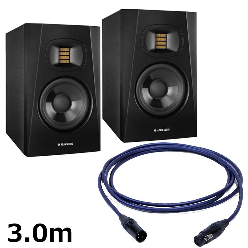 ■商品紹介【セット内容】・T5V：2個（JAN：4260113133668）・PASSGO BLUE XLR Cable (3.0m)：2個（JAN：4580210600734）【T5V】★高性能かつコストパフォーマンスに優れたTシリーズモニターT5Vは非常に手頃な価格の2ウェイ・モニターで、自宅スタジオや小規模なコントロールルームに最適な製品です。T5Vは5インチのウーファーを搭載しており、45 Hzまで伸びた低域再生能力を持っています。新たに開発されたU-ARTツイーターは、25kHzまでの高域が再生可能で、高解像度が求められるレコーディングやミキシング作業にも対応しています。U-ARTツイーターには、ADAM AudioのフラッグシップSシリーズモニターでも使用されているHPS（High-frequency Propagation System）と同様のウェーブガイドが使用されており、高域における均一な放射特性が実現されることで、非常に広いスイートスポットを提供します。これにより、限られたリスニングポジションに縛られることなく、自由に作業を行うことができます。フロントに面取りが施されたキャビネットにはリア・ファイアリング型のバスレフポートがついており、そのコンパクトなサイズによって、スペースの限られた場所でも問題なく使用することができます。クロスオーバーとイコライジングは内蔵されたDSPによって制御され、入力部にはRCAとXLRのアナログ接続が用意されています。ウーファー用の50WクラスDアンプとU-ARTツイーター用の20WクラスDアンプを搭載したT5Vは、ペアで最大106dBのSPLを再生可能です。優れた音響特性、コンパクトなサイズ、そしてその並外れたコストパフォーマンスにより、音楽、映像、放送制作における小規模なコントロールルームでの使用に最適です。よりディープな帯域のモニタリングには、ADAM Sub7およびSub8サブウーファーと組み合わせて使用することをお勧めします。●高性能かつコストパフォーマンスに優れたモニターADAM Audioの新しいTシリーズは、高性能かつコストパフォーマンスに優れた、プロフェッショナルな2ウェイ・パワードスタジオモニターです。5インチウーファーを搭載したT5V、そして7インチウーファーを搭載したT7Vの2モデルから成り立っており、両モデルとも同じU-ART（Unique Accelerated Ribbon Tweeter）高域ドライバーを採用しています。面取りの施されたキャビネット設計、リア・ファイアリング型バスレフポート、内蔵DSPによるクロスオーバーとイコライゼーションの制御、そしてRCAとXLRに対応したマルチウェイ・アナログ接続が特徴です。T5VおよびT7VはADAM Sub7およびSub8サブウーファーと組み合わせて使用することが可能です。幅広い周波数特性、高ダイナミックレンジ、優れたトランジェントレスポンス、そして広いスイートスポットを提供するTシリーズは、そのコンパクトなサイズを凌駕する優れた性能を備えています。音楽制作、映像ポストプロダクション、放送制作などの小規模なコントロールルームでの使用に適しています。コストパフォーマンスに非常に優れた価格設定により、Tシリーズのモニターは予算に限りのあるプロジェクトにも最適な選択肢です。●HPSウェーブガイドを備えた新開発のU-ARTツィーターADAM Audioのフラッグシップ製品であるSシリーズで採用されている多くの技術革新が、Tシリーズにも活用されています。Tシリーズの新しい1.9インチU-ARTツイーターは、AXシリーズおよびSシリーズでそれぞれ採用されているADAM Audioの象徴的なX-ARTおよびS-ARTツイーター技術がそのデザインのベースとなっています。U-ARTツイーターには、ADAM AudioのフラッグシップSシリーズモニターでも使用されているHPS（High-frequency Propagation System）と同様のウェーブガイドが使用されており、高域における均一な放射特性が実現されています。●新しいクラスDアンプとDSP制御によるルームEQTシリーズモニターの両機種には、新しいクラスDアンプ（ツイーター用に20W、ウーファー用に50W）、ユニバーサル電源、そしてSシリーズの開発で確立された内蔵DSP技術に由来するクロスオーバー設計が搭載されています。T5VとT7Vのリアパネルには、XLRコネクタとRCAジャックが設備されており、それぞれ+ 4dBuのバランス入力と-10dBVのアンバランス入力に対応しています。入力の切り替えは、同じくリアパネルに設けられた切替えスイッチによって行うことができます。ユニバーサル電源の搭載により、T5VおよびT7Vは100240 V、5060 HzのAC電圧に自動的に対応することが可能です。これらの機能により、Tシリーズモニターは世界中のレコーディングシステムに容易に接続することができ、DAWインタフェースとの接続においても、バランス型、アンバランス型を問わず使用することができます。ルームEQには2つの3段切替えスイッチが用意されており、フラットな設定の他に、それぞれ低域と高域を±2 dBでブースト／カットすることができます。このルームEQ機能を使用することで、棚、テーブルトップ、コンソールブリッジといった様々な設置場所に適応するよう周波数特性を調整することができ、また、近接した壁からの影響に対しても性能を微調整することができます。■T5Vの技術仕様◎ウーファー個数:1バスケット直径:127mm / 5inchコーン材質:ポリプロピレン◎ツイーター個数：1タイプ：U-ARTダイアフラム面積:2420mm2 / 4inch2同等ダイアフラム直径:48mm / 1.9inch速度変換比率: 4:1ダイアフラム重量:0.17gウェーブガイド:HPS◎内蔵アンプ個数:2ウーファー:1タイプ:PWM出力（RMS):50Wツイーター:1タイプ:PWM出力（RMS):20W◎コントロール入力感度:スイッチ切替え +4dBu/-10dBVゲイン:Yes高域シェルビングEQ:-2dB， 0dB， +2dB低域シェルビングEQ:-2dB， 0dB， +2dB◎入力コネクタアナログ:XLR， RCA入力インピーダンス:10kOhm / 20kOhm◎一般データパネル:背面周波数特性:45Hz~25kHzTHD ＞ 80Hz:0.5%最大SPL@1m（ペア）:≧106dBクロスオーバー周波数:3kHz最大消費電力:132W重量:5.7kg寸法（HxWxD):298 x 179 x 297mm保証:2年間（延長保証有り）付属品:パワーコード、クイックスタートガイド【PASSGO BLUE XLR Cable】【PASSGO BLUE Cable】音をダイレクトに繋ぐ。表現をさらに前へ。■ 高音質と演奏者の思い描くサウンドを両立した、PASSGO Cableのハイパフォーマンスライン「パスゴーブルー」PASSGO BLUEは、銀メッキ軟銅線と純度99.96%以上の無酸素銅（OFC）を組み合わせたハイブリッド導体を採用。バランスの取れた中低域に加え、銀メッキ導体によるスムーズな高域の伸びを実現し、音楽性とダイレクトな信号伝送を両立しました。スムーズな高域の伸びは、ボーカルやギターなどの楽器のニュアンスを自然に伝え、演奏者が思い描く音をより正確に表現します。シールドには乱れにくい編組シールドを採用し、約95%のノイズ遮蔽率を確保。外来ノイズの影響を抑え、安定した信号伝送を可能にしています。ライブ、レコーディング、DJ、ストリーミング、オーディオリスニングなど、さまざまな用途でワンランク上のレコーディングクオリティを提供します。ケーブルカラーには落ち着きのある濃紺（ネイビー）を採用。ラメを散りばめた外装により、識別しやすく、使用環境にもマッチしたデザインです。また、ケーブルの柔軟性や手触りにもこだわり、取り回しの良いしなやかな質感に仕上げています。■【製品仕様(ラインナップ別)】・MICROPHONE CABLE（マイクロフォンケーブル/ラインケーブル/モニタースピーカーケーブル/バランスケーブル）導体：銀メッキ銅線とOFCのハイブリッド構成スケア数(1芯あたり)：0.33sqmm絶縁体：LDPE芯数：2シールド：導電性PVC+編組シールドジャケット：PVC外径：6.0mmXLRプラグ：Neutrik XLR 金メッキTRSプラグ：金メッキ 6.3mm-3極 に真鍮スリーブ長さ：1.5m， 3.0m， 5.0m， 7.0m， 10m※製品の仕様・外観は予告なく変更となる場合がございます。※本製品はパッケージ（ビニール袋）開封後（切断後）の返品・交換はお受けできません。恐れ入りますが、ご購入前に仕様をご確認ください。検索キーワード：イケベカテゴリ_レコーディング_モニタースピーカー_モニタースピーカー_ADAM_新品 SW_ADAM_新品 登録日:2026/05/05 モニタースピーカー スタジオモニター アダム アダムオーディオ