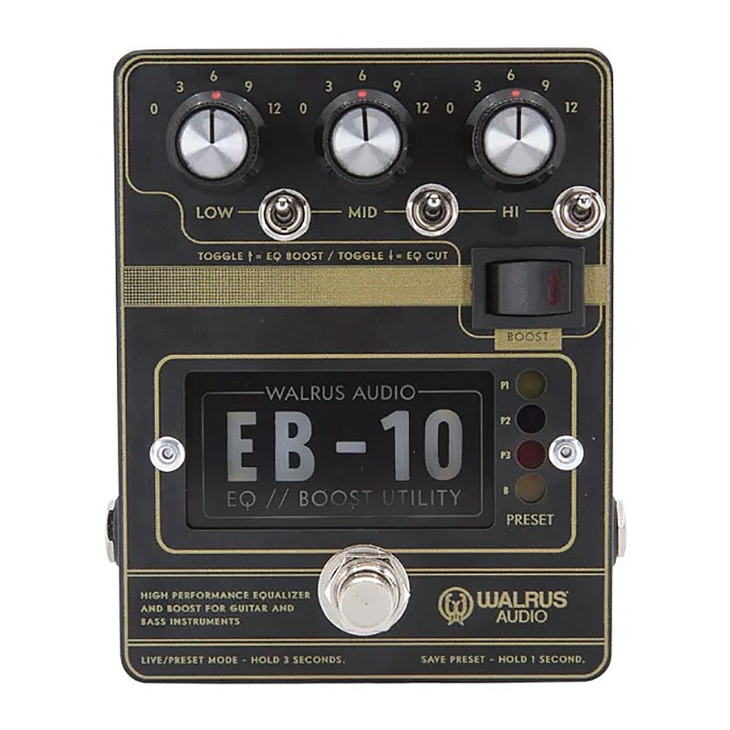 ■商品紹介EB-10はEQ、ブーストの機能を持ち、プリセット機能を使用してライブでもレコーディングスタジオ級のサウンドを実現することができるペダルです。幅広い調整のできるEQはブースト／カットの選択ができるので、各帯域ごとに9段階の調整が可能となります中でもMIDは内部のトリムポッドを使ってさらに細かいセッティングが可能です。プリセットモードでは3つのセッティングを保存することができるので、ライブでより実践的なペダルです。電源：9VDC センターマイナス（アダプター専用）SIZE：9.3cm X 11.8cm X 6cm（突起物含む）検索キーワード：イケベカテゴリ_エフェクター_ギター用エフェクター_プリアンプ_WALRUS AUDIO_新品 SW_WALRUS AUDIO_新品 JAN:0810424031838 登録日:2019/11/09 エフェクター コンパクトエフェクター ストンプボックス ウォルラスオーディオ ウォルラス