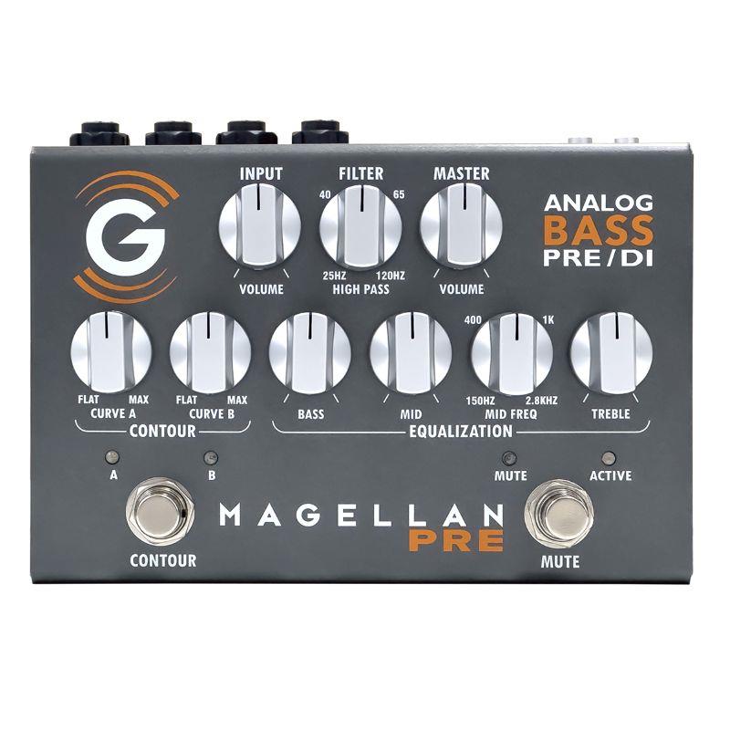 ■商品紹介オールアナログ仕様のベースプリアンプ/DI・ペダルMAGELLAN PRE/DI PEDAL (MG-PRE-PEDAL)は、オールアナログ仕様のベースプリアンプ/DI・ペダルです。ベースアンプ「MAGELLAN」シリーズのトーンと多用途性のすべてをコンパクトで軽量なペダルのフォーマットに取り込みました。MG-PRE-PEDALは、ワイドレンジ入力ゲインコントロール、スウィープ可能なMID FREQを備えた3バンドイコライザー、独自のフットスイッチ式デュアルカーブ調整可能なCONTOUR回路、フットスイッチ式ミュート回路、Aux入力、ヘッドフォン出力、バランス/アンバランスメイン出力、バランスXLRダイレクト出力などの機能を備えています。MG-PRE-PEDALは、4-OTF-PEDAL、CRASH BOX 4、RE-Q-PEDALなど、Genzlerのペダルとの相性も抜群です。【特徴】■ワイドレンジ入力回路■入力/マスター・ボリューム・コントロール■可変ハイパスフィルター■CURVE A/Bと切り替えが可能なデュアルCONTOUR■プリアンプ出力-パワーアンプを駆動可能■AUX入力■スタジオクオリティのダイレクトアウト回路（プリ/ポスト、GNDリフト付)【機能】■入力ボリュームプリアンプの入力信号レベルを設定します。POST-EQ モードで使用する場合はダイレクトアウトの出力レベルに影響します。このコントロールは、MASTER VOLUMEと併用して、プリアンプ出力とヘッドフォン出力全体の出力レベルを設定することもできます。■ハイパスフィルターノブ入力信号のローカットオフの 周波数を調整します。 時計回りに回すと低域がカットされ、信号の伸びを抑えることができます。■マスターボリュームプリアンプ出力とヘッドフォン出力への出力音量を調整します。プリ／ポストEQ モードでは、ダイレクトアウトへの音量には影響しません。■CONTOUR2つの異なるレスポンスカーブを調節できます。CURVE A，B どちらのポジションでも、コントロールポジションが完全にオフの場合、レスポンスカーブはフラットになります。CURVE A: 中域をカットしながら低域と高域をブーストするプリシェイプカーブ。クラシックからモダンなサウンドに対応します。CURVE B: 減衰された高音域と高音域可変プリシェイプカーブ、及び最も低いベース周波数のわずかなロールオフ。ツイーター搭載のビンテージアンプやビンテージキャビネットに最適です。■イコライゼーション3バンドイコライザーおよび可変パラメトリック中域周波数コントロールを備えています。■CONTOURスイッチフットスイッチを押すとCURVE AとCURVE Bと交互に切り替わります。■ミュートスイッチINSTRUMENT INPUTの信号をミュートするために使用します。フットスイッチを押すと、MUTEとACTIVEと交互に切り替わります。■ダイレクトアウトミキサーやオーディオインターフェースに信号を送信する際に使用します。SOURCE スイッチでPRE-EQとPOST-EQを切り替えます。また、PIN 1（グランドリフト）スイッチにより、プリアンプと外部デバイス間のグランドループによるノイズを除去することも可能です。■DC IN 端子9V 〜 18Vのセンタープラスまたはセンターマイナスで正常に機能します。高出力のベースの場合、12V以上の電源を使用することをお勧めします。18Vでは、最も高いヘッドルームと出力が得られます。■ヘッドフォン出力ヘッドフォン接続が可能です。■プリアンプ出力プリアンプの信号を他の外部機器に出力するために使用します。TSケーブルでアンバランス出力、TRSケーブルでバランス出力が可能です。■AUX入力CD/mp3プレイヤーなどの接続に用います。■CONTOURスイッチ1/4 アンバランスインプット。不要なノイズを除去するためのRFIフィルター付きFET入力アンプ回路を搭載しています。■仕様詳細【仕様】■型番: MG-PRE-PEDAL■電源: DC9V?18V（ローノイズタイプ），両極性，80mA■入力インピーダンス: ＜1MΩ■入力感度: -10dBu?-20dBu((instrument level)■最大入力感度: ＞0dBu以上(9V電源) +5dBu以上(12V電源) +10dBu以上(18V電源)■ハイパスフィルター: 25Hz?120hz、18dB/oct■EQフィルターポイントLOW: 75Hz以下で+/-15dBのシェルビングMID: 150Hz?2.8kHz間で+/-15dBのピークディップ 6kHz以上で+/-15dBのシェルビング■PREAMP出力インピーダンス: 1kΩ(アンバランス) / 2kΩ(バランス)■PREAMP出力レベル: -10dBu?+4dBu（ラインレベル）■PREAMP出力レベル(アンバランス最大): +8dBu(9V電源) +12dBu(12V電源) +16dBu(18V電源)■PREAMP出力レベル(バランス最大): +14dBu(9V電源) +18dBu(12V電源) +22dBu(18V電源)■ダイレクト出力レベル: -30dBuバランス（マイクレベル）■ダイレクト出力インピーダンス: 2kΩ(バランス)■AUX入力インピーダンス: 10KΩ(バランス)■AUX入力レベル; -10dBu/ 最大+10dBu　ステレオ(モノラル合計)■ヘッドフォン出力: 8Ω■寸法: W152 x D110 x H63 mm■重量: 0.5kg検索キーワード：イケベカテゴリ_エフェクター_ベース用エフェクター_ベース用ディストーション・オーバードライブ_GENZLER_新品 SW_GENZLER_新品 JAN:4562142241605 登録日:2026/03/23 ベースアンプ ベース用アンプ ゲンツラー