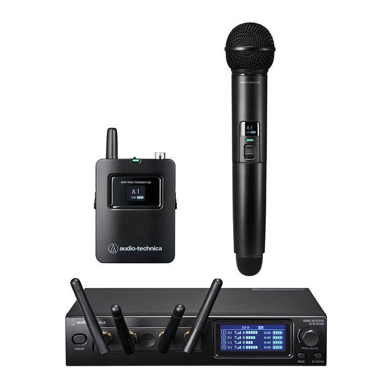 ■商品紹介2chコンボシステムセットの構成：4chレシーバー ATW-R1440 ×1、ボディパックトランスミッター：ATW-T1401 ×1、ハンドヘルドトランスミッター ATW-T1402 ×1■4chレシーバー：ATW-R1440●1Uハーフで4チャンネル出力を実現●ネットワーク対応●マルチペアリングに対応1台のレシーバー1chに最大4台のトランスミッターを事前登録できます。トランスミッターの電源ON/OFFだけでレシーバーと自動接続。毎回ペアリングを行う必要がなく、スムーズなトランスミッターの持ち替えが可能です。また 専用ソフトウェア Wireless Manager でも設定することができます。●Ch4はMIX出力として使用可能●トランスミッターの設定はレシーバーからリモートコントロール可能●専用ソフトウェア Wireless Manager によるRFスキャン●HDモードと標準モードの切り替えが可能●2.4GHz帯の中で最大20チャンネルの同時使用が可能レシーバーを5台接続することで、HDモードでは最大20チャンネルの同時使用が行えます。また、標準モードでは最大10チャンネルの同時使用が可能です。●誤動作を防止するオートロック機能に対応●Syslogの利用が可能障害発生時や受信レベル低下時に通信データを出力できるため、電波環境の調査や安定運用のサポートに活用できます。●ラックマウントアングル付属ラックマウントアダプターはレシーバー2台を連結するジョイントプレートとして使用できます。●レシーバーユニットは外部設置可能で幅広い用途に対応室内の天井や壁、さらに別の部屋へ展開できるなど場所を選ばず設置可能。レイアウトの柔軟性を高め、さらに安定した音声通信を実現します。＊レシーバーユニットに接続するLANケーブルはCat.5のストレートタイプを使用し、長さは100m以下にしてください。●使用周波数をコーディネートするリンク接続リンク接続で最大5台までレシーバーを接続可能。レシーバー間の通信フレームの同期を取り、多チャンネル運用時の安定を確保します。●専用ソフトウェア Wireless Manager でトータル管理が可能■ボディパックトランスミッター：ATW-T1401●24bit/48kHzのハイビットレートで高音質を実現●2ch充電器 ATW-CHG3a/A・ATW-CHG3Na/A で充電可能●充電式電池を採用し、長時間の使用でもストレスフリー●ミュートスライドスイッチ●有機ELディスプレイ●ダイバーシティ方式により、安定した音声通信を実現●ボディパックトランスミッターの内部に、2本のアンテナを搭載●最大約15時間の運用が可能●cWコネクター入力はマイクロホンと楽器に両対応するMIC/INST設定が可能■ハンドヘルドトランスミッター：ATW-T1402●24bit/48kHzのハイビットレートで高音質を実現●専用ダイナミックユニットを搭載した、アナログ部にもこだわった高音質設計です●2ch充電器 ATW-CHG3a/A・ATW-CHG3Na/A で充電可能●充電式電池を採用し、長時間の使用でもストレスフリー●ミュートスライドスイッチ●有機ELディスプレイ●ダイバーシティを搭載し、安定した音声通信が可能●最大約18時間の運用が可能●ハンドリングノイズを低減■システム仕様通信周波数帯：2，402〜2，480MHzダイナミックレンジ：120dB(A-weighted)，typical全高調波歪率：＜ 0.05%，typical動作範囲*1：60m　＊1 干渉信号のない開けた環境。システム周波数特性*2：20〜20，000Hz　＊2 取り付けるマイクロホンにより異なります。遅延：Standard: 2.8ms/HD mode: 6.7msオーディオサンプリング周波数：Standard: 24bit/48kHz/HD mode: 24bit/48kHz暗号化方式：AES128最大同時使用*3：Standard：10チャンネル/HD mode：20チャンネル　*3 地域や環境によって異なります。検索キーワード：イケベカテゴリ_レコーディング_マイク_ワイヤレスマイク_audio-technica_新品 SW_audio-technica_新品 JAN:4961310161460 登録日:2024/09/19 ワイヤレスマイク オーディオテクニカ
