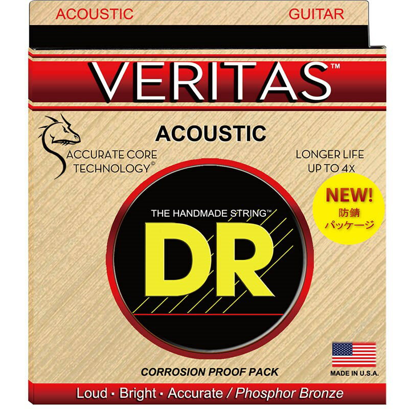 ■商品紹介Acoustic Guitar Strings VERITASNAMM SHOW 2016にて発表になったDRの新アコースティック弦「VERITAS」！VERITASはDR独自の技術Accurate Core Technology (ACT)でコア材を極限まで研磨し、独自配合のフォスファーブロンズをハンドワウンドした今までにない新しいアコースティック弦です。コア表面を均一にすることでよりタイトにワウンドすることが可能になり、汚れや汗の侵入を阻止。また、より自然な振動を実現。これによりアンコーティングながら長寿命で、タッチレスポンスがよく、ダイナミックなサウンドから、繊細なプレイニュアンスまで表現でき、分離のよいサウンドを実現また、変速チューニングでも驚くほどピッチが安定する弦に仕上がりました。多数の海外アーティストから絶賛の声！I can play 4 or more concerts with one set of VERITAS. I used to play one concert with other strings，「今までの弦だと1 ステージごとに交換していたけど、VERITASならなんと 4ステージ以上もつんだ」 -Stefan Grossma-Amazed these strings last so long and are not coated，「本当に驚いたよ。この寿命の長さとアンコーテッドという事実にね。 -Happy Traum-Accurate Core Technology (ACT)とは…DRが独自に開発した技術で、ワウンド前のコア材を極限まで研磨し、表面の不均一性を取り除き、より正確な状態のコアにすることで、より自然な振動を促すと共に、DR の高いハンドワウンド技術によって、よりタイトにコアに対してワウンド材を巻きつけることが可能になりました。これにより、弦のゲージはそのままに、弦の密度（重量）を上げることが可能となり、通常のチューニングはもちろん、ドロップダウン等の変速チューニングの際の高い安定性を実現しました。この度、特許申請が完了したため、公表となった技術ですが、既にラインナップ済のDDT シリーズにも同じ技術が採用されています。■品番/ゲージ：・VTA-10/10-14-22-30-38-48検索キーワード：イケベカテゴリ_楽器アクセサリ_弦_アコギ弦_DR_新品 SW_DR_新品 JAN:0600781006460 登録日:2016/03/09 アコギ弦 アコースティック弦