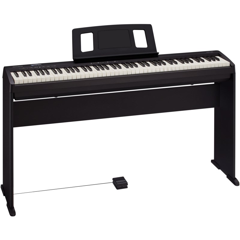 ■商品紹介FP-10-BK＋KSCFP10-BK　専用スタンドセット※宅配便での玄関先までのお届けとなります。※沖縄・離島へのご配送につきましては、別途送料お見積もりとなります。お気軽にお問い合わせ下さい。--------------コンパクトなボディに高いピアノ・クオリティを搭載。88鍵ピアノ最小クラスの本格派ポータブル・ピアノが登場。ピアノとしての高い表現力、シンプルでスタイリッシュなデザインとポータビリティが魅力のFPシリーズに、最もコンパクトなモデルが新登場。88鍵ピアノでは最小のサイズのボディに、スーパーナチュラル・ピアノ音源、PHA-4スタンダード鍵盤を搭載。スピーカーも装備し、1台で本格的なピアノ演奏を実現します。Bluetooth MIDI 機能対応で、デジタルならではの楽しさも広がります。高品位なピアノを身近にする、本格派ポータブル・ピアノです。・幅1，284mm×奥行き258mmと、88鍵ピアノながらコンパクトなボディ。・表現力の高さに定評のあるスーパーナチュラル・ピアノ音源、本格的なピアノ・タッチをかなえるPHA-4 スタンダード鍵盤（エスケープメント付き）を搭載。・コンパクトサイズながら12cm口径のスピーカーを内蔵。・Bluetooth機能（MIDI）を搭載し、スマートフォン/タブレットとワイヤレス接続。オリジナル無料アプリ Piano Partner 2対応で広がるデジタルならではの楽しさ。・ポータブル・タイプながらピアノらしい外観を実現するFP-10 専用スタンド（別売）。88鍵ピアノ最小クラス、本格派ポータブル・ピアノスリムなデザインに本格的なピアノ性能を持つ人気のFPシリーズに、さらにコンパクトなモデルが新登場。横幅1，284mm×奥行き258mmと、同クラスの88鍵ピアノでは最小サイズを実現。リビングでも小さな部屋でも、場所をとらずに気軽にお使いいただけるデジタルピアノです。コンパクトながらも高いピアノ・クオリティは、表現力に定評がある「スーパーナチュラル・ピアノ音源」を搭載。「PHA-4（プログレッシブ・ハンマー・アクション4）スタンダード鍵盤」はしっかりとしたハンマー・アクションで、繊細なタッチからダイナミックな表現まで、思い通りの表現を可能にします。スピーカーも内蔵し、1台で本格的なピアノ演奏を楽しめます。Bluetooth（MIDI）機能対応デジタルならではの楽しさデジタルならではの機能もFP-10の魅力のひとつ。エレピ、スリングス、オルガンなどの楽器音は、使いやすい15音色を厳選して搭載しています。メトロノーム、ツイン・ピアノなど、日頃の練習に活用できる便利な機能も装備。Bluetooth MIDI機能にも対応し、スマートフォン／タブレットとピアノのワイヤレス接続が可能です。iOS 対応の作曲ソフト「Garageband」など、アプリを使った音楽制作にも活用できるほか、ローランドのオリジナル無料アプリ「Piano Partner 2」では、内蔵曲の譜面表示ができたり、音あてゲームを楽しんだり。リモコン感覚で音色選択や鍵盤の設定などの操作もできるのでより使いやすく、ピアノ演奏の楽しさがさらに広がります。演奏スタイルに合わせて選択専用スタンドシンプルでコンパクトなFP-10には、専用スタンド( 別売) をご用意。ピアノらしい外観としっかりとした安定感を実現します。さらにポータブルのスタンドKS-12にも対応。演奏シーンにあわせてお選びいただけます。DP-10使用時はハーフペダルにも対応。ピアノ上級者の演奏にも応えるポータブル・ピアノです。■主な仕様【鍵盤】●鍵盤：88 鍵（PHA-4 スタンダード鍵盤：エスケープメント付き、象牙調）●鍵盤タッチ：キー・タッチ：5 段階、固定●キーボード・モード：フル・キーボード、デュアル、ツインピアノ●ペダル：ダンパー（別売りペダル使用時ハーフペダル対応）、付属ペダルDP-2（ペダル・スイッチ）、別売ペダル DP-10（ハーフペダル対応）【音源】●ピアノ音：スーパーナチュラル・ピアノ音源●最大同時発音数：96 音●音色：ピアノ：4 音色、E. ピアノ：2 音色、その他：9 音色●ストレッチ・チューニング：オン●マスター・チューニング：415.3 〜 466.2Hz（0.1Hz 単位）●トランスポーズ：トランスポーズ：-6 〜 +5（半音単位）●エフェクト：アンビエンス（0 〜 10）、ブリリアンス（-10 〜 +10）、ピアノのみ：ストリング・レゾナンス（オン）、ダンパー・レゾナンス（オン）、キー・オフ・レゾナンス（オン）【メトロノーム】●テンポ：4 分音符＝ 10 〜 500● 拍子：0/4、2/2、3/2、2/4、3/4、4/4、5/4、6/4、7/4、3/8、6/8、8/8、9/8、12/8●音量調節：10 段階【Bluetooth】● MIDI：Bluetooth 標準規格Ver 4.0【その他】●内蔵曲：リスニング：17 曲、トーンデモ：15 曲●接続端子：DC In 端子、USB COMPUTER 端子：USB タイプB、アップデート端子：USB タイプA、Phones 端子（Output 端子兼用）× 1：ステレオ・ミニ・タイプ●定格出力：6W × 2●スピーカー：12cm × 2●言語：英語●コントロール：音量（スピーカー音量／ヘッドホン音量自動切り替え付き）●その他の機能：オート・オフ●電源：AC アダプター●消費電力：4W（3 〜 6W）●外形寸法　［譜面立てを外した場合］1，284（幅）× 258（奥行）× 140（高さ）mm　［譜面立てを付けた場合］1，284（幅）× 298（奥行）× 324（高さ）mm　［譜面立てと専用スタンドKSCFP10 を付けた場合］1，284（幅）× 298（奥行）× 929（高さ）mm　［譜面立てを外し専用スタンドKSCFP10 を付けた場合：転倒防止部品を含む］1，292（幅）× 343（奥行）× 745（高さ）mm●質量：［譜面立てを外した場合］12.3kg、　［譜面立てと専用スタンドKSCFP10 を付けた場合］19.7kg●付属品：取扱説明書、譜面立て、AC アダプター、電源コード（AC アダプター接続用）、ペダル・スイッチ、保証書、ローランド ユーザー登録カード●別売品：専用スタンド（KSCFP10）、スタンド（KS-12）、ダンパー・ペダル（DP-10）、キャリング・ケース（CB-88RL、CB-76RL）、ヘッドホン検索キーワード：イケベカテゴリ_電子ピアノ・その他鍵盤楽器_電子ピアノ_ポータブルタイプ_Roland_新品 SW_Roland_新品 JAN:4957054513061 登録日:2019/01/19 電子ピアノ デジタルピアノ ピアノ ローランド ろーらんど