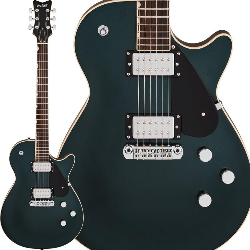 ■商品紹介Electromatic Collectionは、ピュアなGretschパワーと伝統に忠実な仕様を求めるプレイヤーに最適な製品をラインナップしています。グレッチギターの象徴的なスタイルと優れた演奏性を兼ね備えたElectromatic Jetは、力強いクリーントーンから灼熱のようなオーバードライブサウンドまで、指先ひとつで自在に表現できます。驚きをもたらすこのギターは、妥協なき演奏性、パワフルな多様性、洗練されたパフォーマンスを実現します。＜洗練されたボディコンターとラウンドネックヒール設計を備えたバウンドカーヴドメイプルトップのチェンバードマホガニーボディ＞Electromatic Jetは、カーブドメイプルトップとチェンバー加工されたマホガニーボディが特徴です。卓越したアコースティックバランスを追求して設計されたこの精巧な組み合わせにより、力強いアタックに加え、豊かで存在感のあるミッドレンジ、深みのあるローエンド、そして輝くようなハイエンドが得られます。滑らかに丸められたネックヒール形状によりハイポジションへのアクセスもスムーズで、ボディに施されたさりげないコンフォートコンターが、演奏時の快適さとバランスの取れたフィット感を生み出します。＜滑らかな演奏性を実現する C シェイプのマホガニーネックとバウンドローズウッド指板＞ネックはバランスの取れた丸みのあるCネックシェイプで、テーパードショルダーデザインを採用することですべてのプレイヤーに快適な演奏経験をもたらします。適度な質量感が、全ポジションでの正確な演奏性を実現します。また、ネックに採用されているマホガニー材は力強く豊かなトーンを実現するのに理想的なサウンドキャラクターを備えています。指板は、トーンと演奏性を決定づける非常に重要なパーツです。Electromatic Jetは、のエイジドホワイトバインディングが施された本物の1-plyローズウッド指板を採用しており、滑らかでシルキーな弾き心地と、温かみのあるウッディなトーンを生み出します。＜チューニングの安定性を高めるGRAPHTECH NUBONEナット＞GraphTech製のNuBoneナットは、均一でバランスの取れたトーン、豊かなレゾナンスとサスティンを実現します。弦の最適なブレイクアングルにより理想的なテンション感を確保し、ナット部における弦の引っかかり問題を解消します。長時間に及ぶ激しい演奏においても安定したチューニングを維持します。＜PUREVOLT TWIN SIXハムバッカー＞PureVolt Twin Sixハムバッカーは、美しくダイナミックな表現力に溢れ、プレイヤーを虜にさせるパワーを誇ります。各ピックアップには、正確なアタックと自由自在な柔軟性を実現する、12個の調整可能なポールピースが搭載されています。ネックポジションにはアルニコIVマグネットとプレーンエナメルワイヤー、ブリッジポジションには、アルニコVマグネットは特別に調整されたプレーンエナメルコーティングワイヤーよってペアリングされており、明瞭かつ柔軟なトーンを特徴とした優れたバランスと荒々しいハムバッカーサウンドを生み出します。さらに、真空ワックスポッティングによってノイズや干渉を最小限に抑えます。＜Lockdownロッキングアジャスタブルラップアラウンドブリッジ＞Lockdownロッキングアジャスタブルラップアラウンドテイルピースは、シンプルさと機能性を兼ね備えています。ブリッジとテイルピースが一体化したこのユニットは、サスティンと音の立ち上がりを向上させ、調整可能なサドルによって正確なイントネーションが得られます。ブリッジポストによってブリッジをしっかりと固定することで、弦のエネルギーを最大限に伝達し、安定したチューニングとスムーズな弦交換を可能にします。その結果、よりスケール感の大きい豊かなトーンに加え、パーカッシブなアタックとロングサスティンを実現します。＜洗練されたエレクトロニクス＞Electromatic Jetのコントロール回路は、トーンを完全にコントロールできるよう設計されています。マスターボリュームにはトレブルブリード回路が組み込まれており、音量の大小に関わらず常にトーンの明瞭さを保ちます。マスタートーンは直感的に操作でき、どの設定でも優れたトーンが得られます。また、トーンコントロールのプッシュ／プルスイッチを引き上げることで、歯切れの良い、クリアなシングルコイルサウンドを手に入れられます。センターポジションでは2つのシングルコイルが組み合わさって、ハムキャンセル効果も発揮します。※画像はサンプルです。製品の特性上、杢目、色合いは個体ごとに異なります。■仕様詳細Body Material： Chambered Mahogany with Maple TopBody Finish： Gloss PolyesterNeck： Mahogany， Performance CNeck Finish： GlossFingerboard： Bound Rosewood， 12 (305 mm)Frets： 22， Medium JumboPosition Inlays： Pearloid Neo-Classic Thumbnail (Bound Rosewood)Nut (Material/Width)： Graph Tech NuBone， 1.6875 (42.86 mm)Tuning Machines： Die-Cast SealedScale Length： 24.875 (632 mm)Bridge： LockDown Locking BridgePickguard： 3-Ply Tortoiseshell (505， 546)， Black Plexi (526， 539)Pickups： PureVolt Twin Six Humbucker (Bridge)， (Middle)， PureVolt Twin Six Humbucker (Neck)Pickup Switching： 3-Position Toggle： Position 1. Bridge Pickup， Position 2. Middle and Neck Pickups， Position 3. Neck PickupSpecial Electronics： Treble Bleed; Push-Pull Pot on Tone Pots for Coil SplitsAuxiliary Switching： Push-Pull on each Tone Control Splits Bridge and Neck Pickups RespectivelyControls： Master Volume with Treble-Bleed， Tone 1. (Neck Pickup)， Tone 2. (Bridge Pickup)Control Knobs： Gretsch Knurled Radio KnobHardware Finish： NickelStrings： Nickel Plated Steel (.010-.046 Gauges)ソフトケース付属検索キーワード：イケベカテゴリ_エレキギター_その他_GRETSCH_Jet_新品 SW_GRETSCH_新品 JAN:0885978717392 登録日:2026/02/06 エレキギター グレッチ ジェット