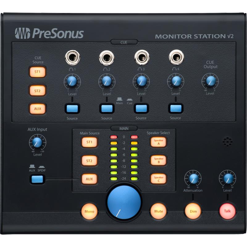 ■商品紹介Monitoring Controller直感的なレイアウト、豊富な機能とI/O、PreSonusの定評あるサウンドクオリティを備えたMonitor Station V2は、デスクトップからスタジオモニタリングシステムを管理するための、多機能で便利、かつ手頃なソリューションを提供します。2組のバランス1/4インチ入力と、S/PDIFデジタル入力（最大96kHz）、ゲインコントロール付きアンバランスRCA Aux入力、1/8インチTRSアンバランス入力の最大4つのオーディオソースを素早く簡単に切り替えることができます。ボタンでアナログAux入力とデジタルS/PDIF入力の切り替えも可能です。最大3組のステレオ・スピーカーで試聴が可能。すべてのスピーカーを使用することも、1組ずつ使用することも、スピーカーAとBを選択して出力Cをアクティブにしてサブウーファーに供給することもできます。各スピーカーのレベルを個別に設定できるので、スピーカーを切り替えてもモニタリング・レベルは変わりません。4系統の大音量でクリアな1/4インチTRSヘッドフォン出力により、すべての音を確実に全員に届けることができます。各ヘッドフォン出力には、Main/Cueソース・セレクターと個別の出力レベル・コントロールが装備されています。内蔵のエレクトレットコンデンサー・トークバック・マイクにより、ミュージシャンとのコミュニケーションも可能。赤色のTalkボタンでマイクをアクティブにし、キュー・シグナルを減衰させます。8セグメント、3色LEDメーターは左右の信号レベルを表示し、+4dB、+10dB、+18dBレベルに設定が可能です。PreSonus Monitor Station V2を使用すれば、プロと同じようにモニタリング・システムをコントロールすることができます。●2系統のステレオペア1/4インチTRS入力、ステレオペアRCA Aux入力（レベルコントロール付き）、ステレオS/PDIF同軸（RCA）デジタル入力（44.1／48／88.2／96kHz）●3系統のレベルコントロール付きステレオペア1/4インチTRSスピーカー出力、ステレオペア1/4インチTRSメイン出力、ステレオペア1/4インチTRSキュー出力●4系統の 1/4インチTRS大音量ステレオヘッドフォン出力●大型メイン・レベル・コントロール●3個のメインソース（ST1、ST2、Aux）セレクトスイッチ●3個の独立したスピーカー・セレクト・スイッチ●ソース・セレクト（ST1、ST2、Aux）と出力レベル・コントロールを備えたキュー・セクション●メイン・ミュート、モノ、ディム・スイッチ（可変ディム・アッテネーション付き）●8セグメントのカラーLED入力メーター（リファレンス・レベル選択可能）●エレクトレットコンデンサートークバックマイク内蔵（インプットゲインコントロール、トークバックボタン付き）検索キーワード：イケベカテゴリ_レコーディング_レコーディング周辺機器_その他周辺機器_PreSonus_新品 SW_PreSonus_新品 JAN:0673454002854 登録日:2026/04/07 プレソナス レコ—ディング プリアンプ レコーディングアクセサリー