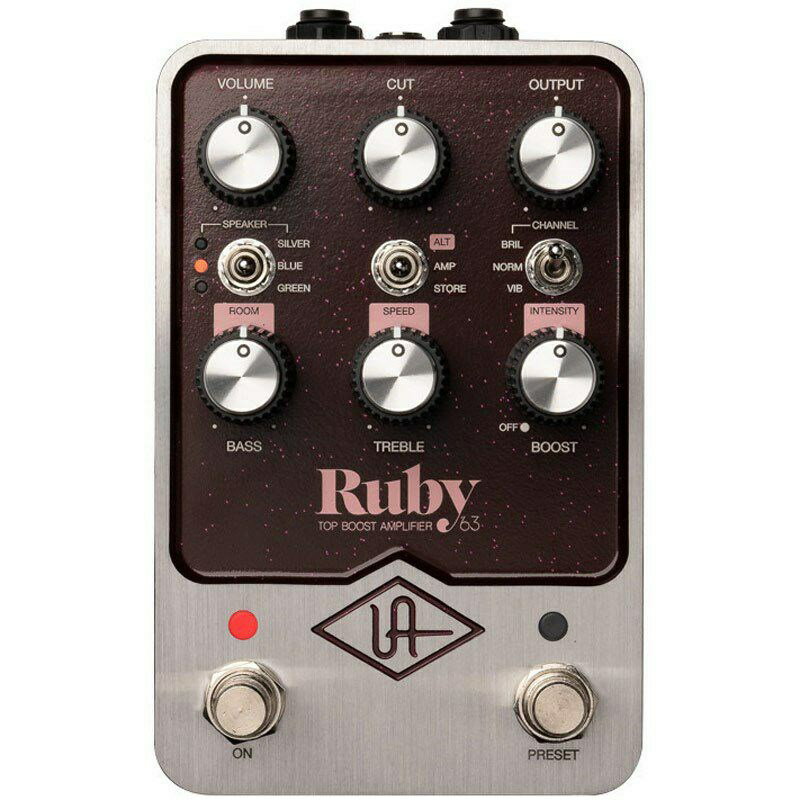 ■商品紹介UAFX Ruby'63 Top Boost Amplifier は、QueenからU2、Radioheadまで、60年以上に渡ってアーティストやプロデューサーに愛されてきたブリティッシュ・バルブアンプの真髄を提供します。パワフルなデュアル・エンジン・プロセッシングと、信頼されるUADのモデリング技術に基づくRuby '63 エフェクターで、クワイアのようなクリーン、複雑なオーバードライブ、そしてクラシックなビブラートを存分に味わってください。・ステージでも、スタジオでも、ブリティッシュ・チューブアンプのトーンを感じようRuby'63 は、アンプ・リグのひとつとしてステージで使用する場合でも、DAWにレコーディングする場合でも、熟練のマイキングが施されたビンテージ・チューブコンボが放つ、刺激的でアルバムのようなトーンを瞬時に提供します。・ノーマル、ブリリアント、ビブラート・チャンネルを探求するRuby'63 は、オリジナル・アンプに備わっている Normal、Brilliant、Vibrato チャンネルを利用可能な唯一のストンプボックスです。スイッチを切り替えるだけで、すぐにアイルランド、ロンドン、リバプールに飛び立つことができるでしょう。メロウに、美しく、そして激しく ─ 求めるすべてが凝縮されています。・クラシックなブーストで限界を押し上げるRuby'63 は、伝説的な60年代のDallas Rangemaster製ゲルマニウム・トレブル・ブースターや、70年代のMaestro EP-3テープディレイのプリアンプといった、クラシックなブースト機能を搭載しています。スイッチを切り替えるだけで、IRベースのアンプ・モデルを置き去りにする、焼け付くようなレイヤード・トーンを得ることが可能です。・UAFX ControlアプリでサウンドをカスタマイズUAFX Controlモバイル・アプリと組み合わせて使うことで、Ruby'63 はさらに快適なものとなります。カスタムのアーティスト・トーンのダウンロード、プリセットの呼び出しと保存、ブリティッシュ・インヴェイジョンの火付け役となったアンプを掘り下げましょう。■仕様詳細■仕様電源（別売）：アイソレートされたDC9V、400mA（最小）、センターマイナス、2.1 x 5.5 mm バレルコネクターの電源入力：2つの1/4インチ・アンバランスTS（Input2は、ステレオ接続や4ケーブルモードの際に使用）出力：2つの1/4インチ・アンバランスTS（Output 2 は、ステレオ接続や4ケーブルモードの際に使用）入力インピーダンス：500 kΩ（モノラル入力）1MΩ（ステレオ入力）出力インピーダンス：500 Ω最大入力レベル：12.2 dBu最大出力レベル：12.1 dBu周波数特性：20 Hz ? 20 kHz、±3 dBUSB Type-C（ケーブル別売）：コンピューターでの製品登録、およびファームウェアのアップデートに使用ワイヤレス技術：Bluetooth v5（2.4 GHz 帯域）寸法 高さ：6.5 cm幅：9.2 cm奥行き：14.1 cm重量：0.567 kg検索キーワード：イケベカテゴリ_エフェクター_ギター用エフェクター_プリアンプ_Universal Audio_新品 SW_Universal Audio_新品 JAN:4530027172214 登録日:2022/05/29 エフェクター コンパクトエフェクター ストンプボックス ユニバーサルオーディオ ユニヴァーサルオーディオ