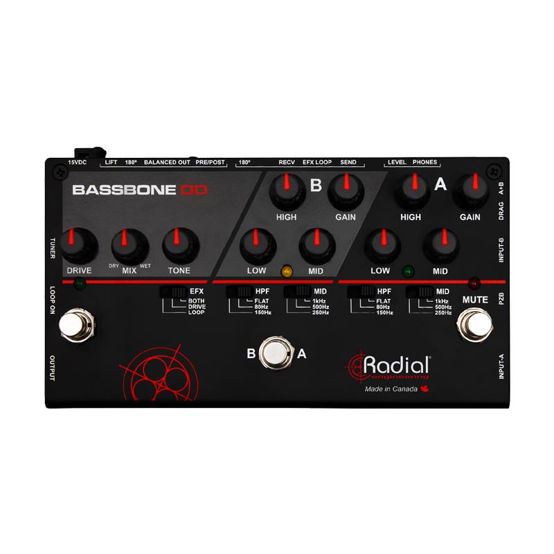 ■商品紹介Bassbone ODは、2つの入力チャンネルを持つベースプリアンプで、 各チャンネルに個別のレベルおよびEQコントロールを備え、共有のオーバードライブ回路を搭載しています。 2台のベース間を簡単に切り替え可能で、アップライトベース対応のピエゾ入力とPZBブースターも装備。 PA用にJ48とほぼ同じクオリティのDI機能も搭載されています。 また、ヘッドホン出力により静かな練習も可能です。各チャンネルのEQはベース用に特別に調整されており、過剰な低域をカットするハイパスフィルターと、 ミッドEQの中心周波数を選択可能です。 チャンネルAにはピエゾトランスデューサー搭載のアップライトベース用PZBブースターを、 チャンネルBにはマグネティックピックアップ用の負荷補正回路（Drag Control）を搭載し、自然なトーンを実現します。 さらに、EFXループを使って両チャンネルでエフェクトペダルを共有し、パワフルなオンボードオーバードライブを使用可能です。各チャンネルで異なるEQのセッティングをして、共通で使用可能なODを組み合わせる事で、一本のベースでも4種類のサウンドが足元で使い分け可能です。■主な特長・2本のベースを切り替え可能なデュアルフル機能チャンネル・各入力に個別のレベルおよびEQコントロール搭載・アップライトベース用ピエゾ入力＆PZBブースター（入力A）・マグネティックピックアップ用Drag Control負荷補正（入力B）・共有可能なエフェクトループとパワフルなオンボードオーバードライブ・ヘッドホン出力搭載で静かな練習に対応・180°位相反転、グラウンドリフト、ハイパスフィルター、Drag Control、レベルコントロール、フェーズ調整機能完備■仕様詳細オーディオ回路タイプ：ディスクリートClass-A FET入力、低ノイズIC搭載周波数特性：20Hz〜18kHzダイナミックレンジ：85dBゲイン：ユニティゲインクリップレベル：+10dBu（XLR出力時）全高調波歪み率：0.05% @ -15dBu相互変調歪み率：0.2% @ -20dBu入力インピーダンス：CH-A 220kΩ／10MΩ切り替え、CH-B 22kΩ〜1.8MΩ可変出力インピーダンス：300Ω（XLR出力）等価入力雑音：-92dBu（XLR基準）ノイズフロア：-100dB最大入力レベル：+7dBu入力端子：1/4インチ出力端子：1/4インチ、XLR、3.5mmヘッドホン出力筐体：14ゲージスチール製サイズ（長さ×幅×高さ）：203 × 107 × 48 mm重量：約1.16kg梱包サイズ：273 × 127 × 70 mm梱包重量：約1.15kg電源：15V DC／400mAアダプター付属使用温度範囲：5℃〜40℃（乾燥環境）検索キーワード：イケベカテゴリ_エフェクター_ベース用エフェクター_ベース用プリアンプ・EQ・DI_Radial_新品 SW_Radial_新品 JAN:0676101041169 登録日:2026/08/07 プリアンプ ラディアル