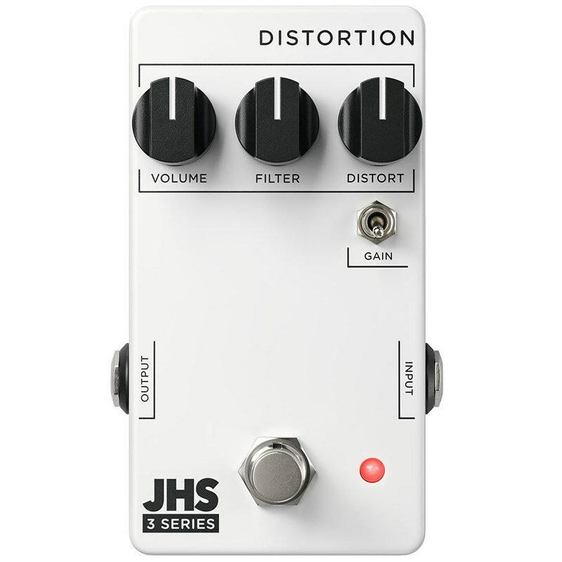 ■商品紹介JHS Pedals 3 Series Distortionは、ミディアムゲインのクランチサウンド、ヘビーオーバードライブ、ディストーション、さらにはファズトーンまで実現する、非常に用途の広いディストーションペダルです。コントロールはVolume、Filter(Tone)、Distortで構成されており、どのポジションでも幅広いサウンドレンジに対応した様々なサウンドが得られます。Gainトグルスイッチでは、よりサチュレーションとコンプレッションを得たサウンドとオープンでエッジの効いたディストーションを切り替えます。このスイッチは、演奏やタッチダイナミクスに対するペダルのレスポンスに大きく影響します。電源仕様はDC9V センターマイナス 消費電流値9mAです。【JHS Pedals 3 Series】品質を損なうことなくハイコストパフォーマンスでシンプルな操作性のペダルを実現するためにデザインされたコレクションです。これらは、ミズーリ州カンザスシティにあるJHS Pedalsのファクトリーにおいて高品質なパーツを使用し、品質管理など細部にまでこだわり抜いて生産されています。各ペダルは3つのシンプルなコントロールと1つのトグルスイッチで構成されており、ビギナーからプロプレイヤーまで使用できる幅広いサウンドを提供します。お手ごろな価格帯ながら、パフォーマンスにインスピレーションを与え、あなたを新しいサウンドへ導いてくれることでしょう。検索キーワード：イケベカテゴリ_エフェクター_ギター用エフェクター_歪み系_ディストーション_JHS Pedals_新品 SW_JHS Pedals_新品 JAN:0650415212330 登録日:2020/10/19 エフェクター コンパクトエフェクター ストンプボックス