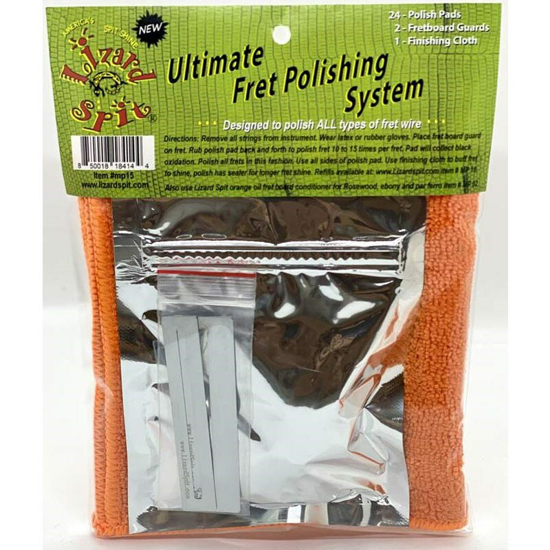 ■商品紹介軽く磨くだけでフレットの汚れやサビを除去！ポリッシュパッド・フレットガード・クロスをセットにした画期的なフレット研磨セットです。フレットに汚れやサビがある状態では、弦がフレット上をスムーズに移動できず演奏に悪影響を与えるだけでなく、弦の寿命を短くすることにもつながります。MP15 Fret Polish Setのポリッシュパッドは海綿スポンジを使用、カスタムブレンドの金属研磨剤が湿潤されています。そのため軽く磨くだけで指板を傷つけず素早くフレットのクリーニングができます。また、ポリッシュパッドにはシール剤も含まれているため、フレットの輝きを長期間持続させます。■セット内容ポリッシュパッド ×24フレットガード ×2（ローフレット、ハイフレット用各1）クロス ×1■使用方法1.弦を外す2.付属のフレットガードをフレットに当てる3.ポリッシュパッドでフレットを10〜15回磨く4.仕上げにクロスでから拭きする※無塗装、オイルフィニッシュのメイプル指板のギターに使用する際は、木部に薬剤が付着しないようマスキングテープなどで養生してください。※薬剤とともに黒い汚れが染み出すので、手袋の着用をお薦め致します。※ローズ指板の場合は仕上げにLizard Spit Fretboard Conditionerでケアしてください。検索キーワード：イケベカテゴリ_楽器アクセサリ_メンテナンス用品_その他メンテナンス用品_Lizard Spit_新品 SW_Lizard Spit_新品 JAN:4571220090899 登録日:2021/04/12 メンテナンス用品