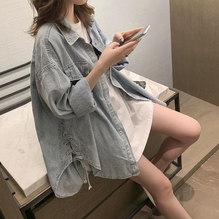 デイムシャツ サイド編み上げ デイムシャツ レディース トップス ライトアウター 春 シャツ ブラウス 長袖 秋 ゆったり おしゃれ