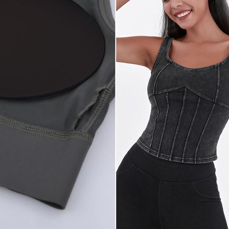 デニム キャミソール ヨガトップス ショート丈 伸縮性 スポーツインナー トップス ヨガ インナー デニム ストレッチ 夏服 フィットネス ランニング スポーツ