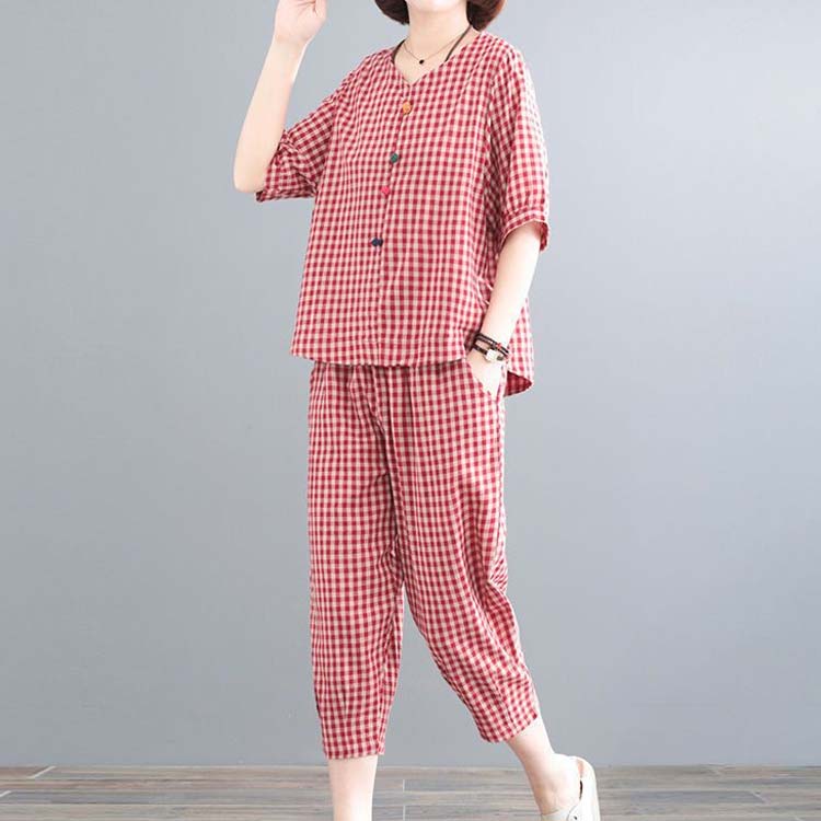 レディース 大きいサイズ 上下セット 綿 セットアップ 2点セット チェック柄 レディース 九分丈パンツ 夏服 カジュアル 体型カバー リラックス 部屋着 母の日 30代 40代 50代