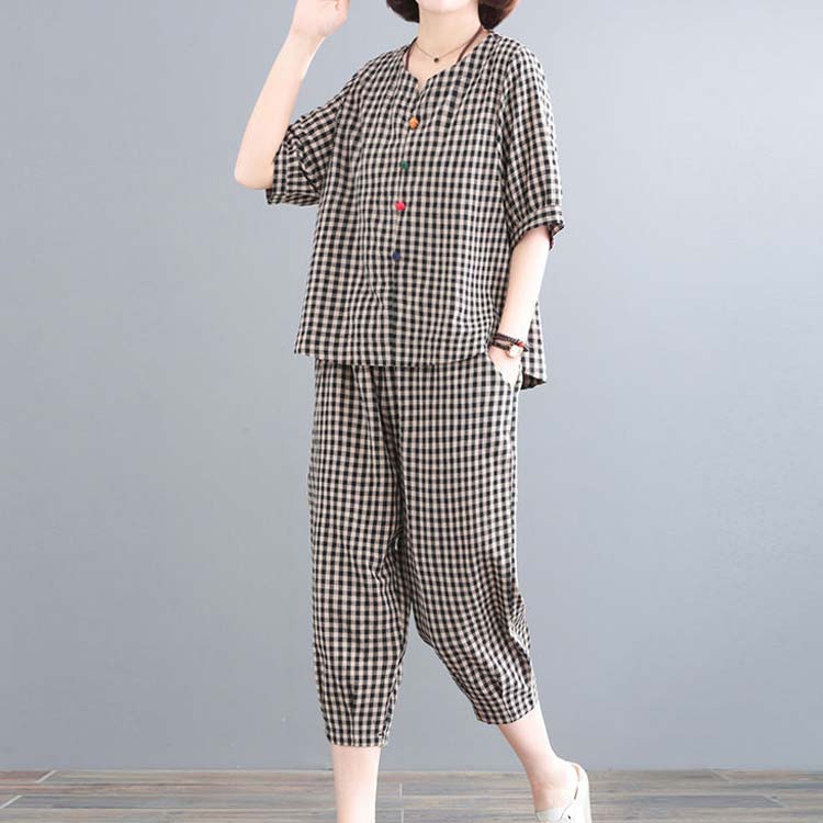 レディース 大きいサイズ 上下セット 綿 セットアップ 2点セット チェック柄 レディース 九分丈パンツ 夏服 カジュアル 体型カバー リラックス 部屋着 母の日 30代 40代 50代