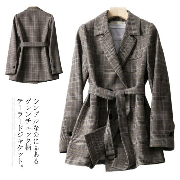 レディース ベルト付きジャケット 春服 グレンチェック柄ジャケット ジャケット アウター チェック スプリングコート コート グレンチェック 通勤 テーラード 上品 大人 秋送料無料 春