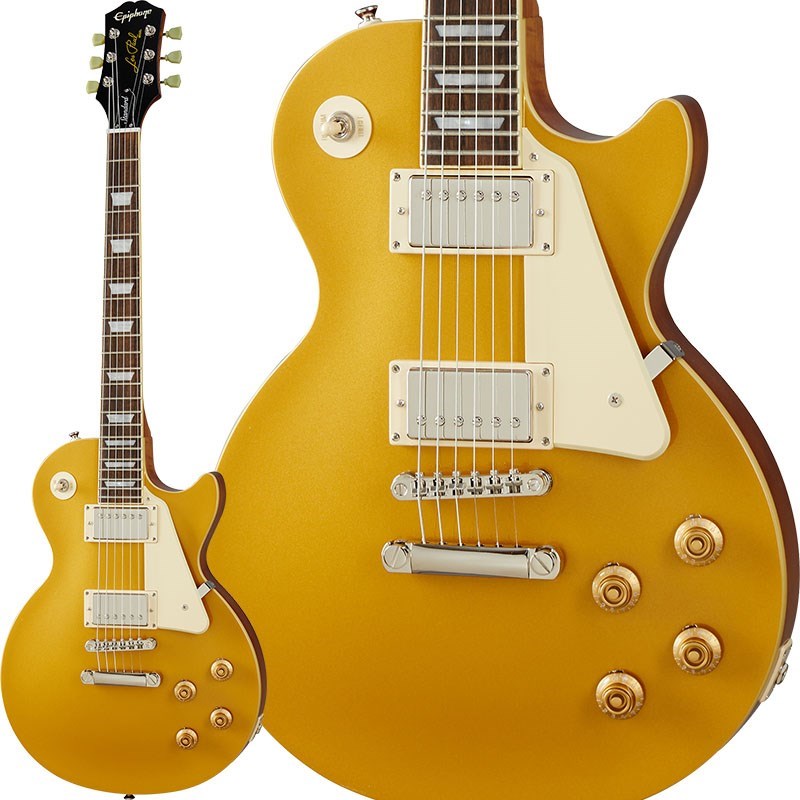 楽器種別：新品エレキギター/Epiphone 商品一覧＞＞エレキギター/Epiphone/レスポール 商品一覧＞＞エレキギター【50，000円〜105，000円】 商品一覧＞＞当店のギターは、出荷前に専門スタッフが検品・調整しているので安心です！Epiphone Les Paul Standard '50s (Metallic Gold)商品説明Epiphone Inspired By Gibson Collectionエピフォン・インスパイアードバイ・ギブソンは2つのカテゴリーで展開されます（オリジナル/モダンコレクション）。コチラのエピフォン・オリジナル・コレクションは、誕生以来エピフォンのアイコンとしてプレイヤーやミュージックシーンを支えてきたクラシックなアコースティックとエレクトリックの新しいギター・ラインナップです。カラマズーヘッド・ストックと呼ばれる新しいヘッドシェイプを採用。クラシックなルックスながらも、長年エピフォンブランドで培ったエレクトロニックスやその他技術などを採用しています。レスポール・スタンダード'50sは、1950年代のレスポールを再現したエピフォンのニューコレクションモデルです。'59 Rounded Medium Cシェイプのマホガニーネックがセットされたメイプルトップのマホガニーボディには、50スタイルの配線とCTSエレクトロニクスを備えたProBuckerハムバッカーを搭載しております。※製品の特性上、杢目・色合いは1本1本異なります。商品詳細BodyBody Shape:Les PaulBody Material:MahoganyTop:Maple CapBinding:CreamNeckMaterial:MahoganyProfile:'59 Rounded Medium CScale Length:24.75Fingerboard Radius:12Number Of Frets:22Frets:Medium JumboNut Material:Graph TechNut Width:1.693Joint:Set， Long TenonHardwareFinish:NickelTuner Plating:NickelBridge:LockTone ABR Tune-o-maticTailpiece:StopbarTuning Machines:Epiphone Vintage Deluxe 18:1 ratio machine headsPickguard:1-Ply Cream PVCTrussRod:AdjustableTruss Rod Cover:Bell Shaped 2-layer (Black/White) EStrap Buttons:2Pickup Covers:NickelElectronicsNeck Pickup:ProBucker-2Bridge Pickup:ProBucker-3Controls:2- Volume， 2- Tone CTS electronics 50s style wiringPickup Selector:3-way Epiphone toggleOutput Jack:1/4ソフトケース付きイケベカテゴリ_ギター_エレキギター_Epiphone_レスポール_新品 JAN:4580568413178 登録日:2023/11/03 エレキギター エピフォン レスポール