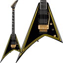 楽器種別：新品エレキギター/Jackson 商品一覧＞＞エレキギター【260，000円〜490，000円】 商品一覧＞＞当店のギターは、出荷前に専門スタッフが検品・調整しているので安心です！Jackson MJ Series Rhoads RR24MG (Black with Yellow Pinstripes/Ebony Fingerboard)商品説明Jacksonギターが日本のみで製造されていた90年代初頭に思いを馳せ製作されたエキサイティングで革新的なコレクション、Jackson MJシリーズ。MJシリーズは、Jacksonが世界に誇るハイパフォーマンスギターデザインの伝統と、競争力のある価格帯のトップクラスの機能を融合させたものです。MJ Series Rhoads RR24MGは、早世にして不滅の地位を確立したギタリスト、ランディ・ローズが開拓したメタルレガシーを継承し、豊かなレゾナンスを提供するアルダーボディに、究極の安定性を実現するグラファイト補強ロッドを備えたスルーボディ構造の3ピースメイプルネックを採用しています。24本のジャンボフレットとパーロイドシャークフィンインレイが施された12〜16インチコンパウンドラジアスのエボニー指板は、ナット付近での快適なコード弾きから、ハイポジションでのソロ演奏に理想的な演奏性を提供します。蓄光式のLuminlayサイドドットは、暗いステージでもフレットポジションの高い視認性を確保します。EMG 81ブリッジピックアップとEMG 85ネックピックアップは、太く芯のあるミッドレンジとスケール感のあるローエンド、そして繊細なハイエンドまでカバーします。EMG 81ブリッジピックアップは密度の高いリードサウンドによりバンドサウンドに埋もれることがなく、EMG 85ネックピックアップはヘヴィなサウンドを提供しつつも、明瞭度の高いハーモニクスを提供します。3ウェイピックアップスイッチング、1ボリューム1トーンコントロールにより、柔軟かつ直感的なサウンド設計が可能です。その他、Gotoh GE1996T Series Double-Lockingトレモロ、Gotoh製シールドダイキャストチーニングマシン、Dunlop Dual-Lockingストラップボタンなど、プレミアムな機能を搭載しています。MJ Series Rhoads RR24MGは、Gloss Blackにイエローピンストライプ、またはSnow Whiteにブラックピンストライプの2色展開となります。どちらのフィニッシュもJackson 6連ペグ式マッチングポインティヘッドとゴールドハードウェアを装備しています。※画像はサンプルです。製品の特性上、杢目、色合いは一本一本異なります。商品詳細Body Material: AlderBody Finish: GlossNeck: 3-Piece MapleNeck Finish: Gloss Color MatchedFingerboard: Ebony， 12-16 Compound Radius (304.8 mm to 406.4 mm)Frets: 24， JumboPosition Inlays: Pearloid Sharkfin (Ebony)Nut (Material/Width): Floyd Rose Original Locking， 1.6875 (42.86 mm)Tuning Machines: Gotoh Sealed Die-CastScale Length: 25.5 (64.77 cm)Bridge: Gotoh GE1996T Series Double-Locking Tremolo (Recessed)Pickups: EMG 81 (Bridge)， (Middle)， EMG 85 (Neck)Pickup Switching: 3-Position Toggle:Position 1. Bridge PickupPosition 2. Bridge and Neck PickupsPosition 3. Neck PickupSpecial Electronics: Active ElectronicsControls: Volume， ToneControl Knobs: Dome-StyleHardware Finish: GoldStrings: Nickel Plated Steel (.009-.042 Gauges)ギグケース付属イケベカテゴリ_ギター_エレキギター_Jackson_新品 JAN:0885978785476 登録日:2023/11/20 エレキギター ジャクソン