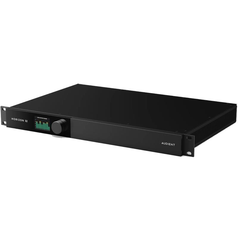楽器種別：新品audient/新品 商品一覧＞＞DTM【375，000円〜705，000円】 商品一覧＞＞オーディオインターフェイス/USB/audient 商品一覧＞＞DTM（DAWソフト/オーディオインターフェイス等）関連機器担当部門 パワーレックは専門スタッフに気軽に相談できる渋谷発のDTM専門フロアです。audient Horizon 32 (オーディエント)(サンダーボルト)(Thunderbolt3)(オーディオインターフェイス)商品説明50入力／50出力 Thunderbolt 3オーディオインターフェースHorizon 32は、8基のDB25端子による32チャンネルのライン入出力と、ダイナミックレンジ133dBの32ビット変換を備えた、 50入力／50出力のThunderbolt(TM) 3オーディオインターフェース／コンバーターです。専用のミックスバス信号経路を備え、ラ ウンドトリップ・レイテンシーは0.99ms。わずか1Uで、大型コンソールや大規模なエフェクト・ラック全体をDAWに接続でき ます。多数のチャンネルを扱うスタジオや制作施設のために設計されています。*192KHz/Buffer Size :64sample での測定◆主な特徴Thunderbolt 3接続：50入力／50出力メイン・ライン入出力：32入力／32出力、DB25端子×8マスター録音用の専用ステレオ・ミックスバス入力独立したリファレンス・モニタリング用の専用ステレオ・モニター出力32ビット／192kHz変換、ダイナミックレンジ133dBラウンドトリップ・レイテンシー：0.99ms（192kHz、64サンプル）◆HORIZON 32を選ぶ理由Horizon 32は、1Uの筐体でコンソールや大規模なアウトボード・ラック全体をDAWに接続します。8基のDB25端子を介した32チャンネルのライン入出力と、ダイナミックレンジ133dBの32ビット変換により、すべてのチャンネルの信号を余計な色付けなく取り込みます。さらに、DB25のI/Oとは別に用意された専用のミックスバス信号経路によって、マスター録音用の独立した経路を確保できます。0.99msのラウンドトリップ・レイテンシーにより、ネイティブ・プラグインを通したモニタリングでも、体感上の遅延を感じさせない応答を実現します。専用ソフト『Horizon Control』では、システム全体のルーティング、モニタリング、メーター表示をひとつのパネルで管理できます。セッションの規模が拡大しても、ワークフローを変えることなく、最大4台をデイジーチェーン接続し、単一ドライバーで最大200入力／200出力まで拡張できます。◆DSP中心の制作環境から、より自由なネイティブ環境へHorizon 32は、192kHz／64サンプル設定時に0.99msのラウンドトリップ・レイテンシーを実現します。ボーカルにコンプレッサーやEQをかけながら録音する。ギターアンプ・シミュレーターを通した音で演奏する。ソフトウェア音源と生演奏を同じタイミング感で重ねる。こうした場面でも、演奏者が遅れを意識しにくいレスポンスを提供します。特定のDAWとDSP環境を前提とせず、使いたいDAWやネイティブ・プラグインを中心に録音システムを構築可能。制作ツールの選択肢を狭めることなく、低レイテンシーなレコーディング環境を整えられます。◆最大4台までのスケーラブルなシステム構成Horizonシリーズは、1つのドライバー上で最大4台までデイジーチェーン接続できます。システム全体では最大200×200のI/Oに対応します。*Horizon32 x4台使用時小規模なプライベートスタジオから、複数のブースを備えたプロダクション環境まで、必要な入出力数に応じてシステムを組み上げられます。●技術仕様・アナログ入出力D-subライン入力：TASCAMフォーマットのD-sub端子×2、16チャンネルTRSライン入力：2チャンネル（入力17?18）D-subライン出力：TASCAMフォーマットのD-sub端子×4、32チャンネルTRSライン出力：2チャンネル（出力33?34）入力基準レベル設定：+18 dBまたは+24 dB（Hardware Settingsでチャンネルバンクごとに選択可能）出力基準レベル設定：+18 dBまたは+24 dB（Hardware Settingsでチャンネルバンクごとに選択可能）・アナログ性能ADC最大入力レベル：+24 dBu = 0 dBFSADC THD+N（?1 dBFS時）：?117 dB／0.00014%ADCダイナミックレンジ：127 dB（Aウェイト）ADC周波数特性：±0.2 dB、10 Hz〜Fs/2（ナイキスト周波数）ライン出力最大レベル：+24 dBu = 0 dBFSライン出力THD+N（?1 dBFS時）：?122 dB／0.00008%ライン出力ダイナミックレンジ：132 dB（Aウェイト）モニター出力最大レベル：+24 dBu = 0 dBFSモニター出力THD+N（?1 dBFS時）：?120 dB／0.00008%モニター出力ダイナミックレンジ：133 dB（Aウェイト）・外形・物理仕様ラックサイズ：1U外形寸法（高さ×幅×奥行き）：44.5 × 483 × 330 mm質量：4.4 kg必要最小ラック奥行き：400 mm（ケーブル接続スペースを含む）ラックマウント位置からのフロントパネル突出量：4 mm冷却方式：自然空冷・デジタル／システム仕様DAC：32-bitDACダイナミックレンジ：133 dB往復レイテンシー：0.99 ms（バッファーサイズ64サンプル／192 kHz時）オプティカル・デジタル入力：2系統オプティカル・デジタル出力：2系統対応デジタルフォーマット：ADATまたはS/PDIF48 kHz時のADATチャンネル数：入力／出力各16チャンネル96 kHz時のADATチャンネル数：入力／出力各8チャンネル192 kHz時のADATチャンネル数：入力／出力各4チャンネル192 kHz時のS/PDIF：非対応対応サンプルレート：44.1、48、88.2、96、176.4、192 kHzワードクロック：BNC入力／出力、精度±10 ppm、75 Ωターミネーション切替可能コンピューター接続：Thunderboltポート×2（Horizonのデイジーチェーン接続に対応）Horizon最大接続台数：4台バーチャル・チャンネル：初期設定：50チャンネ※最新の動作環境はメーカーページをご参照ください。イケベカテゴリ_DTM_オーディオインターフェイス_USB_audient_新品 SW_audient_新品 JAN:5060374260689 登録日:2026/10/02 インターフェイス インターフェース オーディオインターフェース オーディオインターフェイス サウンドカード