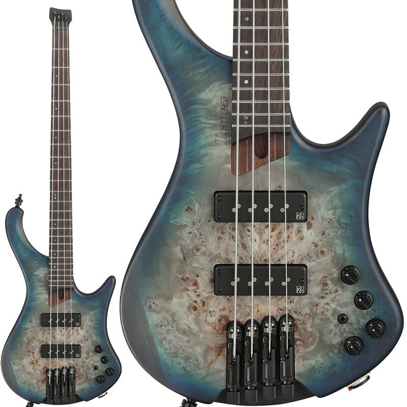 楽器種別：新品Ibanez/EHB (Ergonomic Headless Bass) 商品一覧＞＞Ibanez/新品 商品一覧＞＞ベース【125，000円〜235，000円】 商品一覧＞＞エレキベース/ヘッドレスタイプ/Ibanez 商品一覧＞＞当店のベースは、出荷前に専門スタッフが検品・調整しているので安心です！Ibanez Bass Workshop EHB1500-CTF [SPOT MODEL]商品説明EHB 究極のエルゴノミック・ヘッドレス・ベース・マルチスケール・モデルErgonomic Headless Bassヘッドレス・スタイル最大の利点である持ち運びやすさに加えて、演奏のしやすさを兼ね備えたベース。そしてなによりも、ベース・サウンドに対する工夫。従来、「鳴らない」とか「使い難い」と言われることが多かったヘッドレスを、Ibanez Bass Workshopが見つめなおし、全く新しいヘッドレス・ベースEHBを作り上げました。それは他のヘッドレス・モデルの真似ではなく、既存デザインあるいはシェイプの単なるヘッドレス化でもありません。Ibanez の新たなベース、EHBの誕生です。立奏座奏を問わず完璧なバランスで奏者に収まるよう、人間工学に基づいて設計したEHB ボディ ・デザインホーンは立奏時にボディとネックとのバランスを取るとともに持ちやすい形状に、高音弦側のボディ・カーブは特に座奏時のフィット感とバランスを重視して設計しました。ボディ表面の肘が当たる部分には傾斜をつけるコンター加工 を入れています。また、体に触れる部分のボディ・エッジにはすべて滑らかなRをつけて処理しています。ボディ裏面は低音弦に向かって薄くなるよう大胆にカットを施しています。これは座奏時にフィット感を高めるとともに、指板インレイを見る目線の角度を考慮して設計しています。併せてハイ・フレット域へのアクセスを容易にするため、高音弦側のホーン裏はスクープするようにカット加工しています。ボディの鳴りをより感覚的に感じられるチェンバー加工ホロウ・ボディのようにボディ内の振動をそのまま体感することで、奏者は自身の鳴らしている音をより認識できるでしょう。また、僅かながら軽量化にもつながっています。Vari Mid 3 Band EQ w/EQ bypass switchVariable frequency control for Mid EQの略称が示す通り、Midのコントロールに融通を利かせたEQです。通常、3バンドEQと言えば、HIGH/MID/LOWのように帯域を3つに分割して開発者が任意に指定した周波数域のフォーカスに合わせ、ブーストあるいはカットのコントロールをするものですが、このVari Midではユーザーが任意にMidのフォーカスを合わせられるのです。例えばほぼベースの音域に当たる100HzにMidを合わせ、そこをブーストすることで、低音への不足感を補うことが出来ます。Nordstrand Big Split custom ピックアップ甘めのトーンを備えた、ボトムの豊かなスプリット・ピックアップです。いわゆるベース・ラインに最適なサウンドから、ファンキーなスラップ・サウンドまでをいずれもナチュラルにカバーします。※画像はサンプルです。製品の特性上、杢目・色合いは1本1本異なります。商品詳細Neck type EHB4 9pc Pangapanga/Walnut neck w/Graphite reinforcement rodsBody:Poplar Burl Top / Selected light weight African Mahogany bodyFretboard:Bound Panga Panga fretboard w/Abalone off-set dot inlayFret:Medium Stainless SteelBridge:MR5HS bridge (19mm string spacing)Pickups:Nordstrand Custom Big Split pickupEqualizer:Vari-mid 3-band EQ w/EQ bypass switch (passive tone control on treble pot)Machine Head:Ibanez custom headpiecesHardware color:BlackString gauge:.045/.065/.085/.105 (D'Addario EXL165)Scale:864mm/34Width at Nut:41mmRadius 500mmRソフトケース付属◆Color:CTF (Cosmic Blue Starburst Flat)イケベカテゴリ_ベース_エレキベース_ヘッドレスタイプ_Ibanez_EHB (Ergonomic Headless Bass)_新品 SW_Ibanez_新品 JAN:4549763352613 登録日:2024/03/11 エレキベース アイバニーズ イバニーズ