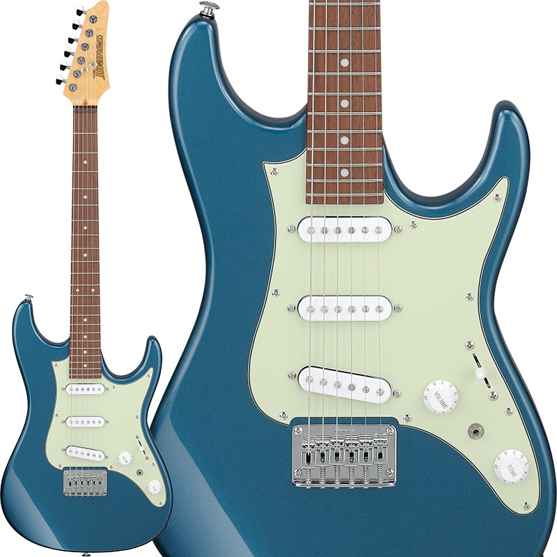楽器種別：新品エレキギター/Ibanez 商品一覧＞＞エレキギター【25，000円〜50，000円】 商品一覧＞＞当店のギターは、出荷前に専門スタッフが検品・調整しているので安心です！Ibanez AZ Essentials AZES31-AOC (Arctic Ocean) [SPOT MODEL]商品説明Ultimate Beginner Guitar AZ Essentials New Color !!ビギナーへ送る、究極の初めての1本・新カラー・モデル！・Maple neckアタック感とサスティンに優れ、明るくはっきりしたサウンドが特長です。強度が高く、多くのギターにネック材として使用されるメジャーな木材です。・Jatoba fretboard赤褐色の木肌と木目を持つ硬質な木材で、ふくよかな中音域が特長です。・Poplar body中高音域が少し出た、フラットでバランスがとれた音響特性を持つ木材です。・Essentials S-S-S pickupsAZESのために開発されたシングルコイルピックアップ EssentialsのS-S-S配列。フラットな音響特性で、どの音域もバランスよく聴こえるように設計。このモデル1本で、どんなジャンルの音楽演奏も楽しめます。・Ibanez machineheads w/ Split-shaftダイキャスト製ハウジングとスプリットシャフトが特長です。ダイキャスト製ハウジングはチューニングをスムースに作動させ、外からのホコリを防ぎます。スプリットシャフトはポスト内部に弦の先端を挿入するタイプで、弦交換を容易に行えます。・F106 bridge w/ Comfort round Steel saddles新たに開発されたComfort round Steel saddlesを搭載し、サドルの高さ調整域がより広くなり、素早くセッティングできます。サドルの高さ調整ネジが突き出にくいため、手を置いて構えた際や弾いている際もストレスなく演奏できます。・dyna-MIX8 switching system with Alter Switchミニスイッチの切り替えひとつで、自在にハムバッカー・モードとシングルコイル・モードへ切り替えられ、8パターンのサウンド・バリエーションを奏でられます。ハムバッカー・モードは、2つのシングルコイル・ピックアップを直列に接続することでハムバッカー・ピックアップサウンドをシミュレートしたモードです。限られた機材で一人何役もこなさなければならない現代のギター・プレイヤー向きのスイッチング・システムです。・25 inch scale (AZES)子供や小柄な方にも演奏し易い25インチのスケール長を採用しています。また、ギタリストとして成長し、次なる1本を選ぶ際に、ロングスケール、ミディアムスケールどちらのギターでも違和感なく弾けます。・Mono-unit output jack樹脂製一体型で、堅牢で破損に強く、プラグ種別での通電差異が少ないです。また、ジャックの緩みによる接触不良や断線を防ぎます。・250mm fretboard radius250mm指板Rは平らすぎず、丸すぎず初心者にとって最適なRと考えます。コードを弾くにも、単音を弾くにもストレスなく押弦できます。・All Access Neck Jointボディとネックとの接合部を球面に仕上げることで、ハイポジションでの弾き易さを追求しました。【Story of the AZES】Ibanezが培ってきたギター創りのAからZまでをつぎ込んだAZシリーズをもとに、これからギターを始めるビギナーへ向けて完成する新たなラインナップが、AZES（AZ Essentials）です。バランスが良く、ジャンルを選ばないサウンドを目指したピックアップ。誰にでもフィットしやすいスケール長や各部のデザイン、カラーリング。調整がカンタンでかつストレス・フリーに操作できるハードウェア。これらギターのエッセンシャルな要素を欠かすことなく追求したAZESは、あなたにとって、ギタリストへの扉を開き、楽しみながら上達するための相棒としてぴったりでしょう。※画像はサンプルです。製品の特性上、杢目、色合は個体ごとに異なります。商品詳細SpecsNeck Type AZES Maple neckBody Poplar bodyFretboard Jatoba fretboard w/White dot inlayFret Medium fretsTuning Machine Ibanez machine heads w/ Split shaftBridge F106 bridge w/ Comfort round Steel saddlesNeck Pickup Essentials (S) neck pickupMiddle Pickup Essentials (S) middle pickupBridge Pickup Essentials (S) bridge pickupControls， Pickup selector 1 Volume， 1 Tone， 5-way lever switchOther Switches dyna-MIX8 switching system w/Alter SwitchHardware Color ChromeString Gauge .010/.013/.017/.026/.036/.046 (D'Addario EXL110)Neck DimensionsScale 635mm/25Width at Nut 42mmWidth at Last Fret 56.4mmThickness at 1st 20.5mmThickness at 12th 22.5mmRadius 250mmRIGB101ケース付属イケベカテゴリ_ギター_エレキギター_Ibanez_新品 JAN:4549763352491 登録日:2024/03/27 エレキギター アイバニーズ イバニーズ
