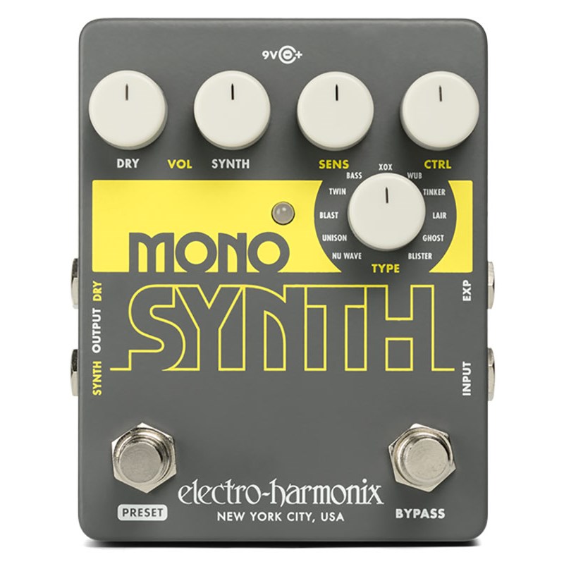 楽器種別：新品Electro Harmonix/新品 商品一覧＞＞エフェクター【15，000円〜30，000円】 商品一覧＞＞ギター用エフェクター/フィルター・シンセ系/ギターシンセ/Electro Harmonix 商品一覧＞＞安心してお買い物頂けるよう、コンパクトもマルチも丁寧梱包でお届けします！Electro Harmonix 【先取り大特価セール】Mono Synth [Guitar Synthesizer] モノ シンセ エレハモ商品説明electro-harmonix Mono Synth はギターサウンドをヴィンテージシンセのエミュレーションから音声を積み重ねた急上昇するリードサウンドなど、11タイプの素晴らしいシンセサウンドに変身させます。Mono Synthは様々な改造や特別なピックアップ、またはMIDIを使用することなく動作するようにデザインされています。使いやすく、コントロールしやすい直感的なレイアウトはクールなサウンドを素早く作り出します。DRYコントロールはSYNTH OUTPUTから出力されるギターのそのままのサウンドのボリュームを調整し、SYNTHコントロールはSYNTH OUTPUTから出力されるシンセサウンドのボリュームをコントロールします。組み合わせて使用することで、適切なミックスが行えます。SENSコントロールは演奏の強弱をトリガーにシンセサイザーサウンドが立ち上がるまでの反応を調整し、使用するベースやプレイスタイルの反応によって微調整できます。CTRLノブは11のシンセタイプそれぞれのキーとなるパラメーターの調整を行います。プリセットによって異なり、サウンドをカスタマイズするための微調整が可能です。また、EXPインプットは全く異なるパラメーターをエクスプレッション・ペダルによりリアルタイムでコントロールが可能です。PRESETフットスイッチでカスタマイズした11タイプのシンセサウンド・プリセットの保存と呼び出しが行えます。ファクトリー・プリセットは常時復元が可能です。Mono Synthは豊かで暖かみのあるサウンドからシャープで突き刺さるようなパーカッシブ・サウンドまで、クールなベースシンセ・コレクションをあなたの指先に提供します。■DRYコントロール： SYNTH OUTPUTから出力される原音のボリュームをコントロールします。■SYNTHコントロール： SYNTH OUTPUTから出力されるシンセサイザーサウンドのボリュームをコントロールします。DRYコントロールと同時に使用することでミックス・コントロールと同じような効果になります。■SENSコントロール： 演奏の強弱をトリガーにシンセサイザーサウンドが立ち上がるまでの反応を調整し、使用するベースやプレイスタイルの反応によって微調整できます。■CTRLノブ： 11のシンセタイプそれぞれのキーとなるパラメーターの調整を行います。効果はプリセットによって異なり、サウンドをカスタマイズするための微調整が可能です。■EXPインプット： 全く異なるパラメーターをエクスプレッション・ペダルによりリアルタイムでコントロールが可能です。■PRESETフットスイッチ： カスタマイズした11タイプのシンセサウンド・プリセットの保存と呼び出しが行えます。ファクトリー・プリセットは常時復元が可能です。・11タイプのモノラル・シンセサウンド・望んだサウンドに素早く調整できる直感的なコントロール・エクスプレッション・ペダルを使用して足元でリアルタイムでコントロール・11タイプのシンセサウンドをカスタマイズ、セーブ、リコールが可能なプリセット機能・専用アダプター（EHX JP9.6DC-200）付属イケベカテゴリ_エフェクター_ギター用エフェクター_フィルター・シンセ系_ギターシンセ_Electro Harmonix_新品 SW_Electro Harmonix_新品 JAN:0683274012131 登録日:2019/03/19 エフェクター コンパクトエフェクター ストンプボックス エレハモ エレクトロハーモニクス エレクトロハーモニックス
