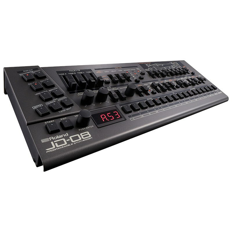 楽器種別：新品Roland/新品 商品一覧＞＞シンセサイザー・電子楽器【30，000円〜70，000円】 商品一覧＞＞シンセサイザー/音源モジュール/Roland 商品一覧＞＞鍵盤楽器買うなら、当店で！専門スタッフが迅速丁寧に対応します！Roland JD-08(SOUND MODULE)商品説明★壮大かつ印象的なコントローラー、サウンド、外観を備え90 年代のシンセサイザー・シーンを席巻したJD-800 をコンパクトな筐体へ凝縮。レトロなワークフロー、革新的なサウンド、パワフルなエフェクトを備えたJD-800 は、90 年代以降のトップ・エレクトロニック・ミュージック・プロデューサーを中心に人気を博しました。JD-08 は、108 種類もの波形と高度なモデリング技術を組み合わせることにより、オリジナルを超える豊かなポリフォニーや2 パートのポリフォニック・シーケンサーをはじめ、現代の使用に最適なアップデートを加え、オリジナルの絶妙なハンズオン・サウンド・デザインを提供します。◎高度なモデリング技術により実現したオリジナルJD-800のサウンドとふるまい◎サウンド・デザインの可能性を広げる108種類もの波形を搭載◎オリジナルJD-800からの64種類のプリセット音色に加えて、21種類の新規プリセット音色を追加◎モーション・レコーディング、ランダム・パターン・ジェネレーター、および128パターンのメモリーを備えた2パート、64ステップ・ポリフォニック・シーケンサー◎アルペジエーター機能◎4パート構造によるトーン・レイヤー◎JD-800独自の2系統マルチ・エフェクト・セクションの再現◎ディストーション、フェイザー、スペクトラム、エンハンサー、ディレイ、コーラス、リバーブを搭載◎パラメータをすばやく調整するためのパレット・スライダー◎USBオーディオ／MIDIインターフェース、フルサイズMIDI I/O、およびEXT CLOCK INを搭載●指先から触発されるサウンド・デザイン90年代初頭、ハンズオン・コントロールによるサウンド・メイクを主体とせずに、プリセット音色主体のデジタル・シンセサイザーが主流となっていました。 JD-800は1991年にその流れを一変させます。巨大なコントロールを搭載したパネルとサウンド・パレットにより、シンセサイザーの世界をサウンド・メイクというそのルーツに立ち返らせました。JD-08は、オリジナルJD-800から64種類のプリセット音色を搭載し、JD-800の複雑で新鋭的なサウンドの中核となる、4トーン構造、108種類の波形、および独自の2系統マルチ・エフェクトを完全に再現しています。●現代のスタイルに向けて拡張されたサウンドJD-08はJD-800のオリジナル・デザインを継承しつつ、その音楽体験を更に高いレベルへと引き上げるための、さまざまな改良が施されています。新規搭載のパッチと256のメモリー機能により、膨大なコントロールを深く掘り下げて新しいサウンドを作成できます。また、オリジナルを超える豊かなポリフォニーと2つのパートからなるマルチ・ティンバーにより、サウンド・メイクのアイデアが一層広がります。●楽曲に躍動感を与えるオンボード・ツールお好みのパッチを決めたら、2パートのポリフォニック・シーケンサーを活用して、リードやベースライン、またはコードなどを入力し、お持ちの他の楽器と同期演奏をさせることができます。また、モーション・レコーディングとアルペジエーターを利用して、サウンドに活き活きとした動きを与えることができます。●外部機器との同期演奏に最適なインターフェースJD-08はUSBオーディオ/ MIDIインターフェースを搭載し、さまざまなDAWや外部機器と同期させた演奏やレコーディングを行うことができます。 フルサイズのMIDI は、他のMIDIハードウェアとのインターフェースにも使用できます。 JD-08のシーケンサーとアルペジエーターをビンテージのアナログ楽器やユーロラック・システムで駆動するためのEXT CLOCK INも搭載しています。●用途に合わせたオプションコンパクトなJD-08は場所を選ばず、マスター・キーボードやDAWから簡単にコントロールできます。 単三電池で長時間動作でき、外出先で便利なサウンド・モニタリング用スピーカーも内蔵しています。洗練された外観を保ち3段階の傾斜角度を設定できるDK-01 Boutique Dockを利用したり、K-25m Keyboard Unitと組合わせてミニマム・サイズのビンテージJD-800として気軽に持ち出して演奏することができます。■仕様◎接続端子：・EXT CLOCK IN端子：モノ・ミニ・タイプ・PHONES端子：ステレオ・ミニ・タイプ・OUTPUT端子：ステレオ・ミニ・タイプ・MIX IN端子：ステレオ・ミニ・タイプ・MIDI（IN、OUT）端子・USB端子：USB Type-C（R）（オーディオ、MIDI対応）◎電源：・ニッケル水素電池（単3形）×4、またはアルカリ電池（単3形）×4・USBバス電源◎消費電流：500mA（USBバス電源◎連続使用時の電池の寿命：・ニッケル水素電池（単3形）：約6時間（容量1，900mAh使用時）※使用状態によって異なります。◎外形寸法：300（幅）×128（奥行）×49（高さ）mm◎質量（電池含む）：840g◎付属品：・クイック・スタート・「安全上のご注意」チラシ・保証書・アルカリ電池（単3形）×4イケベカテゴリ_シンセサイザー・電子楽器_シンセサイザー_音源モジュール_Roland_新品 SW_Roland_新品 JAN:4957054518325 登録日:2021/11/04 シンセサイザー 音源モジュール サウンドモジュール 音源 ローランド ろーらんど