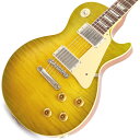 楽器種別：新品エレキギター/Gibson 商品一覧＞＞エレキギター/Gibson/Custom Shop 商品一覧＞＞エレキギター【715，000円〜1，335，000円】 商品一覧＞＞当店のギターは、出荷前に専門スタッフが検品・調整しているので安心です！Gibson 1959 Les Paul Standard Reissue Green Lemon Fade Murphy Lab Light Aged 【Weight≒4.00kg】商品説明2022年にNashville Custom Shop Factoryでハンドセレクトしたトップ材を使用した1本が入荷！セレクト材ならではのリッチな表情とGreen Lemon Fadeフィニッシュによる激渋コンビネーションをぜひご堪能下さい！！長きに亘り培われた高い製作技術と飽くなき探究心、厳選されたマテリアルにより至高のエレキギター・ベースを製作するために1993年に立ち上げられたGibson Custom Shop。現在もなお昔ながらのハンドクラフト製法と、徹底的に追求したヴィンテージの知識から製作されたカスタムショップ・ラインナップは、他所の追従を許さないほどの見事な作りとなり、プレイヤーの内に秘めるインスピレーションを際限なく沸き立たせてくれる最高の愛機となるでしょう。〜Murphy Labとは〜カスタムショップ内に誕生したMurphy Lab（マーフィー・ラボ）は、ナッシュヴィルのギブソン・カスタムショップ内に新設されたラボで、科学的検証に基づく最新の技術を駆使して、ギターのエイジング（ヴィンテージ・ギターの経時変化した外観と弾き心地を再現する処理）を専門に行います。ギブソン・カスタムショップの立ち上げ時のメンバーであり、ヒストリック・コレクション開発のプロジェクト・リーダーとして尽力したトム・マーフィーは、その後新品のギターにヴィンテージのルックスとフィーリングをもたらすエイジングというテクニックで活躍してきました。トムのヴィンテージ・ギターへの情熱と深い知識に裏打ちされた技術によって、ギブソン・ギターの自然なラッカーのクラック、演奏による摩耗を見事に再現しています。トム・マーフィーとギブソンは、経時変化によりウェザーチェックと呼ばれるクラックを生じさせる、1950年代、1960年代のニトロセルロースラッカーを科学的に解析し、その変化のプロセスをひも解き、あらゆるモデルのプロトタイプによるテストを重ねて、ヴィンテージ同様のナチュラル・ウェザーチェックを再現するラッカー・プロセスを開発しました。マーフィー・ラボは、トム・マーフィーがギブソン・カスタムショップのチームを率いて、プロトタイプをもとに、あらゆるボディシェイプ、フィニッシュ、エイジング・レベルの検証を始めたことから、その構想が生まれました。その結果、これまでにないリアリティとこだわりを追求したエイジングを行うために、ギブソン・カスタムショップ内に設立されました。トム・マーフィーの存在と、その芸術的な作品の数々は、ギブソンの歴史の中で重要な役割を果たし、今もそしてこれからもマーフィー・ラボとして永遠に引き継がれていきます。本機は4段階で設けられたエイジング・レベルの中で2番目となる「Light Aged」が施された1959 Les Paul Standard。より高密度なウェザーチェックとライトエイジド・ハードウェアにより、ホームで弾かれてきたギターの経時変化、演奏による摩耗を再現本機の重量4.00kgとレスポールらしい良い塩梅のウェイト！アンプをつなぐ前から生鳴りで楽しませてくれます。1959 Les Paulならではの光の当たり方や角度で変化するボディの杢目と色合いはギブソンのゴールデンエラに作られたオールド独特のルックスとプレイフィールを再現しています。ネックシェイプは「Authentic '59 Medium C-Shape」を採用しており太すぎず細すぎず、現代的なプレイスタイルにも対応できる仕上がりとなっております。ピックアップは近年の定番モデルとなっているCustombucker Alnico IIIを継続して採用。キレのよいバイト感と個体がもたらす豊かなトーンバランスは本機でしか味わえない絶品サウンドをご体感頂けることでしょう。新たに搭載されたバンブルビータイプのペーパーオイルコンデンサーやヴィンテージカーブを追及した500KのCTSポットを装備。通常仕様の500kΩポットに比べてボリュームを絞っても極端に高域が削られず、手元の操作でクリーンサウンドからドライブサウンドまでを自在に操ることができます。10〜6のメモリまでは歪みが維持され、6〜1にかけて滑らかにダウンしていくので、ボリュームコントロールの長さによって表情豊かなプレイを可能にしています。細部にまでヴィンテージに拘りを持ったGibsonが送る最新スペックは、あなたのギターライフをより豊かにしてくれること間違い御座いません！！是非お手にとってご体感ください！！商品詳細■Weight≒4.00kg■S/N: 9 32842【SPEC】Body: Hand Selected 2-Piece Figured Maple Top & 1-Piece Lightweight MahoganyNeck: Solid MahoganyProfile: Authentic ’59 Medium C-ShapeFingerboard: Indian RosewoodFrets: Historic Medium-JumboNut: NylonHardware: Nickel Light AgedBridge: No-Wire ABR-1 & Lightweight Aluminum TailpieceMachinehead: Kluson ReissuePickups: Custombucker Alnico III (Unpotted)Control: 2Volume-2Tone-3way Toggle SWカスタムショップ・ブラウン・ハードケース、認定書他付属イケベカテゴリ_ギター_エレキギター_Gibson_Custom Shop_新品 JAN:4570155998966 登録日:2023/09/29 エレキギター ギブソン カスタムショップ