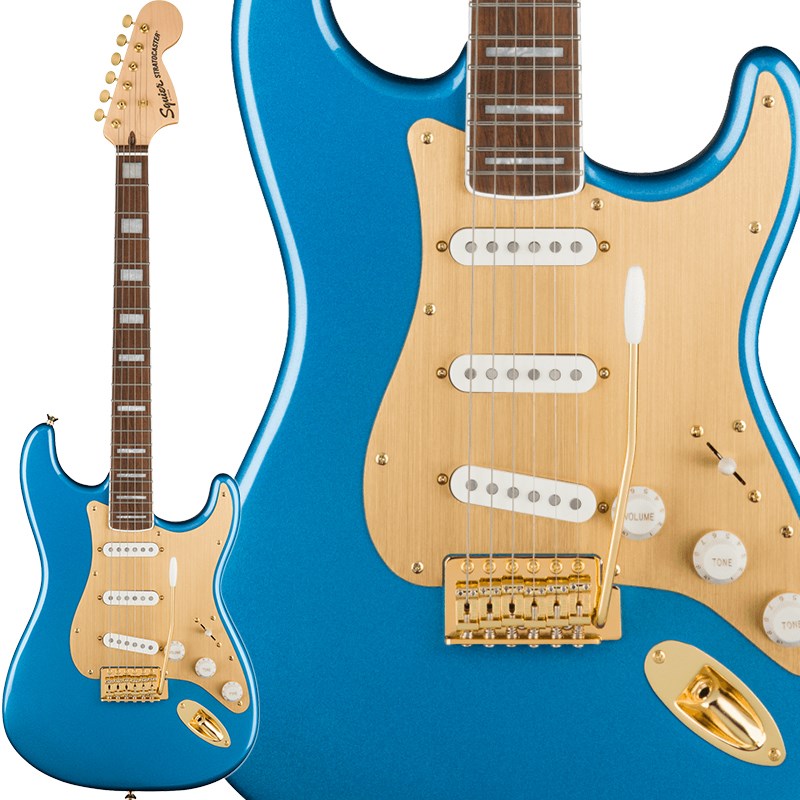 楽器種別：新品エレキギター/Squier by Fender 商品一覧＞＞エレキギター/Squier by Fender/Stratocaster 商品一覧＞＞エレキギター【50，000円〜105，000円】 商品一覧＞＞当店のギターは、出荷前に専門スタッフが検品・調整しているので安心です！Squier by Fender 40th Anniversary Stratocaster Gold Edition (Lake Placid Blue/Laurel Fingerboard)商品説明Squier 40th Anniversary Stratocaster Gold Edition！！普通のギターでは満足できないSquierファンのためのワンクラス上のデザインが目を惹く、スタイリッシュなモデルが登場しました。印象的なゴールドのハードウェア、アノダイズド加工されたアルミピックガード、パーロイドのブロックインレイがあしらわれ、バインディングが施されたインディアンローレル指板や、Anniversary仕様の刻印がされたフロントプレートとグロス仕上げが特徴的なこのストラトキャスターは、ステージ上で一層の輝きを放ちます。どんなプレイヤーでも楽に演奏できるスリムで快適な「C」シェイプネックをはじめ、この記念モデルには洗練されたまさにプレイヤーフレンドリーな仕様が凝縮されています。ヴィンテージスタイルのチューニングマシン、本物のパフォーマンスとスタイルを追究した6サドルのシンクロナイズドトレモロブリッジ、そしておなじみのStratトーンを響かせるアルニコ5マグネットを備えた、フェンダー設計のスプリットシングルコイルピックアップを搭載。数量限定生産となりますので入荷数は極少です。お見逃しなく！！※画像はサンプルです。杢目や色合いは1本ごとに異なります。商品詳細■SPECBody Material：NyatohBody Finish：Gloss PolyurethaneNeck Material：MapleNeck Finish：Gloss UrethaneNeck Shape：C-ShapeScale Length：25.5 (648 mm)Fingerboard Material：Indian LaurelFingerboard Radius：9.5 (241 mm)Number of Frets：21Fret Size：Narrow TallNut Material：BoneNut Width：1.650 (42 mm)Pickup：Fender Designed Alnico Single-CoilControls：Master Volume、Tone 1(Neck/Middle Pickups)、Tone 2(Bridge Pickup)Switching：5-Position BladeBridge：6-Saddle Vintage-Style Synchronized TremoloHardware Finish：Gold-PlatedTuning Machines：Vintage-StylePickguard：1-Ply Gold Anodized AluminumControl Knobs：Aged White PlasticSwitch Tip：Aged WhiteNeck Plate：4-Bolt Squier 40th Anniversaryソフトケース他付属イケベカテゴリ_ギター_エレキギター_Squier by Fender_Stratocaster_新品 JAN:0885978971824 登録日:2022/02/26 エレキギター スクワイヤー スクワイアー フェンダー ストラト ストラトキャスター