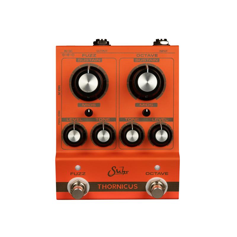 楽器種別：新品Suhr Amps/FUZZ 商品一覧＞＞Suhr Amps/新品 商品一覧＞＞エフェクター【40，000円〜80，000円】 商品一覧＞＞ギター用エフェクター/歪み系/ファズ/Suhr Amps 商品一覧＞＞安心してお買い物頂けるよう、コンパクトもマルチも丁寧梱包でお届けします！Suhr Amps THORNICUS商品説明FUZZ & OCTAVE の独立したコントロールを備えた革新的なデュアルチャンネル・ファズKevin Suhr と Ian Thornley 共同開発によって完成した画期的なファズペダル「Thornicus」は、数年にわたる開発と数え切れないほどの回路の改良を重ね、ヴィンテージのフィーリングを尊重しつつも、ずっと弾いていたくなるようなスムーズさと安定感を兼ね備えています。独立した FUZZ チャンネル（左）と OCTAVE チャンネル（右）を搭載し、それぞれのチャンネルには専用のトーンコントロールを備えています。また、MIDI（PC/CC）メッセージを使用することで、各チャンネルの ON/OFF 状態をコントロールすることが可能です。? 精巧なコラボレーション ?Thornicus Fuzz は、Kevin Suhr と、世界的に有名なミュージシャン Ian Thornley の長年にわたるクリエイティブなパートナーシップから生まれました。トーン、フィーリング、そして音楽的表現への情熱は、数えきれないほどの深夜の回路実験、A/B テスト、そしてブラッシュアップの繰り返しによって紡ぎだされました。2 人のアーティストが互いに刺激し合い、頭の中で鳴り響く音を追い求める化学反応を体現しています。? オクターブ・キャラクター ?オクターブ回路は、Ian Thornley お気に入りの生々しく花開くようなキャラクター、つまりタッチやフレージング、意図に応えて響く、荒削りで予測不能な倍音を奏でます。オクターブトーンは、どのピックアップポジションでも、指板上のどの位置でもプレイに追従し、鈴のような響きからクリエイティブで複雑なサウンドへと変化していきます。? ファズを自在に操る ?各チャンネル（FUZZ / OCTAVE）には専用のトーンコントロールが搭載されており、それぞれのチャンネルのキャラクターを完全にコントロールできます。ファズの基本的な音色を精密に調整した後、オクターブ回路には滑らかで丸みを帯びた音から鋭く攻撃的な音まで、独立したトーン特性を構築できます。これにより、2 つの完全に異なるサウンドを簡単に切り替えることができます。? MIDI で拡張 ?Thornicus Fuzz は、MIDI とシームレスに統合され、シンプルなペダルボードでもフルオートメーションのセッティングでも容易にチャンネル切り替えが可能です。MIDI を多用する現代のプレイヤーのニーズに合わせた、高速で信頼性の高いコントロールを提供します。商品詳細SPECIFICATIONS動作電圧 / 消費電流： 9 VDC / 30 mA （電池使用不可）極性 ? センターマイナス内径 ? 2.1 mm / 外径 ? 5.5 mm入力インピーダンス： Fuzz Channel (Left) ? ~ 30 KΩOctave Channel (Right) ? ~ 450 KΩ出力インピーダンス： ~ 236 Ωバイパス方式： リレー式トゥルーバイパス寸法： 約 11.4 cm（幅） × 約 13.5 cm（奥行） × 約 6.0 cm（高さ）重量： 約 544 gイケベカテゴリ_エフェクター_ギター用エフェクター_歪み系_ファズ_Suhr Amps_FUZZ_新品 SW_Suhr Amps_新品 JAN:4571220048470 登録日:2026/03/16 エフェクター コンパクトエフェクター ストンプボックス サー Shur