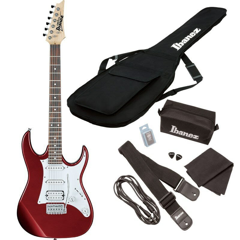 楽器種別：新品エレキギター/Ibanez 商品一覧＞＞エレキギター【15，000円〜30，000円】 商品一覧＞＞当店のギターは、出荷前に専門スタッフが検品・調整しているので安心です！Ibanez GRX40 CA w/7点セット商品説明GIO Ibanez series最初の一本を選ぶ際は、特に気をつけたい。なぜならその一本がきみのプレイヤーとしての運命を決定付けてしまうかもしれないからだ。私たちIbanezは、世界のトップ・ミュージシャンたちとの交流の中で培ってきたノウハウを基に、抜群の弾きやすさと多彩なサウンドをここに紹介するGIO Ibanezラインナップに注ぎ込んだ。ステージを目指すかどうかはきみ次第。でも、きみをステージに最速で導くのはGIO Ibanez。GRX40Aは、白-黒-白ピックガードにS-S-Hピックアップ、シンクロナイズド・タイプ・トレモロを搭載した、エレキ・ギターのもうひとつの顔となるスタンダード・モデル。※画像はサンプルになります。商品詳細Neck: Maple neckFingerboard: JatobaBody: poplarBridge: T106PU Configuration: S-S-H■COLORS：・CA (Candy Apple)【初心者も安心！7点セット付き！】ソフトケース、ギターチューナー、シールドコード、ピック、クロス、ストラップ、ポーチ※付属アクセサリー・キットに含まれる個別製品の仕様につきましては、予告なく画像のものから変更となる場合がございます。あらかじめご了承ください。イケベカテゴリ_ギター_エレキギター_Ibanez_新品 JAN:4515110159204 登録日:2023/08/09 エレキギター アイバニーズ イバニーズ
