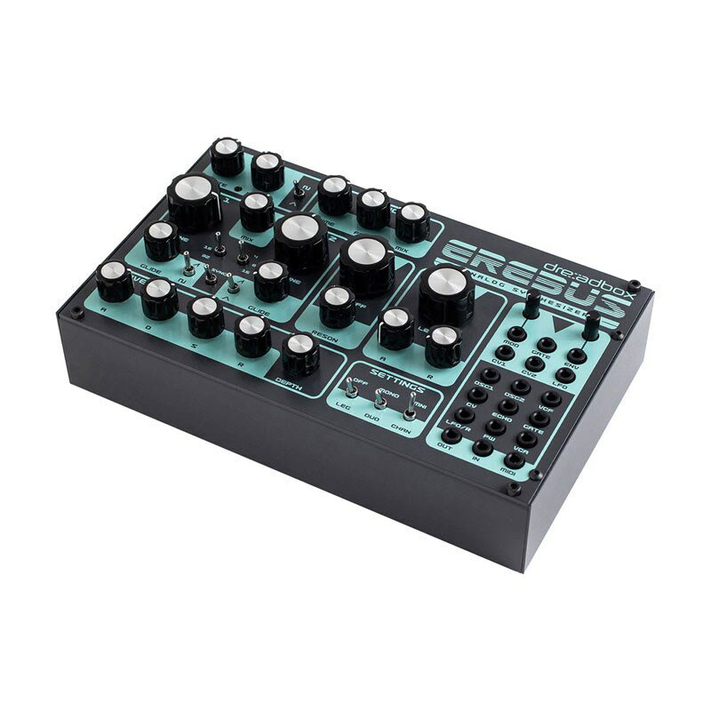 楽器種別：新品DREADBOX/新品 商品一覧＞＞シンセサイザー・電子楽器【45，000円〜95，000円】 商品一覧＞＞シンセサイザー/アナログ系シンセ/DREADBOX 商品一覧＞＞鍵盤楽器買うなら、当店で！専門スタッフが迅速丁寧に対応します！DREADBOX Erebus Reissue（エレバス・リイシュー）商品説明Erebus Reissue（エレバス・リイシュー）は、クラシックなアナログ・シンセシスとローファイなエコーで幻想的なサウンドを作り出す、セミモジュラー・アナログ・パラフォニック・シンセサイザーです。Erebus V1の回路設計を引き継ぎ、これまで以上に暖かくキレのあるサウンドに進化して復活を遂げました。MIDI キーボードを接続すればすぐに演奏を始めることができ、2基のオシレーターを重ねて発音するモノフォニック演奏はもちろん、パラフォニック演奏に切り替えて2音のハーモニーを奏でることも可能です。また18箇所のパッチポイントが用意されているので、CV/Gate 出力を備えたシーケンサーやモジュラー・シンセサイザーを使用して Erebus を演奏することもできます。デュアル・オシレーター、エッジの効いたローパス・フィルター、サウンドに動きを与えるローファイな質感のエコー・エフェクトで、あらゆるバリエーションのサウンドを提供します。Features暖かみのあるアナログ・サウンドとローファイなエコー・エフェクトオシレーター・セクションには、2基のアナログ・オシレーターを備えています。ピッチや波形、グライドの量をそれぞれ個別に設定することができ、オシレーターシンク機能も搭載しています。フィルターには Dreadbox 独自の2ポール12dB/Oct ローパス・フィルターを採用。Reissue で再調整された ADSR エンベロープで、よりキレのあるサウンドを作成可能です。また Erebus は、オールアナログ・シグナルパスのエコー・エフェクトを内蔵しています。MIX ノブでエフェクト音のミックス量を調整することができます。フィードバックを最大に設定すると自己発振が始まり、フィードバック・ノイズを発生させます。LFO でディレイ・タイムを変調してコーラス効果やテープ・エコーのような効果を再現することも可能です。音作りの可能性を広げる18箇所のパッチポイントErebus には、マスター出力とモノラル外部入力、MIDI 入力を含む18箇所のパッチポイントが用意されています。これにより、エンベロープや LFO、MIDI キーボードのモジュレーション・ホイールで、ピッチやフィルターのカットオフをコントロールすることができます。また、Erebus をケースから取り外して、ユーロラック・フォーマットのモジュラー・システムに組み込むこともでき、パッチポイントを最大限に活用することが可能です。商品詳細ウォームなサウンドのデュアル・オシレーター自己発振可能な2ポール・ローパス・フィルターキレのあるエンベロープ・ジェネレーターサウンドに広がりを与えるローファイなエコーCV 出力：ADSR エンベロープ、LFO、Mod Wheel、Gate、CV1、CV2CV 入力：Osc1、Osc2、Echo、カットオフ、CV、Gate、LFO レート、PW、VCA接続USB 給電 (1.5W)20，000 mA のポータブル・バッテリーで約50時間駆動可能DIN MIDI - Mini TRS アダプタを使用して MIDI キーボードを接続モノラル TS ジャック出力イケベカテゴリ_シンセサイザー・電子楽器_シンセサイザー_アナログ系シンセ_DREADBOX_新品 SW_DREADBOX_新品 JAN:4580646113419 登録日:2024/03/12 ドレッドボックス