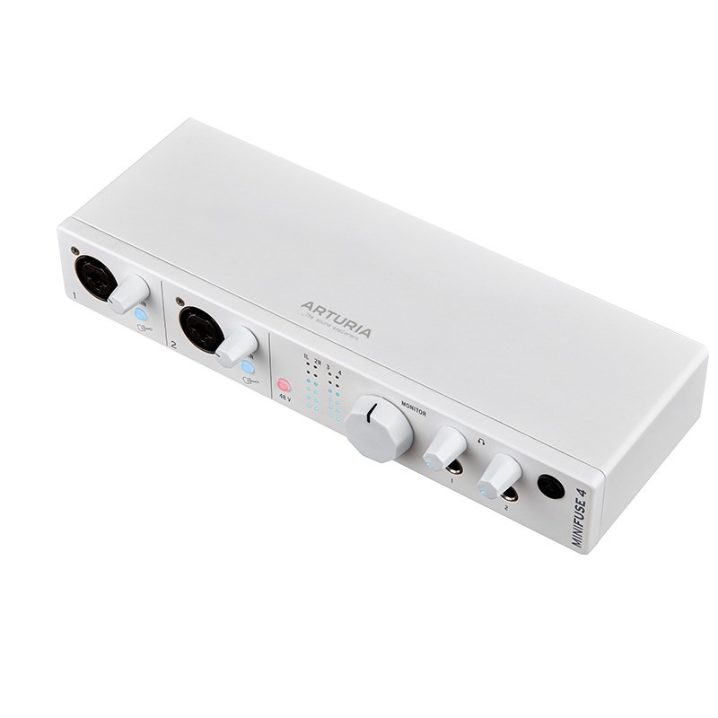 楽器種別：新品Arturia/新品 商品一覧＞＞DTM【20，000円〜45，000円】 商品一覧＞＞オーディオインターフェイス/USB/Arturia 商品一覧＞＞DTM（DAWソフト/オーディオインターフェイス等）関連機器担当部門 パワーレックは専門スタッフに気軽に相談できる渋谷発のDTM専門フロアです。Arturia MINIFUSE 4 WHITE商品説明★多彩な接続で高音質のオーディオ＆MIDIレコーディングが行えるプロデューサー向けのオーディオ・インターフェース■主な特長・高品位なローノイズ・プリアンプとダイナミックマイクにも十分なパワー（入力換算ノイズ-129dB、ダイナミックレンジ110dB）・レイテンシーのないモニタリングが可能なダイレクト・モニタリング機能・ループバック機能搭載・L/Rのボリュームを視覚的に表示するインジケーター・頑丈な金属製のボディ・USBバスパワー電源とUSBハブを備え、どこでも制作・録音が可能・DAW、エフェクト、サンプルなど、充実のソフトウェア・バンドル・MIDI端子を装備・個別にボリューム・コントロール可能なヘッドホン出力端子を2個搭載・ブラック、ホワイトの2カラー■厳選されたソフトウェアを多数バンドル●Ableton Live LiteAbleton 製 DAW。豊富なオーディオ編集機能で作曲、録音、演奏、制作をサポート。●Arturia Analog Lab Intro80 年代のビンテージシンセからファットなモダンサウンドまで、500ものプリセットを内蔵しています。●Arturia FXレコーディングスタジオの定番エフェクトを再現した4つのプレミアムFXプラグイン。・Pre 1973…歪み感がリアルなアナログプリアンプ。1970年代に多くのスタジオで採用された1073プリアンプを再現。・Rev PLATE-140…濃密なプレートリバーブ。明るく甘い倍音が特徴的な世界初のプレートリバーブ、EMTR?140を再現。・Delay TAPE-201…定番のテープエコー。Space Echoとして知られるRE-201をTAER?モデリング技術で再現。・Chorus JUN-6…リッチなステレオコーラス。Juno-6の温かみのある音の広がりを、シンプルな操作で再現。●Native Instruments GUITAR RIG 6 LEアンプ、キャビネット、ディレイ、リバーブ、エフェクター、コンプレッサーの刺激的なセレクションで、自分だけのシグナルチェーンを作り込んで、完璧なギタートーンをカスタマイズできます。●Auto-Tune Unlimited（3か月間の無料サブスクリプション）業界で人気の高いボイスチューニング・プラグイン。ボーカルパートのハーモニー調整やトラップスタイルのオートチューンサウンドを。●Splice Creator Plan（3か月間の無料サブスクリプション）ローファイなドラムループからパンチのあるワンショットボーカルまで、高品位なロイヤリティフリーの膨大なサンプルに加え、シンセサウンドやSpliceスキルのチュートリアルなどにもアクセス可能。■仕様・最大サンプルレート…192kHz・最大ビットレート…24bit・入力ダイナミックレンジ…110dB・入力数（フロント）…2（いずれもコンポジット端子、Hi-Z対応、ファンタム電源（+48V）対応）・入力数（リア）…2×1/4jack・出力数（1/4TRS）…4・ダイレクトモニター…◯・ヘッドフォン出力…2（独立レベル）・MIDI IN/OUT…◯・USBハブ…2・インターフェース…USB2.0 Type-C・USB2.0バスパワー…◯・電源アダプター…◯・ループバック機能…◯・本体寸法／重量…250 x 85 x 43 mm ／ 570g・個装箱寸法／個装箱重量…265 x 188 x 49 mm ／ 905g#オーディオインターフェース#オーディオインターフェイスイケベカテゴリ_DTM_オーディオインターフェイス_USB_Arturia_新品 SW_Arturia_新品 JAN:4959112239272 登録日:2022/11/26 インターフェイス インターフェース オーディオインターフェース オーディオインターフェイス サウンドカード アートリア アートゥリア